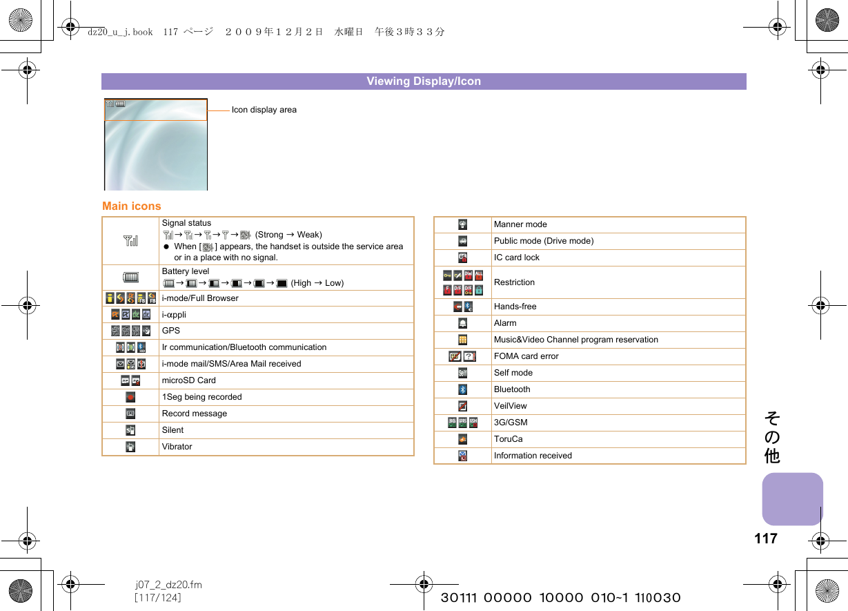 117j07_2_dz20.fm[117/124] ~~~~~~~~~~~~~~~~~~~~~~~~~その他Main iconsViewing Display/IconIcon display areaSignal statusbbbb  (Strong b Weak) When [ ] appears, the handset is outside the service area or in a place with no signal. Battery levelbbbbb (High b Low)i-mode/Full Browseri-appliGPSIr communication/Bluetooth communicationi-mode mail/SMS/Area Mail receivedmicroSD Card1Seg being recordedRecord messageSilentVibratorManner modePublic mode (Drive mode)IC card lockRestrictionHands-freeAlarmMusic&amp;Video Channel program reservationFOMA card errorSelf modeBluetoothVeilView3G/GSMToruCaInformation receiveddz20_u_j.book  117 ページ  ２００９年１２月２日　水曜日　午後３時３３分