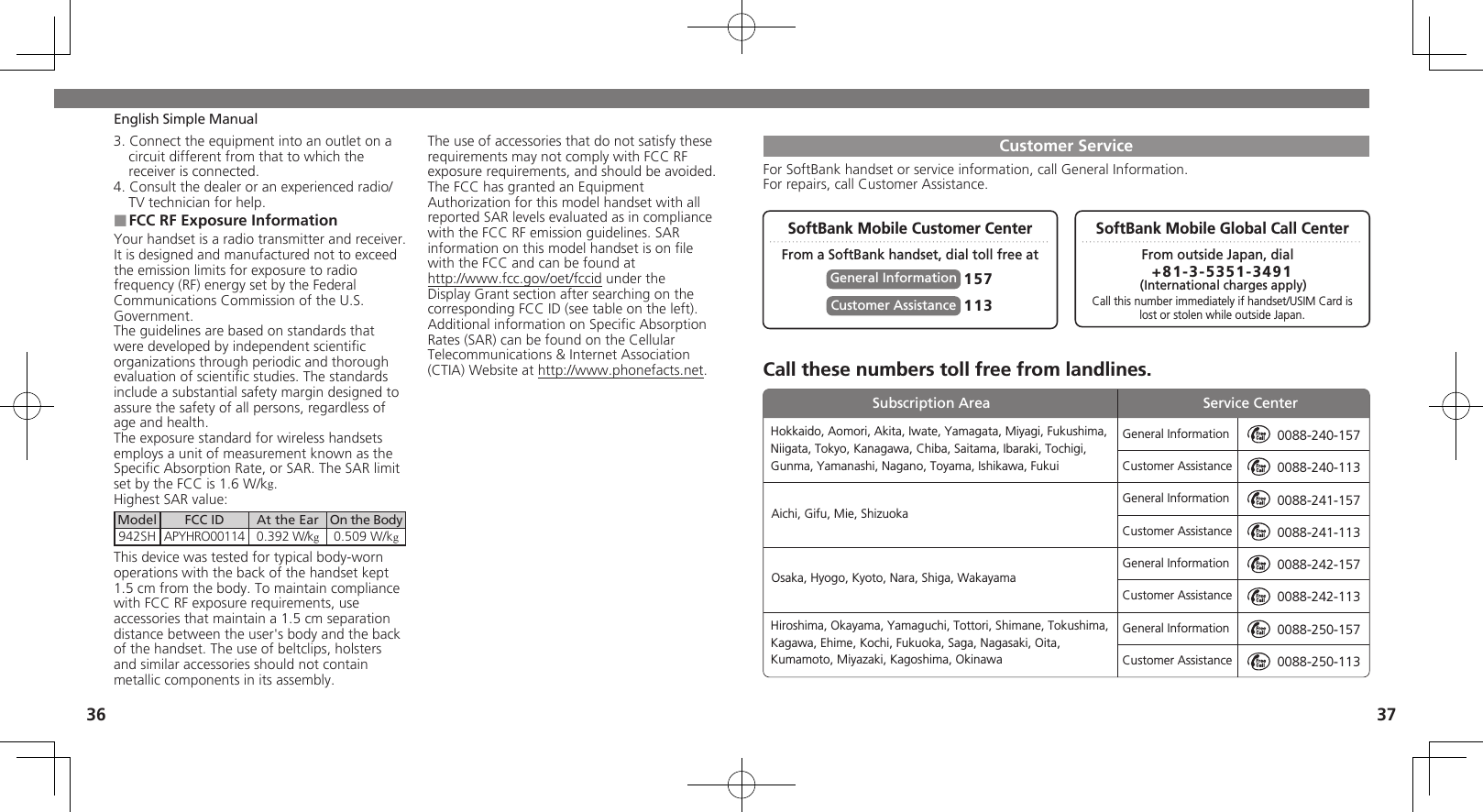 36 37English Simple Manual3. Connect the equipment into an outlet on a circuit different from that to which the receiver is connected.4. Consult the dealer or an experienced radio/TV technician for help.FCC RF Exposure Information ■Your handset is a radio transmitter and receiver.It is designed and manufactured not to exceed the emission limits for exposure to radio frequency (RF) energy set by the Federal Communications Commission of the U.S. Government.The guidelines are based on standards that were developed by independent scientiﬁc organizations through periodic and thorough evaluation of scientiﬁc studies. The standards include a substantial safety margin designed to assure the safety of all persons, regardless of age and health.The exposure standard for wireless handsets employs a unit of measurement known as the Speciﬁc Absorption Rate, or SAR. The SAR limit set by the FCC is 1.6 W/kg.Highest SAR value:Model FCC ID At the Ear On the Body942SH APYHRO00114 0.392 W/kg0.509 W/kgThis device was tested for typical body-worn operations with the back of the handset kept 1.5 cm from the body. To maintain compliance with FCC RF exposure requirements, use accessories that maintain a 1.5 cm separation distance between the user&apos;s body and the back of the handset. The use of beltclips, holsters and similar accessories should not contain metallic components in its assembly.The use of accessories that do not satisfy these requirements may not comply with FCC RF exposure requirements, and should be avoided.The FCC has granted an Equipment Authorization for this model handset with all reported SAR levels evaluated as in compliance with the FCC RF emission guidelines. SAR information on this model handset is on ﬁle with the FCC and can be found at  http://www.fcc.gov/oet/fccid under the Display Grant section after searching on the corresponding FCC ID (see table on the left).Additional information on Speciﬁc Absorption Rates (SAR) can be found on the Cellular Telecommunications &amp; Internet Association (CTIA) Website at http://www.phonefacts.net.Customer ServiceFor SoftBank handset or service information, call General Information. For repairs, call Customer Assistance.SoftBank Mobile Global Call CenterCall these numbers toll free from landlines.SoftBank Mobile Customer CenterFrom a SoftBank handset, dial toll free at From outside Japan, dialCall this number immediately if handset/USIM Card islost or stolen while outside Japan.157General Information +81-3-5351-3491 (International charges apply)113Customer AssistanceGeneral InformationCustomer AssistanceGeneral InformationCustomer AssistanceGeneral InformationCustomer AssistanceGeneral InformationCustomer Assistance0088-240-1570088-240-1130088-241-1570088-241-1130088-242-1570088-242-1130088-250-1570088-250-113Hokkaido, Aomori, Akita, Iwate, Yamagata, Miyagi, Fukushima, Niigata, Tokyo, Kanagawa, Chiba, Saitama, Ibaraki, Tochigi, Gunma, Yamanashi, Nagano, Toyama, Ishikawa, FukuiHiroshima, Okayama, Yamaguchi, Tottori, Shimane, Tokushima, Kagawa, Ehime, Kochi, Fukuoka, Saga, Nagasaki, Oita, Kumamoto, Miyazaki, Kagoshima, OkinawaAichi, Gifu, Mie, ShizuokaOsaka, Hyogo, Kyoto, Nara, Shiga, WakayamaSubscription Area Service Center