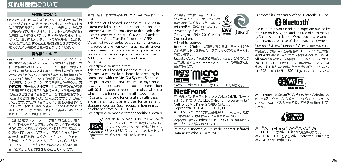 24 25知的財産権について肖像権について他人から無断で写真を撮られたり、撮られた写真を無 .断で公表されたり、利用されたりすることがないように主張できる権利が肖像権です。肖像権には、誰にでも認められている人格権と、タレントなど経済的利益に着目した財産権（パブリシティ権）があります。したがって、勝手に他人やタレントの写真を撮って公開したり、配布したりすることは違法行為となりますので、適切なカメラ機能のご使用を心がけてください。著作権について音楽、映像、コンピュータ・プログラム、データベース .などは著作権法により、その著作物および著作権者の権利が保護されています。こうした著作物を複製することは、個人的にまたは家庭内で使用する目的でのみ行うことができます。この目的を超えて、権利者の了解なくこれを複製（データ形式の変換を含む）、改変、複製物の譲渡、ネットワーク上での配信などを行うと、「著作権侵害」「著作者人格権侵害」として損害賠償の請求や刑事処罰を受けることがあります。本製品を使用して複製などをなされる場合には、著作権法を遵守のうえ、適切なご使用を心がけていただきますよう、お願いいたします。また、本製品にはカメラ機能が搭載されていますが、本カメラ機能を使用して記録したものにつきましても、上記と同様の適切なご使用を心がけていただきますよう、お願いいたします。本機に搭載のソフトウェアは著作物であり、著作権、著作者人格権などをはじめとする著作者等の権利が含まれており、これらの権利は著作権法により保護されています。ソフトウェアの全部または一部を複製、修正あるいは改変したり、ハードウェアから分離したり、逆アセンブル、逆コンパイル、リバースエンジニアリング等は行わないでください。第三者にこのような行為をさせることも同様です。動画の撮影／再生の技術には「MPEG-4」が使われています。This product is licensed under the MPEG-4 Visual Patent Portfolio License for the personal and non-commercial use of a consumer to (i) encode video in compliance with the MPEG-4 Video Standard (&quot;MPEG-4 Video&quot;) and/or (ii) decode MPEG-4 Video that was encoded by a consumer engaged in a personal and non-commercial activity and/or was obtained from a licensed video provider. No license is granted or implied for any other use. Additional information may be obtained from MPEG LA. See http://www.mpegla.com.This product is licensed under the MPEG-4 Systems Patent Portfolio License for encoding in compliance with the MPEG-4 Systems Standard, except that an additional license and payment of royalties are necessary for encoding in connection with (i) data stored or replicated in physical media which is paid for on a title by title basis and/or (ii) data which is paid for on a title by title basis and is transmitted to an end user for permanent storage and/or use. Such additional license may be obtained from MPEG LA, LLC. See http://www.mpegla.com for additional details.本機は、RSA Security Inc.のRSA® BSAFE™ソフトウェアを搭載しています。RSAはRSA Security Inc.の登録商標です。BSAFEはRSA Security Inc.の米国およびその他の国における登録商標です。この製品では、株式会社アプリックスがJava™アプリケーションの実行速度が速くなるように設計したJBlend™が搭載されています。Powered by JBlend™. Copyright 1997-2010 Aplix Corporation. All rights reserved.JBlendおよびJBlendに関連する商標は、日本およびその他の国における株式会社アプリックスの商標または登録商標です。JavaおよびJavaに関連する商標は、米国およびその他の国における米国Sun Microsystems, Inc.の商標または登録商標です。microSD, microSDHCロゴはSD-3C, LLCの商標です。本製品はインターネットブラウザおよびSMILプレーヤとして、株式会社ACCESSのNetFront BrowserおよびNetFront SMIL Playerを搭載しています。Copyright© 2010 ACCESS CO., LTD.　ACCESS、NetFrontは株式会社ACCESSの日本またはその他の国における商標または登録商標です。本製品の一部分にIndependent JPEG Groupが開発したモジュールが含まれています。IrSimple™、IrSS™およびIrSimpleShot™は、Infrared Data Association®の商標です。Bluetooth® is a trademark of the Bluetooth SIG, Inc.The Bluetooth word mark and logos are owned by the Bluetooth SIG, Inc. and any use of such marks by Sharp is under license. Other trademarks and trade names are those of their respective owners.Bluetooth®は、米国Bluetooth SIG,Inc.の登録商標です。本製品は、無線LAN標準規格のIEEE802.11に基づき、無線LAN機器の相互接続性を保証するためにWi-Fi Alliance®が定めている認証テストをパスしており、「Wi-Fi CERTIFIED™」という認定が与えられています。Wi-Fiロゴがついた製品と相互接続が保証されます。IEEE802.11bおよびIEEE802.11gに対応しております。Wi-Fi Protected Setup™（WPS）で、無線LANの接続設定内容（SSIDや認証方式、暗号キーなど）をプッシュボタン方式、PINコード入力方式で設定できる機能を有しています。Wi-Fi®、Wi-Fi Alliance®、WPA®、WPA2®、Wi-Fi CERTIFIEDロゴはWi-Fi Allianceの登録商標です。Wi-Fi CERTIFIED™およびWi-Fi Protected Setup™はWi-Fi Allianceの商標です。