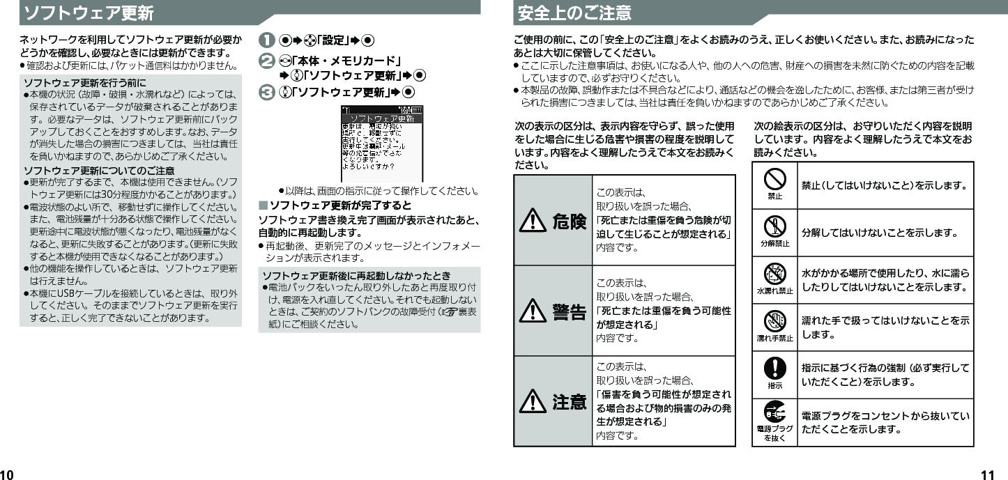 10 11ソフトウェア更新ネットワークを利用してソフトウェア更新が必要かどうかを確認し、必要なときには更新ができます。確認および更新には、パケット通信料はかかりません。 .ソフトウェア更新を行う前に本機の状況（故障・破損・水濡れなど）によっては、 .保存されているデータが破棄されることがあります。必要なデータは、ソフトウェア更新前にバックアップしておくことをおすすめします。なお、データが消失した場合の損害につきましては、当社は責任を負いかねますので、あらかじめご了承ください。ソフトウェア更新についてのご注意更新が完了するまで、本機は使用できません。（ソフ .トウェア更新には30分程度かかることがあります。）電波状態のよい所で、移動せずに操作してください。 .また、電池残量が十分ある状態で操作してください。更新途中に電波状態が悪くなったり、電池残量がなくなると、更新に失敗することがあります。（更新に失敗すると本機が使用できなくなることがあります。）他の機能を操作しているときは、ソフトウェア更新 .は行えません。本機にUSBケーブルを接続しているときは、取り外 .してください。そのままでソフトウェア更新を実行すると、正しく完了できないことがあります。 1 %Sg「設定」S% 2 f「本体・メモリカード」   Se「ソフトウェア更新」S% 3 e「ソフトウェア更新」S%以降は、画面の指示に従って操作してください。 .ソフトウェア更新が完了すると ■ソフトウェア書き換え完了画面が表示されたあと、自動的に再起動します。再起動後、更新完了のメッセージとインフォメー .ションが表示されます。ソフトウェア更新後に再起動しなかったとき電池パックをいったん取り外したあと再度取り付 .け、電源を入れ直してください。それでも起動しないときは、ご契約のソフトバンクの故障受付（A裏表紙）にご相談ください。安全上のご注意次の表示の区分は、表示内容を守らず、誤った使用をした場合に生じる危害や損害の程度を説明しています。内容をよく理解したうえで本文をお読みください。 危険この表示は、取り扱いを誤った場合、「死亡または重傷を負う危険が切迫して生じることが想定される」 内容です。 警告この表示は、取り扱いを誤った場合、「死亡または重傷を負う可能性が想定される」内容です。 注意この表示は、取り扱いを誤った場合、「傷害を負う可能性が想定される場合および物的損害のみの発生が想定される」内容です。次の絵表示の区分は、お守りいただく内容を説明しています。内容をよく理解したうえで本文をお読みください。4禁止（してはいけないこと）を示します。5分解してはいけないことを示します。6水がかかる場所で使用したり、水に濡らしたりしてはいけないことを示します。7濡れた手で扱ってはいけないことを示します。8指示に基づく行為の強制（必ず実行していただくこと）を示します。9電源プラグをコンセントから抜いていただくことを示します。ご使用の前に、この「安全上のご注意」をよくお読みのうえ、正しくお使いください。また、お読みになったあとは大切に保管してください。ここに示した注意事項は、お使いになる人や、他の人への危害、財産への損害を未然に防ぐための内容を記載 .していますので、必ずお守りください。本製品の故障、誤動作または不具合などにより、通話などの機会を逸したために、お客様、または第三者が受け .られた損害につきましては、当社は責任を負いかねますのであらかじめご了承ください。