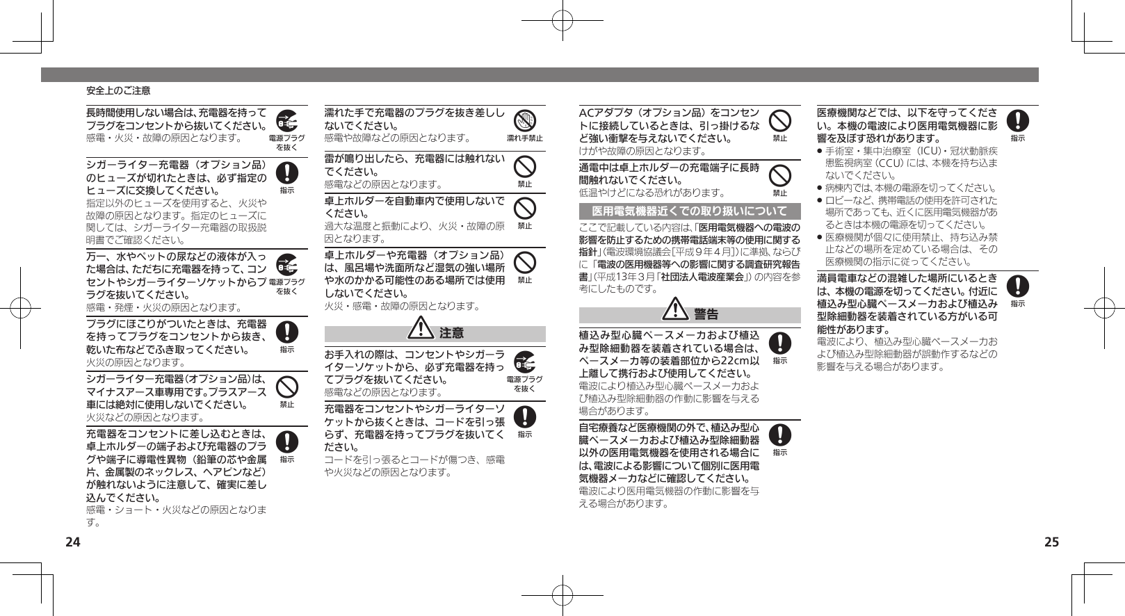 24 25安全上のご注意ACアダプタ（オプション品）をコンセントに接続しているときは、引っ掛けるなど強い衝撃を与えないでください。けがや故障の原因となります。通電中は卓上ホルダーの充電端子に長時間触れないでください。低温やけどになる恐れがあります。医用電気機器近くでの取り扱いについてここで記載している内容は、「医用電気機器への電波の影響を防止するための携帯電話端末等の使用に関する指針」（電波環境協議会［平成９年４月］）に準拠、ならびに「電波の医用機器等への影響に関する調査研究報告書」（平成13年３月「社団法人電波産業会」）の内容を参考にしたものです。 警告植込み型心臓ペースメーカおよび植込み型除細動器を装着されている場合は、ペースメーカ等の装着部位から22cm以上離して携行および使用してください。電波により植込み型心臓ペースメーカおよび植込み型除細動器の作動に影響を与える場合があります。自宅療養など医療機関の外で、植込み型心臓ペースメーカおよび植込み型除細動器以外の医用電気機器を使用される場合には、電波による影響について個別に医用電気機器メーカなどに確認してください。電波により医用電気機器の作動に影響を与える場合があります。医療機関などでは、以下を守ってください。本機の電波により医用電気機器に影響を及ぼす恐れがあります。手術室・集中治療室（ICU）・冠状動脈疾 .患監視病室（CCU）には、本機を持ち込まないでください。病棟内では、本機の電源を切ってください。 .ロビーなど、携帯電話の使用を許可された .場所であっても、近くに医用電気機器があるときは本機の電源を切ってください。医療機関が個々に使用禁止、持ち込み禁 .止などの場所を定めている場合は、その医療機関の指示に従ってください。満員電車などの混雑した場所にいるときは、本機の電源を切ってください。付近に植込み型心臓ペースメーカおよび植込み型除細動器を装着されている方がいる可能性があります。電波により、植込み型心臓ペースメーカおよび植込み型除細動器が誤動作するなどの影響を与える場合があります。448888長時間使用しない場合は、充電器を持ってプラグをコンセントから抜いてください。感電・火災・故障の原因となります。シガーライター充電器（オプション品）のヒューズが切れたときは、必ず指定のヒューズに交換してください。指定以外のヒューズを使用すると、火災や故障の原因となります。指定のヒューズに関しては、シガーライター充電器の取扱説明書でご確認ください。万一、水やペットの尿などの液体が入った場合は、ただちに充電器を持って、コンセントやシガーライターソケットからプラグを抜いてください。感電・発煙・火災の原因となります。プラグにほこりがついたときは、充電器を持ってプラグをコンセントから抜き、乾いた布などでふき取ってください。火災の原因となります。シガーライター充電器（オプション品）は、マイナスアース車専用です。プラスアース車には絶対に使用しないでください。火災などの原因となります。充電器をコンセントに差し込むときは、卓上ホルダーの端子および充電器のプラグや端子に導電性異物（鉛筆の芯や金属片、金属製のネックレス、ヘアピンなど）が触れないように注意して、確実に差し込んでください。感電・ショート・火災などの原因となります。濡れた手で充電器のプラグを抜き差ししないでください。感電や故障などの原因となります。雷が鳴り出したら、充電器には触れないでください。感電などの原因となります。卓上ホルダーを自動車内で使用しないでください。過大な温度と振動により、火災・故障の原因となります。卓上ホルダーや充電器（オプション品）は、風呂場や洗面所など湿気の強い場所や水のかかる可能性のある場所では使用しないでください。火災・感電・故障の原因となります。 注意お手入れの際は、コンセントやシガーライターソケットから、必ず充電器を持ってプラグを抜いてください。感電などの原因となります。充電器をコンセントやシガーライターソケットから抜くときは、コードを引っ張らず、充電器を持ってプラグを抜いてください。コードを引っ張るとコードが傷つき、感電や火災などの原因となります。989848744498