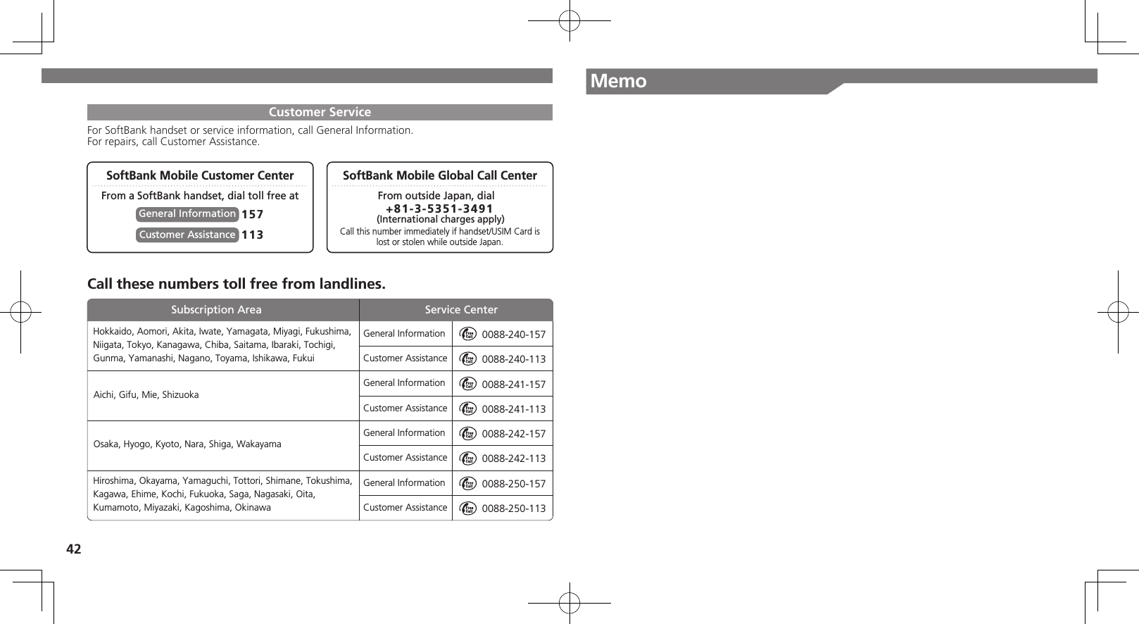 42MemoCustomer ServiceFor SoftBank handset or service information, call General Information. For repairs, call Customer Assistance.SoftBank Mobile Global Call CenterCall these numbers toll free from landlines.SoftBank Mobile Customer CenterFrom a SoftBank handset, dial toll free at From outside Japan, dialCall this number immediately if handset/USIM Card islost or stolen while outside Japan.157General Information +81-3-5351-3491 (International charges apply)113Customer AssistanceGeneral InformationCustomer AssistanceGeneral InformationCustomer AssistanceGeneral InformationCustomer AssistanceGeneral InformationCustomer Assistance0088-240-1570088-240-1130088-241-1570088-241-1130088-242-1570088-242-1130088-250-1570088-250-113Hokkaido, Aomori, Akita, Iwate, Yamagata, Miyagi, Fukushima, Niigata, Tokyo, Kanagawa, Chiba, Saitama, Ibaraki, Tochigi, Gunma, Yamanashi, Nagano, Toyama, Ishikawa, FukuiHiroshima, Okayama, Yamaguchi, Tottori, Shimane, Tokushima, Kagawa, Ehime, Kochi, Fukuoka, Saga, Nagasaki, Oita, Kumamoto, Miyazaki, Kagoshima, OkinawaAichi, Gifu, Mie, ShizuokaOsaka, Hyogo, Kyoto, Nara, Shiga, WakayamaSubscription Area Service Center