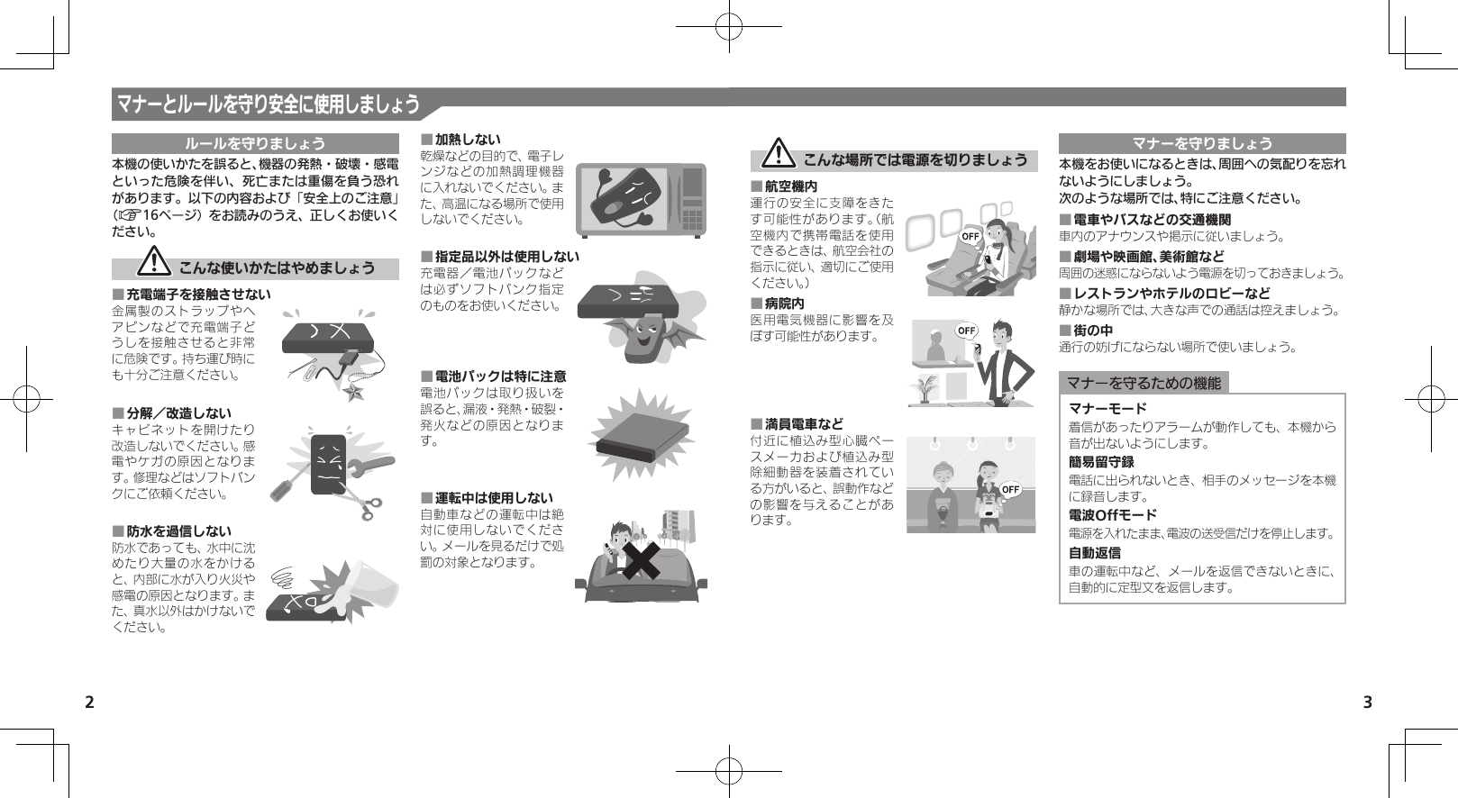 2 3マナーとルールを守り安全に使用しましょうルールを守りましょう本機の使いかたを誤ると、機器の発熱・破壊・感電といった危険を伴い、死亡または重傷を負う恐れがあります。以下の内容および「安全上のご注意」（A16ページ）をお読みのうえ、正しくお使いください。 こんな使いかたはやめましょう充電端子を接触させない ■金属製のストラップやヘアピンなどで充電端子どうしを接触させると非常に危険です。持ち運び時にも十分ご注意ください。分解／改造しない ■キャビネットを開けたり改造しないでください。感電やケガの原因となります。修理などはソフトバンクにご依頼ください。防水を過信しない ■防水であっても、水中に沈めたり大量の水をかけると、内部に水が入り火災や感電の原因となります。また、真水以外はかけないでください。加熱しない ■乾燥などの目的で、電子レンジなどの加熱調理機器に入れないでください。また、高温になる場所で使用しないでください。指定品以外は使用しない ■充電器／電池パックなどは必ずソフトバンク指定のものをお使いください。電池パックは特に注意 ■電池パックは取り扱いを誤ると、漏液・発熱・破裂・発火などの原因となります。運転中は使用しない ■自動車などの運転中は絶対に使用しないでください。メールを見るだけで処罰の対象となります。 こんな場所では電源を切りましょう航空機内 ■運行の安全に支障をきたす可能性があります。（航空機内で携帯電話を使用できるときは、航空会社の指示に従い、適切にご使用ください。）病院内 ■医用電気機器に影響を及ぼす可能性があります。満員電車など ■付近に植込み型心臓ペースメーカおよび植込み型除細動器を装着されている方がいると、誤動作などの影響を与えることがあります。マナーを守りましょう本機をお使いになるときは、周囲への気配りを忘れないようにしましょう。次のような場所では、特にご注意ください。電車やバスなどの交通機関 ■車内のアナウンスや掲示に従いましょう。劇場や映画館、美術館など ■周囲の迷惑にならないよう電源を切っておきましょう。レストランやホテルのロビーなど ■静かな場所では、大きな声での通話は控えましょう。街の中 ■通行の妨げにならない場所で使いましょう。マナーを守るための機能マナーモード着信があったりアラームが動作しても、本機から音が出ないようにします。簡易留守録電話に出られないとき、相手のメッセージを本機に録音します。電波Offモード電源を入れたまま、電波の送受信だけを停止します。自動返信車の運転中など、メールを返信できないときに、自動的に定型文を返信します。