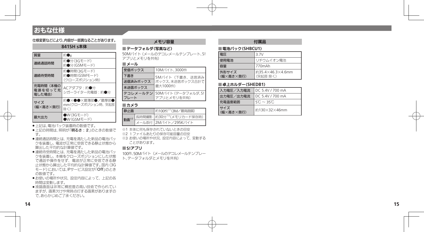 14 15付属品電池パック（SHBCU1） ■電圧 3.7V使用電池 リチウムイオン電池容量 770mAh外形サイズ（幅×高さ×奥行）約35.4×46.3×4.6mm（突起部 除く）卓上ホルダー（SHEDB1） ■入力電圧／入力電流 DC 5.4V / 700 mA出力電圧／出力電流 DC 5.4V / 700 mA充電温度範囲 5℃ ～ 35℃サイズ（幅×高さ×奥行） 約130×32×46mmおもな仕様仕様変更などにより、内容が一部異なることがあります。841SH s本体質量 約●g連続通話時間 約●分（3Gモード）約●分（GSMモード） 連続待受時間約●時間（3Gモード）約●時間（GSMモード）（クローズポジション時） 充電時間（本機の電源を切って充電した場合）ACアダプタ：約●分シガーライター充電器：約●分サイズ（幅×高さ×奥行）約●×●●×最薄部●／最厚部●mm（クローズポジション時、突起部 除く）最大出力 ●W（3Gモード）●W（GSMモード）上記は、電池パック装着時の数値です。 .上記の時間は、照明が「 .明るさ：２」のときの数値です。連続通話時間とは、充電を満たした新品の電池パッ .クを装着し、電波が正常に受信できる静止状態から算出した平均的な計算値です。連続待受時間とは、充電を満たした新品の電池パッ .クを装着し、本機をクローズポジションにした状態で通話や操作をせず、電波が正常に受信できる静止状態から算出した平均的な計算値です。国内（3Gモード）においては、IPサービス設定が「Off」のときの数値です。お使いの場所や状況、設定内容によって、上記の各 .時間は変動します。液晶画面は非常に精密度の高い技術で作られてい .ますが、画素欠けや常時点灯する画素がありますので、あらかじめご了承ください。メモリ容量データフォルダ（写真など） ■50Mバイト（メールのデコレメールテンプレート、S!アプリとメモリを共有）メール ■受信ボックス 10Mバイト、3000件下書き 5Mバイト（下書き、送信済みボックス、未送信ボックス合計で最大1000件）送信済みボックス未送信ボックスデコレメールテンプレート50Mバイト（データフォルダ、S!アプリとメモリを共有）カメラ ■静止画 約100枚※1（3M／最高画質）動画※2長時間撮影 約30分※3（メモリカード保存時）メール添付 2Mバイト／295Kバイト※1 本体に何も保存されていないときの目安※2 １ファイルあたりの保存可能容量の目安※3 お使いの場所や状況、設定内容によって、変動することがあります。S!アプリ ■100件、50Mバイト（メールのデコレメールテンプレート、データフォルダとメモリを共有）