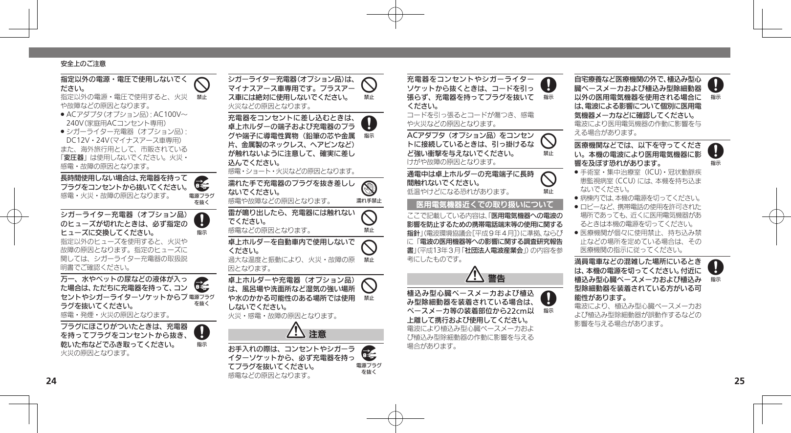 24 25安全上のご注意指定以外の電源・電圧で使用しないでください。指定以外の電源・電圧で使用すると、火災や故障などの原因となります。ACアダプタ（オプション品）：AC100V～  .240V（家庭用ACコンセント専用）シガーライター充電器（オプション品）： .DC12V・24V（マイナスアース車専用）また、海外旅行用として、市販されている「変圧器」は使用しないでください。火災・感電・故障の原因となります。長時間使用しない場合は、充電器を持ってプラグをコンセントから抜いてください。感電・火災・故障の原因となります。シガーライター充電器（オプション品）のヒューズが切れたときは、必ず指定のヒューズに交換してください。指定以外のヒューズを使用すると、火災や故障の原因となります。指定のヒューズに関しては、シガーライター充電器の取扱説明書でご確認ください。万一、水やペットの尿などの液体が入った場合は、ただちに充電器を持って、コンセントやシガーライターソケットからプラグを抜いてください。感電・発煙・火災の原因となります。プラグにほこりがついたときは、充電器を持ってプラグをコンセントから抜き、乾いた布などでふき取ってください。火災の原因となります。シガーライター充電器（オプション品）は、マイナスアース車専用です。プラスアース車には絶対に使用しないでください。火災などの原因となります。充電器をコンセントに差し込むときは、卓上ホルダーの端子および充電器のプラグや端子に導電性異物（鉛筆の芯や金属片、金属製のネックレス、ヘアピンなど）が触れないように注意して、確実に差し込んでください。感電・ショート・火災などの原因となります。濡れた手で充電器のプラグを抜き差ししないでください。感電や故障などの原因となります。雷が鳴り出したら、充電器には触れないでください。感電などの原因となります。卓上ホルダーを自動車内で使用しないでください。過大な温度と振動により、火災・故障の原因となります。卓上ホルダーや充電器（オプション品）は、風呂場や洗面所など湿気の強い場所や水のかかる可能性のある場所では使用しないでください。火災・感電・故障の原因となります。 注意お手入れの際は、コンセントやシガーライターソケットから、必ず充電器を持ってプラグを抜いてください。感電などの原因となります。498984874449充電器をコンセントやシガーライターソケットから抜くときは、コードを引っ張らず、充電器を持ってプラグを抜いて ください。コードを引っ張るとコードが傷つき、感電や火災などの原因となります。ACアダプタ（オプション品）をコンセントに接続しているときは、引っ掛けるなど強い衝撃を与えないでください。けがや故障の原因となります。通電中は卓上ホルダーの充電端子に長時間触れないでください。低温やけどになる恐れがあります。医用電気機器近くでの取り扱いについてここで記載している内容は、「医用電気機器への電波の影響を防止するための携帯電話端末等の使用に関する指針」（電波環境協議会［平成９年４月］）に準拠、ならびに「電波の医用機器等への影響に関する調査研究報告書」（平成13年３月「社団法人電波産業会」）の内容を参考にしたものです。 警告植込み型心臓ペースメーカおよび植込み型除細動器を装着されている場合は、ペースメーカ等の装着部位から22cm以上離して携行および使用してください。電波により植込み型心臓ペースメーカおよび植込み型除細動器の作動に影響を与える場合があります。自宅療養など医療機関の外で、植込み型心臓ペースメーカおよび植込み型除細動器以外の医用電気機器を使用される場合には、電波による影響について個別に医用電気機器メーカなどに確認してください。電波により医用電気機器の作動に影響を与える場合があります。医療機関などでは、以下を守ってください。本機の電波により医用電気機器に影響を及ぼす恐れがあります。手術室・集中治療室（ICU）・冠状動脈疾 .患監視病室（CCU）には、本機を持ち込まないでください。病棟内では、本機の電源を切ってください。 .ロビーなど、携帯電話の使用を許可された .場所であっても、近くに医用電気機器があるときは本機の電源を切ってください。医療機関が個々に使用禁止、持ち込み禁 .止などの場所を定めている場合は、その医療機関の指示に従ってください。満員電車などの混雑した場所にいるときは、本機の電源を切ってください。付近に植込み型心臓ペースメーカおよび植込み型除細動器を装着されている方がいる可能性があります。電波により、植込み型心臓ペースメーカおよび植込み型除細動器が誤動作するなどの影響を与える場合があります。8448888