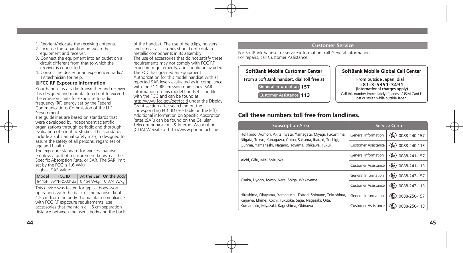 44 451. Reorient/relocate the receiving antenna.2. Increase the separation between the equipment and receiver.3. Connect the equipment into an outlet on a circuit different from that to which the receiver is connected.4. Consult the dealer or an experienced radio/TV technician for help.FCC RF Exposure Information ■Your handset is a radio transmitter and receiver.It is designed and manufactured not to exceed the emission limits for exposure to radio frequency (RF) energy set by the Federal Communications Commission of the U.S. Government.The guidelines are based on standards that were developed by independent scientiﬁc organizations through periodic and thorough evaluation of scientiﬁc studies. The standards include a substantial safety margin designed to assure the safety of all persons, regardless of age and health.The exposure standard for wireless handsets employs a unit of measurement known as the Speciﬁc Absorption Rate, or SAR. The SAR limit set by the FCC is 1.6 W/kg.Highest SAR value:Model FCC ID At the Ear On the Body944SH APYHRO00123 0.454 W/kg0.374 W/kgThis device was tested for typical body-worn operations with the back of the handset kept 1.5 cm from the body. To maintain compliance with FCC RF exposure requirements, use accessories that maintain a 1.5 cm separation distance between the user&apos;s body and the back of the handset. The use of beltclips, holsters and similar accessories should not contain metallic components in its assembly.The use of accessories that do not satisfy these requirements may not comply with FCC RF exposure requirements, and should be avoided.The FCC has granted an Equipment Authorization for this model handset with all reported SAR levels evaluated as in compliance with the FCC RF emission guidelines. SAR information on this model handset is on ﬁle with the FCC and can be found at  http://www.fcc.gov/oet/fccid under the Display  Grant section after searching on the corresponding FCC ID (see table on the left).Additional information on Speciﬁc Absorption Rates (SAR) can be found on the Cellular Telecommunications &amp; Internet Association (CTIA) Website at http://www.phonefacts.net.Customer ServiceFor SoftBank handset or service information, call General Information. For repairs, call Customer Assistance.SoftBank Mobile Global Call CenterCall these numbers toll free from landlines.SoftBank Mobile Customer CenterFrom a SoftBank handset, dial toll free at From outside Japan, dialCall this number immediately if handset/USIM Card islost or stolen while outside Japan.157General Information +81-3-5351-3491 (International charges apply)113Customer AssistanceGeneral InformationCustomer AssistanceGeneral InformationCustomer AssistanceGeneral InformationCustomer AssistanceGeneral InformationCustomer Assistance0088-240-1570088-240-1130088-241-1570088-241-1130088-242-1570088-242-1130088-250-1570088-250-113Hokkaido, Aomori, Akita, Iwate, Yamagata, Miyagi, Fukushima, Niigata, Tokyo, Kanagawa, Chiba, Saitama, Ibaraki, Tochigi, Gunma, Yamanashi, Nagano, Toyama, Ishikawa, FukuiHiroshima, Okayama, Yamaguchi, Tottori, Shimane, Tokushima, Kagawa, Ehime, Kochi, Fukuoka, Saga, Nagasaki, Oita, Kumamoto, Miyazaki, Kagoshima, OkinawaAichi, Gifu, Mie, ShizuokaOsaka, Hyogo, Kyoto, Nara, Shiga, WakayamaSubscription Area Service Center