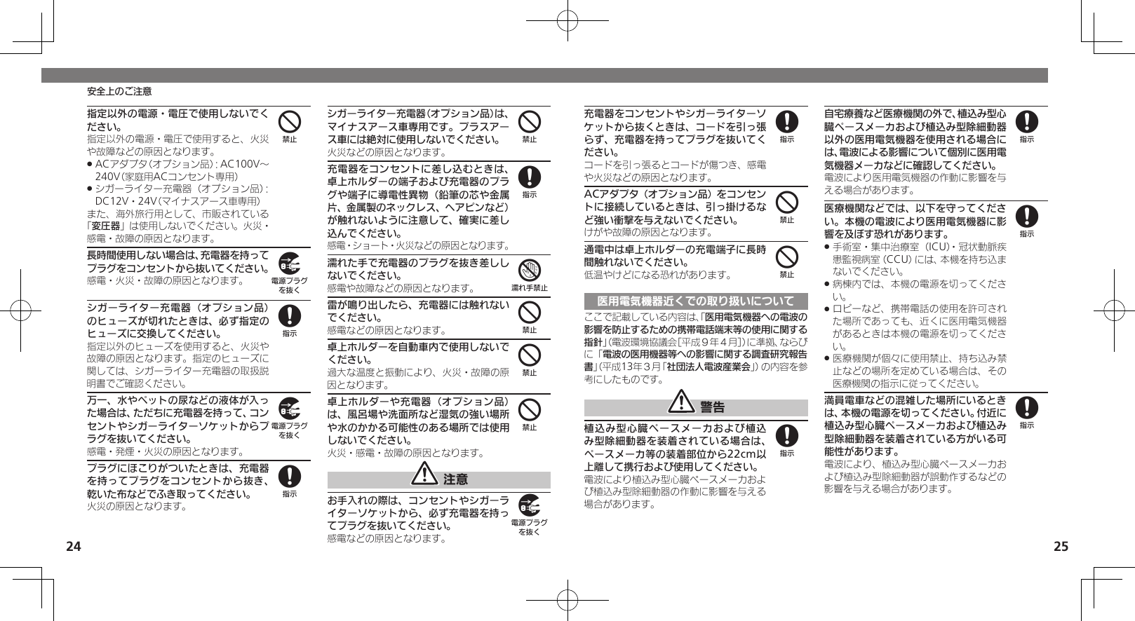 24 25安全上のご注意指定以外の電源・電圧で使用しないでください。指定以外の電源・電圧で使用すると、火災や故障などの原因となります。ACアダプタ（オプション品）：AC100V～  .240V（家庭用ACコンセント専用）シガーライター充電器（オプション品）： .DC12V・24V（マイナスアース車専用）また、海外旅行用として、市販されている「変圧器」は使用しないでください。火災・感電・故障の原因となります。長時間使用しない場合は、充電器を持ってプラグをコンセントから抜いてください。感電・火災・故障の原因となります。シガーライター充電器（オプション品）のヒューズが切れたときは、必ず指定のヒューズに交換してください。指定以外のヒューズを使用すると、火災や故障の原因となります。指定のヒューズに関しては、シガーライター充電器の取扱説明書でご確認ください。万一、水やペットの尿などの液体が入った場合は、ただちに充電器を持って、コンセントやシガーライターソケットからプラグを抜いてください。感電・発煙・火災の原因となります。プラグにほこりがついたときは、充電器を持ってプラグをコンセントから抜き、乾いた布などでふき取ってください。火災の原因となります。シガーライター充電器（オプション品）は、マイナスアース車専用です。プラスアース車には絶対に使用しないでください。火災などの原因となります。充電器をコンセントに差し込むときは、卓上ホルダーの端子および充電器のプラグや端子に導電性異物（鉛筆の芯や金属片、金属製のネックレス、ヘアピンなど）が触れないように注意して、確実に差し込んでください。感電・ショート・火災などの原因となります。濡れた手で充電器のプラグを抜き差ししないでください。感電や故障などの原因となります。雷が鳴り出したら、充電器には触れないでください。感電などの原因となります。卓上ホルダーを自動車内で使用しないでください。過大な温度と振動により、火災・故障の原因となります。卓上ホルダーや充電器（オプション品）は、風呂場や洗面所など湿気の強い場所や水のかかる可能性のある場所では使用しないでください。火災・感電・故障の原因となります。 注意お手入れの際は、コンセントやシガーライターソケットから、必ず充電器を持ってプラグを抜いてください。感電などの原因となります。498984874449充電器をコンセントやシガーライターソケットから抜くときは、コードを引っ張らず、充電器を持ってプラグを抜いてください。コードを引っ張るとコードが傷つき、感電や火災などの原因となります。ACアダプタ（オプション品）をコンセントに接続しているときは、引っ掛けるなど強い衝撃を与えないでください。けがや故障の原因となります。通電中は卓上ホルダーの充電端子に長時間触れないでください。低温やけどになる恐れがあります。医用電気機器近くでの取り扱いについてここで記載している内容は、「医用電気機器への電波の影響を防止するための携帯電話端末等の使用に関する指針」（電波環境協議会［平成９年４月］）に準拠、ならびに「電波の医用機器等への影響に関する調査研究報告書」（平成13年３月「社団法人電波産業会」）の内容を参考にしたものです。 警告植込み型心臓ペースメーカおよび植込み型除細動器を装着されている場合は、ペースメーカ等の装着部位から22cm以上離して携行および使用してください。電波により植込み型心臓ペースメーカおよび植込み型除細動器の作動に影響を与える場合があります。自宅療養など医療機関の外で、植込み型心臓ペースメーカおよび植込み型除細動器以外の医用電気機器を使用される場合には、電波による影響について個別に医用電気機器メーカなどに確認してください。電波により医用電気機器の作動に影響を与える場合があります。医療機関などでは、以下を守ってください。本機の電波により医用電気機器に影響を及ぼす恐れがあります。手術室・集中治療室（ICU）・冠状動脈疾 .患監視病室（CCU）には、本機を持ち込まないでください。病棟内では、本機の電源を切ってくださ .い。ロビーなど、携帯電話の使用を許可され .た場所であっても、近くに医用電気機器があるときは本機の電源を切ってください。医療機関が個々に使用禁止、持ち込み禁 .止などの場所を定めている場合は、その医療機関の指示に従ってください。満員電車などの混雑した場所にいるときは、本機の電源を切ってください。付近に植込み型心臓ペースメーカおよび植込み型除細動器を装着されている方がいる可能性があります。電波により、植込み型心臓ペースメーカおよび植込み型除細動器が誤動作するなどの影響を与える場合があります。8448888