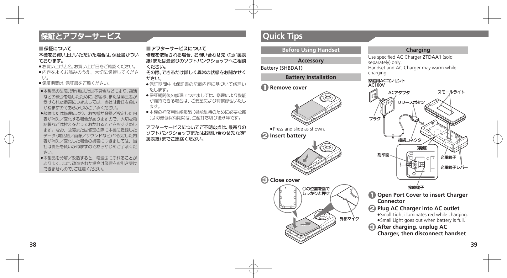 38 39保証とアフターサービス保証について ■本機をお買い上げいただいた場合は、保証書がついております。お買い上げ店名、お買い上げ日をご確認ください。 .内容をよくお読みのうえ、大切に保管してくださ .い。保証期間は、保証書をご覧ください。 .本製品の故障、誤作動または不具合などにより、通話 .などの機会を逸したために、お客様、または第三者が受けられた損害につきましては、当社は責任を負いかねますのであらかじめご了承ください。故障または修理により、お客様が登録／設定した内 .容が消失／変化する場合がありますので、大切な電話帳などは控えをとっておかれることをおすすめします。なお、故障または修理の際に本機に登録したデータ（電話帳／画像／サウンドなど）や設定した内容が消失／変化した場合の損害につきましては、当社は責任を負いかねますのであらかじめご了承ください。本製品を分解／改造すると、電波法にふれることが .あります。また、改造された場合は修理をお引き受けできませんので、ご注意ください。アフターサービスについて ■修理を依頼される場合、お問い合わせ先（A裏表紙）または最寄りのソフトバンクショップへご相談ください。その際、できるだけ詳しく異常の状態をお聞かせください。保証期間中は保証書の記載内容に基づいて修理い .たします。保証期間後の修理につきましては、修理により機能 .が維持できる場合は、ご要望により有償修理いたします。本機の補修用性能部品（機能維持のために必要な部 .品）の最低保有期間は、生産打ち切り後６年です。アフターサービスについてご不明な点は、最寄りのソフトバンクショップまたはお問い合わせ先（A裏表紙）までご連絡ください。Quick TipsBefore Using HandsetAccessoryBattery (SHBDA1)Battery Installation 1 Remove coverPress and slide as shown. . 2 Insert battery 3 Close coverƦǽΡΈȡ࿀ǶǦǲǚșǷྍǨঋ⤴ɦȬȷChargingUse speciﬁed AC Charger ZTDAA1 (sold separately) only.Handset and AC Charger may warm while　charging.ૐಖ᧸ACȻɻɃɻɐAC100VACȪɈɟɇ ɁɪʀɳɱȬɐӛ⯍ᴻ੿ɴɘʀယỮȻɕȷɇʀɲɲʀɁɤɇɻɟɱȸယỮᴻ੿⾷ⓔѩ⾸֢ڇⰢ ӛ⯍ᴻ੿ 1 Open Port Cover to insert Charger Connector 2 Plug AC Charger into AC outletSmall Light illuminates red while charging. .Small Light goes out when battery is full. . 3 After charging, unplug AC Charger, then disconnect handset