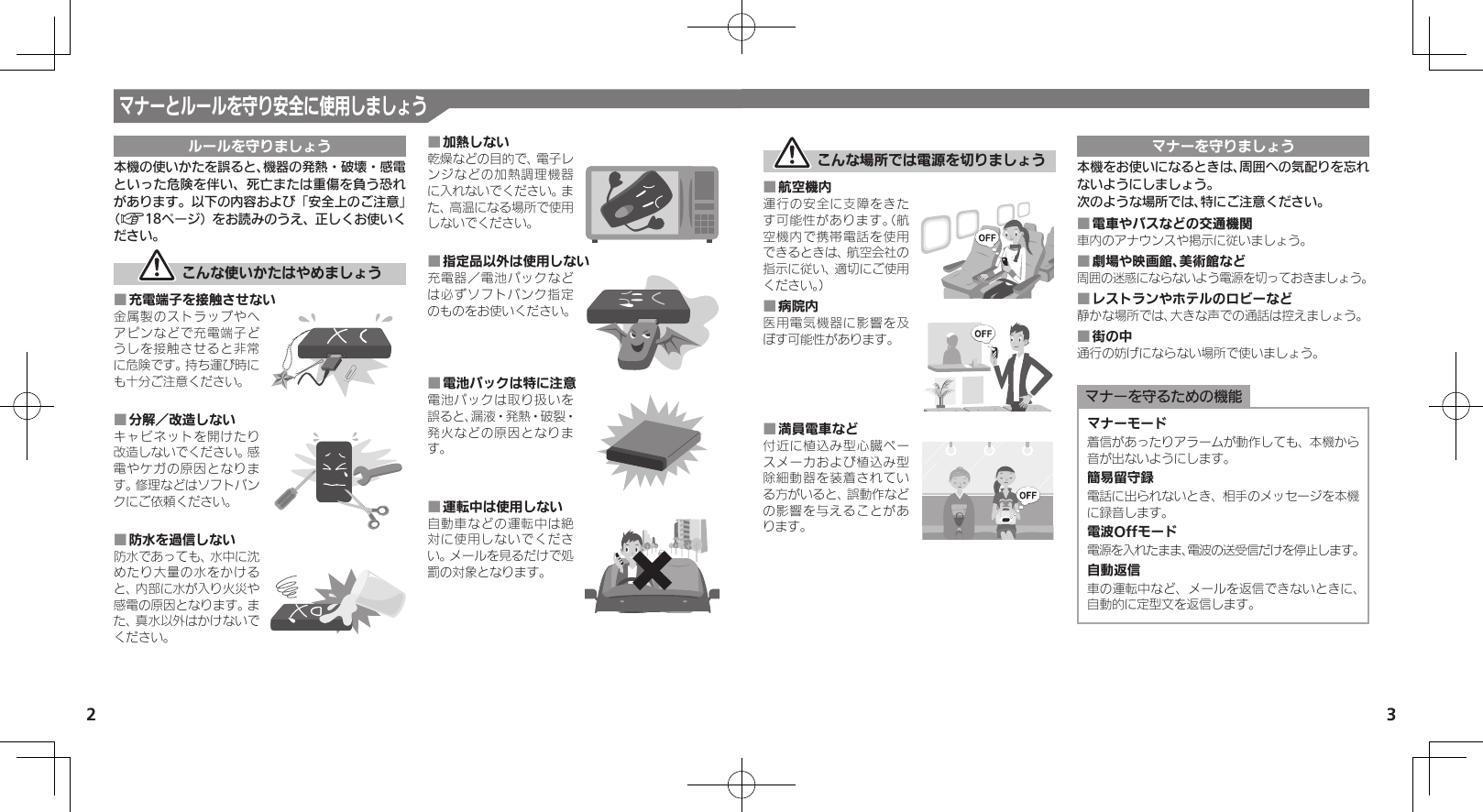 2 3マナーとルールを守り安全に使用しましょうルールを守りましょう本機の使いかたを誤ると、機器の発熱・破壊・感電といった危険を伴い、死亡または重傷を負う恐れがあります。以下の内容および「安全上のご注意」（A18ページ）をお読みのうえ、正しくお使いください。 こんな使いかたはやめましょう充電端子を接触させない ■金属製のストラップやヘアピンなどで充電端子どうしを接触させると非常に危険です。持ち運び時にも十分ご注意ください。分解／改造しない ■キャビネットを開けたり改造しないでください。感電やケガの原因となります。修理などはソフトバンクにご依頼ください。防水を過信しない ■防水であっても、水中に沈めたり大量の水をかけると、内部に水が入り火災や感電の原因となります。また、真水以外はかけないでください。加熱しない ■乾燥などの目的で、電子レンジなどの加熱調理機器に入れないでください。また、高温になる場所で使用しないでください。指定品以外は使用しない ■充電器／電池パックなどは必ずソフトバンク指定のものをお使いください。電池パックは特に注意 ■電池パックは取り扱いを誤ると、漏液・発熱・破裂・発火などの原因となります。運転中は使用しない ■自動車などの運転中は絶対に使用しないでください。メールを見るだけで処罰の対象となります。 こんな場所では電源を切りましょう航空機内 ■運行の安全に支障をきたす可能性があります。（航空機内で携帯電話を使用できるときは、航空会社の指示に従い、適切にご使用ください。）病院内 ■医用電気機器に影響を及ぼす可能性があります。満員電車など ■付近に植込み型心臓ペースメーカおよび植込み型除細動器を装着されている方がいると、誤動作などの影響を与えることがあります。マナーを守りましょう本機をお使いになるときは、周囲への気配りを忘れないようにしましょう。次のような場所では、特にご注意ください。電車やバスなどの交通機関 ■車内のアナウンスや掲示に従いましょう。劇場や映画館、美術館など ■周囲の迷惑にならないよう電源を切っておきましょう。レストランやホテルのロビーなど ■静かな場所では、大きな声での通話は控えましょう。街の中 ■通行の妨げにならない場所で使いましょう。マナーを守るための機能マナーモード着信があったりアラームが動作しても、本機から音が出ないようにします。簡易留守録電話に出られないとき、相手のメッセージを本機に録音します。電波Offモード電源を入れたまま、電波の送受信だけを停止します。自動返信車の運転中など、メールを返信できないときに、自動的に定型文を返信します。