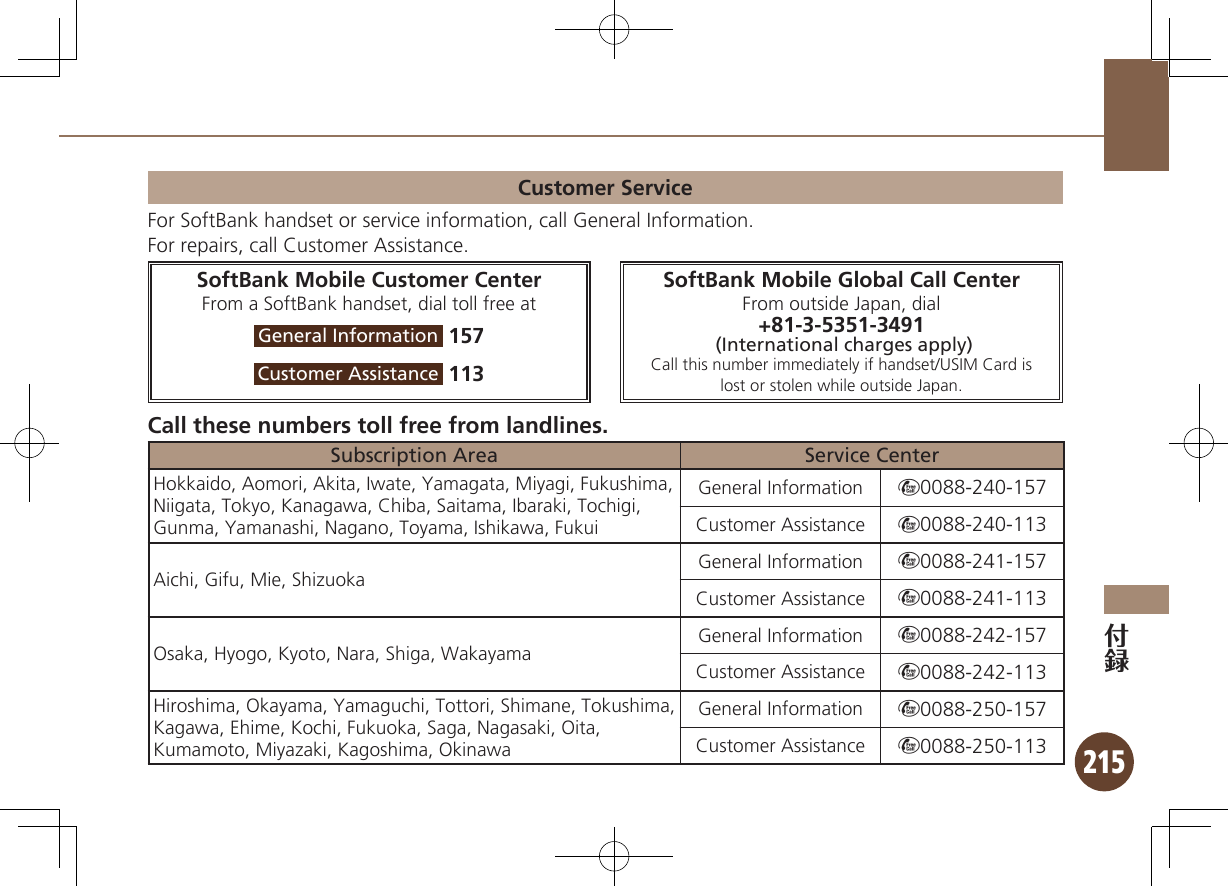 215Customer ServiceFor SoftBank handset or service information, call General Information. For repairs, call Customer Assistance.SoftBank Mobile Customer CenterFrom a SoftBank handset, dial toll free atGeneral Information  157Customer Assistance  113SoftBank Mobile Global Call CenterFrom outside Japan, dial+81-3-5351-3491 (International charges apply)Call this number immediately if handset/USIM Card islost or stolen while outside Japan.Call these numbers toll free from landlines.Subscription Area Service CenterHokkaido, Aomori, Akita, Iwate, Yamagata, Miyagi, Fukushima, Niigata, Tokyo, Kanagawa, Chiba, Saitama, Ibaraki, Tochigi, Gunma, Yamanashi, Nagano, Toyama, Ishikawa, FukuiGeneral Information m0088-240-157Customer Assistance m0088-240-113Aichi, Gifu, Mie, Shizuoka General Information m0088-241-157Customer Assistance m0088-241-113Osaka, Hyogo, Kyoto, Nara, Shiga, Wakayama General Information m0088-242-157Customer Assistance m0088-242-113Hiroshima, Okayama, Yamaguchi, Tottori, Shimane, Tokushima, Kagawa, Ehime, Kochi, Fukuoka, Saga, Nagasaki, Oita, Kumamoto, Miyazaki, Kagoshima, OkinawaGeneral Information m0088-250-157Customer Assistance m0088-250-113
