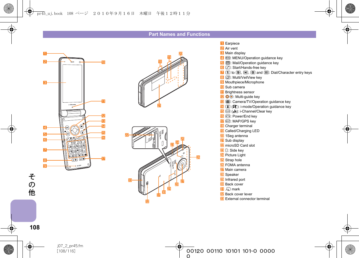 108j07_2_pr45.fm[108/116] ~~~~~~~~~~~~~~~~~~~~~~~~~その他Part Names and Functions1Earpiece2Air vent3Main display4z: MENU/Operation guidance key5m: Mail/Operation guidance key6s: Start/Hands-free key71 to 9, *, 0 and #: Dial/Character entry keys8$: Multi/VeilView key9Mouthpiece/MicrophoneaSub camerabBrightness sensorcw&amp;t&amp;: Multi-guide keydC: Camera/TV/Operation guidance keyei (,): i-mode/Operation guidance keyfc (J): i-Channel/Clear keygH: Power/End keyhy: MAP/GPS keyiCharger terminaljCalled/Charging LEDk1Seg antennalSub displaymmicroSD Card slotn&amp;: Side keyoPicture LightpStrap holeqFOMA antennarMain camerasSpeakertInfrared portuBack covervb markwBack cover leverxExternal connector terminalpr45_uj.book  108 ページ  ２０１０年９月１６日　木曜日　午後１２時１１分