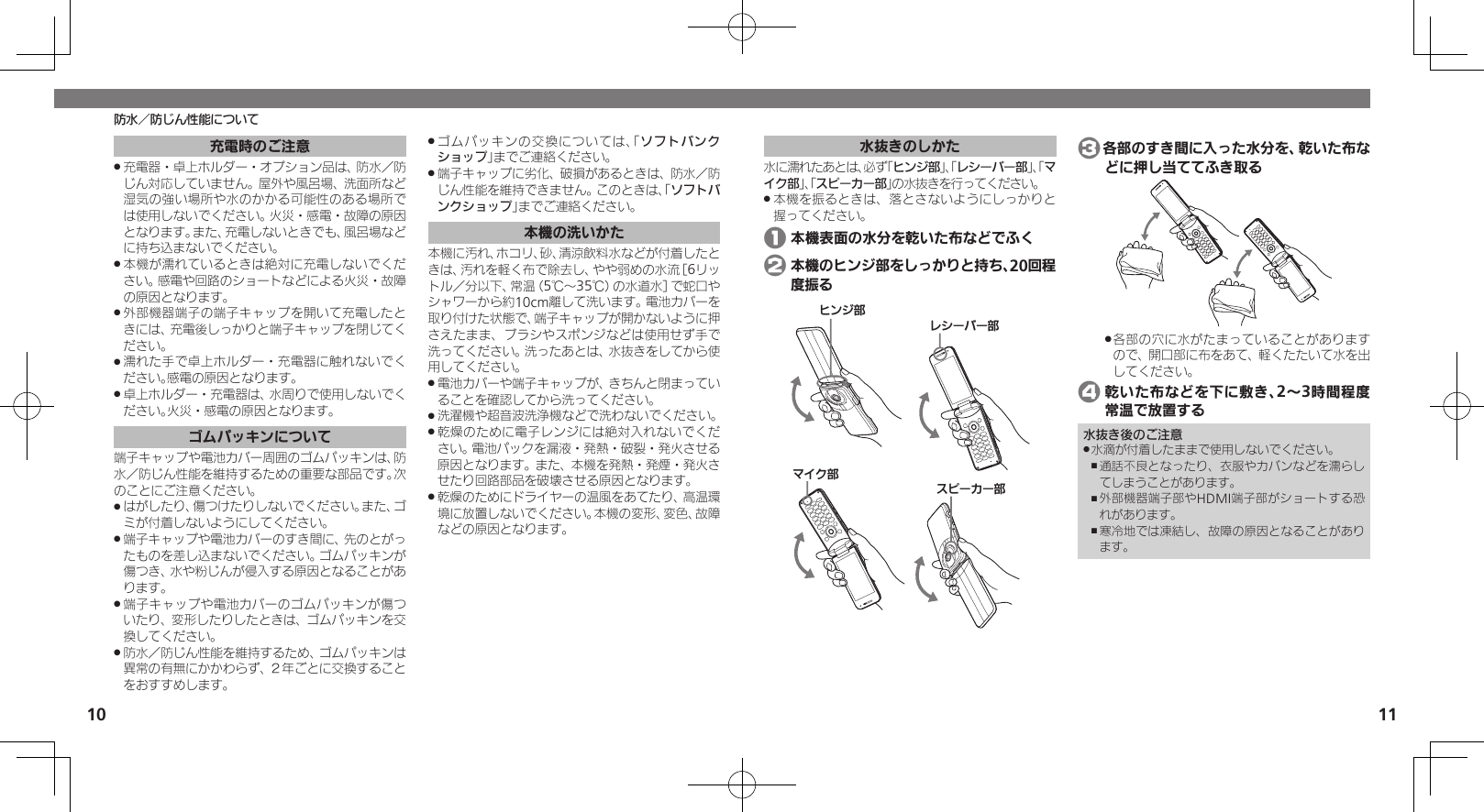 10 11水抜きのしかた水に濡れたあとは、必ず「ヒンジ部」、「レシーバー部」、「マイク部」、「スピーカー部」の水抜きを行ってください。本機を振るときは、落とさないようにしっかりと .握ってください。 1 本機表面の水分を乾いた布などでふく 2 本機のヒンジ部をしっかりと持ち、20回程度振るɚɻɀ⤴Ɂɜʀȳʀ⤴ɦȬȷ⤴ɴȿʀɘʀ⤴ 3各部のすき間に入った水分を、乾いた布などに押し当ててふき取る各部の穴に水がたまっていることがあります .ので、開口部に布をあて、軽くたたいて水を出してください。 4 乾いた布などを下に敷き、2～3時間程度常温で放置する水抜き後のご注意水滴が付着したままで使用しないでください。 .通話不良となったり、衣服やカバンなどを濡らし ,てしまうことがあります。外部機器端子部やHDMI端子部がショートする恐 ,れがあります。寒冷地では凍結し、故障の原因となることがあり ,ます。防水／防じん性能について充電時のご注意充電器・卓上ホルダー・オプション品は、防水／防 .じん対応していません。屋外や風呂場、洗面所など湿気の強い場所や水のかかる可能性のある場所では使用しないでください。火災・感電・故障の原因となります。また、充電しないときでも、風呂場などに持ち込まないでください。本機が濡れているときは絶対に充電しないでくだ .さい。感電や回路のショートなどによる火災・故障の原因となります。外部機器端子の端子キャップを開いて充電したと .きには、充電後しっかりと端子キャップを閉じてください。濡れた手で卓上ホルダー・充電器に触れないでく .ださい。感電の原因となります。卓上ホルダー・充電器は、水周りで使用しないでく .ださい。火災・感電の原因となります。ゴムパッキンについて端子キャップや電池カバー周囲のゴムパッキンは、防水／防じん性能を維持するための重要な部品です。次のことにご注意ください。はがしたり、傷つけたりしないでください。また、ゴ .ミが付着しないようにしてください。端子キャップや電池カバーのすき間に、先のとがっ .たものを差し込まないでください。ゴムパッキンが傷つき、水や粉じんが侵入する原因となることがあります。端子キャップや電池カバーのゴムパッキンが傷つ .いたり、変形したりしたときは、ゴムパッキンを交換してください。防水／防じん性能を維持するため、ゴムパッキンは .異常の有無にかかわらず、２年ごとに交換することをおすすめします。ゴムパッキンの交換については、「 .ソフトバンクショップ」までご連絡ください。端子キャップに劣化、破損があるときは、防水／防 .じん性能を維持できません。このときは、「ソフトバンクショップ」までご連絡ください。本機の洗いかた本機に汚れ、ホコリ、砂、清涼飲料水などが付着したときは、汚れを軽く布で除去し、やや弱めの水流［6リットル／分以下、常温（5℃～35℃）の水道水］で蛇口やシャワーから約10cm離して洗います。電池カバーを取り付けた状態で、端子キャップが開かないように押さえたまま、ブラシやスポンジなどは使用せず手で洗ってください。洗ったあとは、水抜きをしてから使用してください。電池カバーや端子キャップが、きちんと閉まってい .ることを確認してから洗ってください。洗濯機や超音波洗浄機などで洗わないでください。 .乾燥のために電子レンジには絶対入れないでくだ .さい。電池パックを漏液・発熱・破裂・発火させる原因となります。また、本機を発熱・発煙・発火させたり回路部品を破壊させる原因となります。乾燥のためにドライヤーの温風をあてたり、高温環 .境に放置しないでください。本機の変形、変色、故障などの原因となります。