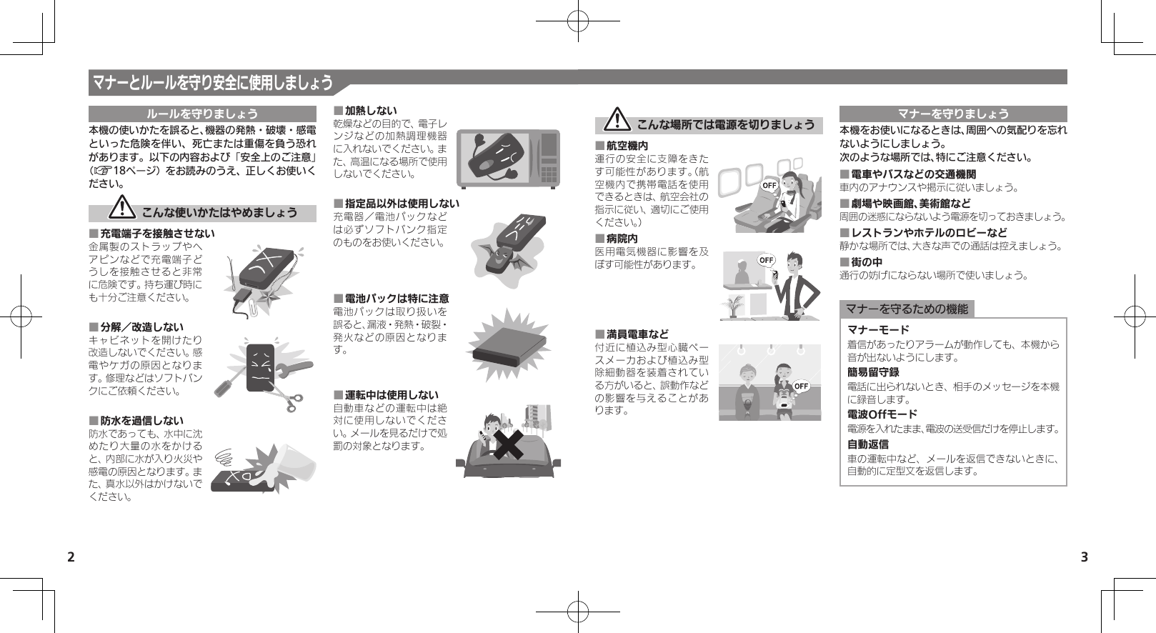 2 3マナーとルールを守り安全に使用しましょうルールを守りましょう本機の使いかたを誤ると、機器の発熱・破壊・感電といった危険を伴い、死亡または重傷を負う恐れがあります。以下の内容および「安全上のご注意」（A18ページ）をお読みのうえ、正しくお使いください。 こんな使いかたはやめましょう充電端子を接触させない ■金属製のストラップやヘアピンなどで充電端子どうしを接触させると非常に危険です。持ち運び時にも十分ご注意ください。分解／改造しない ■キャビネットを開けたり改造しないでください。感電やケガの原因となります。修理などはソフトバンクにご依頼ください。防水を過信しない ■防水であっても、水中に沈めたり大量の水をかけると、内部に水が入り火災や感電の原因となります。また、真水以外はかけないでください。加熱しない ■乾燥などの目的で、電子レンジなどの加熱調理機器に入れないでください。また、高温になる場所で使用しないでください。指定品以外は使用しない ■充電器／電池パックなどは必ずソフトバンク指定のものをお使いください。電池パックは特に注意 ■電池パックは取り扱いを誤ると、漏液・発熱・破裂・発火などの原因となります。運転中は使用しない ■自動車などの運転中は絶対に使用しないでください。メールを見るだけで処罰の対象となります。 こんな場所では電源を切りましょう航空機内 ■運行の安全に支障をきたす可能性があります。（航空機内で携帯電話を使用できるときは、航空会社の指示に従い、適切にご使用ください。）病院内 ■医用電気機器に影響を及ぼす可能性があります。満員電車など ■付近に植込み型心臓ペースメーカおよび植込み型除細動器を装着されている方がいると、誤動作などの影響を与えることがあります。マナーを守りましょう本機をお使いになるときは、周囲への気配りを忘れないようにしましょう。次のような場所では、特にご注意ください。電車やバスなどの交通機関 ■車内のアナウンスや掲示に従いましょう。劇場や映画館、美術館など ■周囲の迷惑にならないよう電源を切っておきましょう。レストランやホテルのロビーなど ■静かな場所では、大きな声での通話は控えましょう。街の中 ■通行の妨げにならない場所で使いましょう。マナーを守るための機能マナーモード着信があったりアラームが動作しても、本機から音が出ないようにします。簡易留守録電話に出られないとき、相手のメッセージを本機に録音します。電波Offモード電源を入れたまま、電波の送受信だけを停止します。自動返信車の運転中など、メールを返信できないときに、自動的に定型文を返信します。