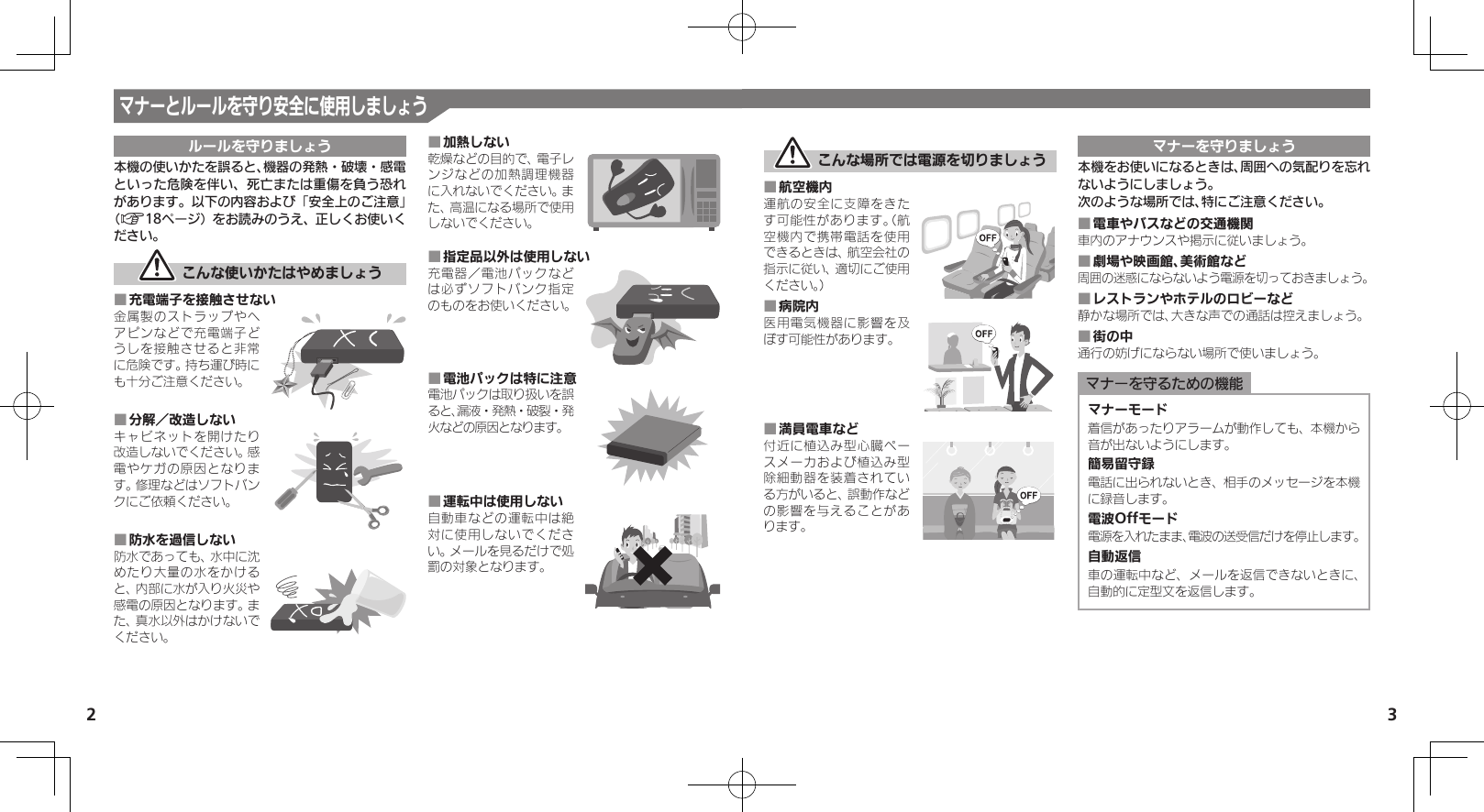 2 3マナーとルールを守り安全に使用しましょうルールを守りましょう本機の使いかたを誤ると、機器の発熱・破壊・感電といった危険を伴い、死亡または重傷を負う恐れがあります。以下の内容および「安全上のご注意」（A18ページ）をお読みのうえ、正しくお使いください。 こんな使いかたはやめましょう充電端子を接触させない ■金属製のストラップやヘアピンなどで充電端子どうしを接触させると非常に危険です。持ち運び時にも十分ご注意ください。分解／改造しない ■キャビネットを開けたり改造しないでください。感電やケガの原因となります。修理などはソフトバンクにご依頼ください。防水を過信しない ■防水であっても、水中に沈めたり大量の水をかけると、内部に水が入り火災や感電の原因となります。また、真水以外はかけないでください。加熱しない ■乾燥などの目的で、電子レンジなどの加熱調理機器に入れないでください。また、高温になる場所で使用しないでください。指定品以外は使用しない ■充電器／電池パックなどは必ずソフトバンク指定のものをお使いください。電池パックは特に注意 ■電池パックは取り扱いを誤ると、漏液・発熱・破裂・発火などの原因となります。運転中は使用しない ■自動車などの運転中は絶対に使用しないでください。メールを見るだけで処罰の対象となります。 こんな場所では電源を切りましょう航空機内 ■運航の安全に支障をきたす可能性があります。（航空機内で携帯電話を使用できるときは、航空会社の指示に従い、適切にご使用ください。）病院内 ■医用電気機器に影響を及ぼす可能性があります。満員電車など ■付近に植込み型心臓ペースメーカおよび植込み型除細動器を装着されている方がいると、誤動作などの影響を与えることがあります。マナーを守りましょう本機をお使いになるときは、周囲への気配りを忘れないようにしましょう。次のような場所では、特にご注意ください。電車やバスなどの交通機関 ■車内のアナウンスや掲示に従いましょう。劇場や映画館、美術館など ■周囲の迷惑にならないよう電源を切っておきましょう。レストランやホテルのロビーなど ■静かな場所では、大きな声での通話は控えましょう。街の中 ■通行の妨げにならない場所で使いましょう。マナーを守るための機能マナーモード着信があったりアラームが動作しても、本機から音が出ないようにします。簡易留守録電話に出られないとき、相手のメッセージを本機に録音します。電波Offモード電源を入れたまま、電波の送受信だけを停止します。自動返信車の運転中など、メールを返信できないときに、自動的に定型文を返信します。