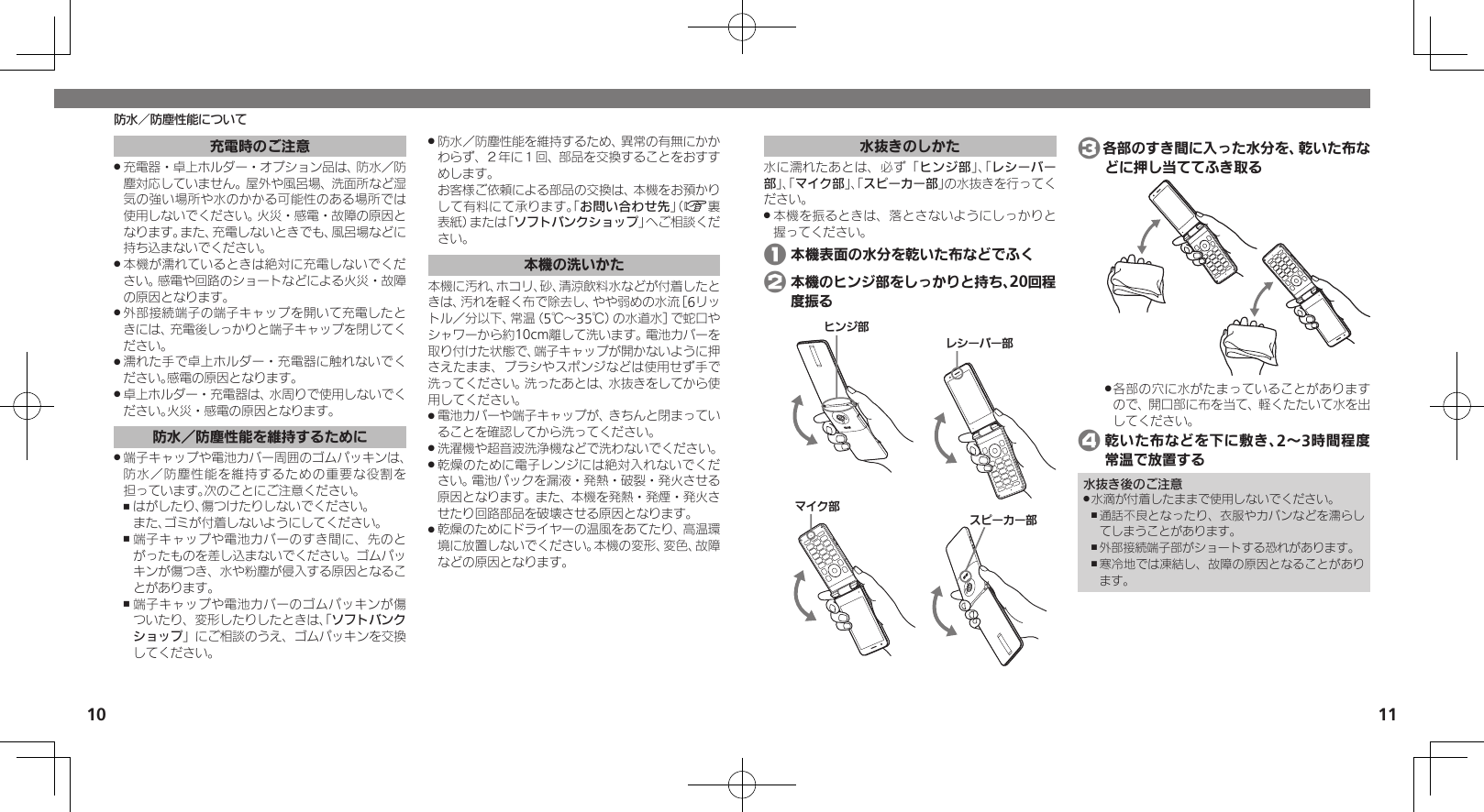 10 11水抜きのしかた水に濡れたあとは、必ず「ヒンジ部」、「レシーバー部」、「マイク部」、「スピーカー部」の水抜きを行ってください。本機を振るときは、落とさないようにしっかりと .握ってください。 1 本機表面の水分を乾いた布などでふく 2 本機のヒンジ部をしっかりと持ち、20回程度振るɚɻɀ⤴Ɂɜʀȳʀ⤴ɦȬȷ⤴ɴȿʀɘʀ⤴ 3各部のすき間に入った水分を、乾いた布などに押し当ててふき取る各部の穴に水がたまっていることがあります .ので、開口部に布を当て、軽くたたいて水を出してください。 4 乾いた布などを下に敷き、2～3時間程度常温で放置する水抜き後のご注意水滴が付着したままで使用しないでください。 .通話不良となったり、衣服やカバンなどを濡らし ,てしまうことがあります。外部接続端子部がショートする恐れがあります。 ,寒冷地では凍結し、故障の原因となることがあり ,ます。防水／防塵性能について充電時のご注意充電器・卓上ホルダー・オプション品は、防水／防 .塵対応していません。屋外や風呂場、洗面所など湿気の強い場所や水のかかる可能性のある場所では使用しないでください。火災・感電・故障の原因となります。また、充電しないときでも、風呂場などに持ち込まないでください。本機が濡れているときは絶対に充電しないでくだ .さい。感電や回路のショートなどによる火災・故障の原因となります。外部接続端子の端子キャップを開いて充電したと .きには、充電後しっかりと端子キャップを閉じてください。濡れた手で卓上ホルダー・充電器に触れないでく .ださい。感電の原因となります。卓上ホルダー・充電器は、水周りで使用しないでく .ださい。火災・感電の原因となります。防水／防塵性能を維持するために端子キャップや電池カバー周囲のゴムパッキンは、 .防水／防塵性能を維持するための重要な役割を担っています。次のことにご注意ください。はがしたり、傷つけたりしないでください。    ,また、ゴミが付着しないようにしてください。端子キャップや電池カバーのすき間に、先のと ,がったものを差し込まないでください。ゴムパッキンが傷つき、水や粉塵が侵入する原因となることがあります。端子キャップや電池カバーのゴムパッキンが傷 ,ついたり、変形したりしたときは、「ソフトバンクショップ」にご相談のうえ、ゴムパッキンを交換してください。防水／防塵性能を維持するため、異常の有無にかか .わらず、２年に１回、部品を交換することをおすすめします。     お客様ご依頼による部品の交換は、本機をお預かりして有料にて承ります。「お問い合わせ先」（A裏表紙）または「ソフトバンクショップ」へご相談ください。本機の洗いかた本機に汚れ、ホコリ、砂、清涼飲料水などが付着したときは、汚れを軽く布で除去し、やや弱めの水流［6リットル／分以下、常温（5℃～35℃）の水道水］で蛇口やシャワーから約10cm離して洗います。電池カバーを取り付けた状態で、端子キャップが開かないように押さえたまま、ブラシやスポンジなどは使用せず手で洗ってください。洗ったあとは、水抜きをしてから使用してください。電池カバーや端子キャップが、きちんと閉まってい .ることを確認してから洗ってください。洗濯機や超音波洗浄機などで洗わないでください。 .乾燥のために電子レンジには絶対入れないでくだ .さい。電池パックを漏液・発熱・破裂・発火させる原因となります。また、本機を発熱・発煙・発火させたり回路部品を破壊させる原因となります。乾燥のためにドライヤーの温風をあてたり、高温環 .境に放置しないでください。本機の変形、変色、故障などの原因となります。