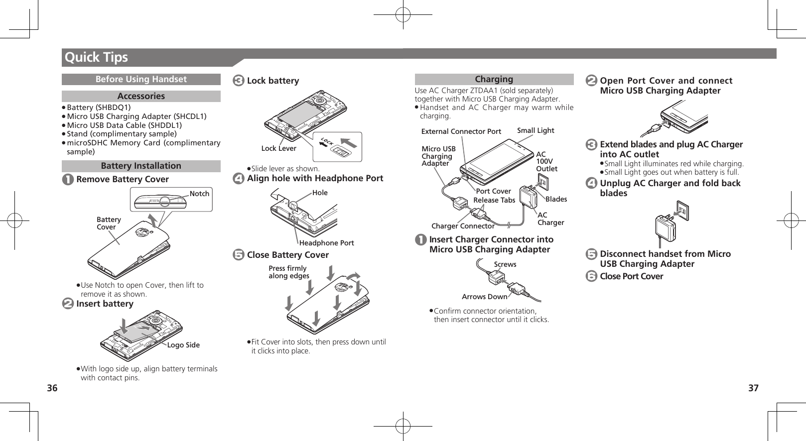37Quick Tips36ChargingUse AC Charger ZTDAA1 (sold separately)together with Micro USB Charging Adapter.Handset and AC Charger may warm while  .charging.AC 100V OutletExternal Connector PortPort CoverAC ChargerSmall LightCharger ConnectorRelease Tabs BladesMicro USB Charging Adapter 1 Insert Charger Connector into Micro USB Charging AdapterArrows DownScrewsConﬁrm connector orientation,   .then insert connector until it clicks. 2 Open Port Cover and connect Micro USB Charging Adapter 3 Extend blades and plug AC Charger into AC outletSmall Light illuminates red while charging. .Small Light goes out when battery is full. . 4 Unplug AC Charger and fold back blades 5 Disconnect handset from Micro USB Charging Adapter 6 Close Port CoverBefore Using HandsetAccessoriesBattery (SHBDQ1) .Micro USB Charging Adapter (SHCDL1) .Micro USB Data Cable (SHDDL1) .Stand (complimentary sample) .microSDHC Memory Card (complimentary  .sample)Battery Installation 1 Remove Battery CoverBatteryCoverNotchUse Notch to open Cover, then lift to  .remove it as shown. 2 Insert batteryLogo SideWith logo side up, align battery terminals  .with contact pins. 3 Lock batteryLock LeverSlide lever as shown. . 4 Align hole with Headphone PortHeadphone PortHole 5 Close Battery CoverPress firmlyalong edgesFit Cover into slots, then press down until  .it clicks into place. 