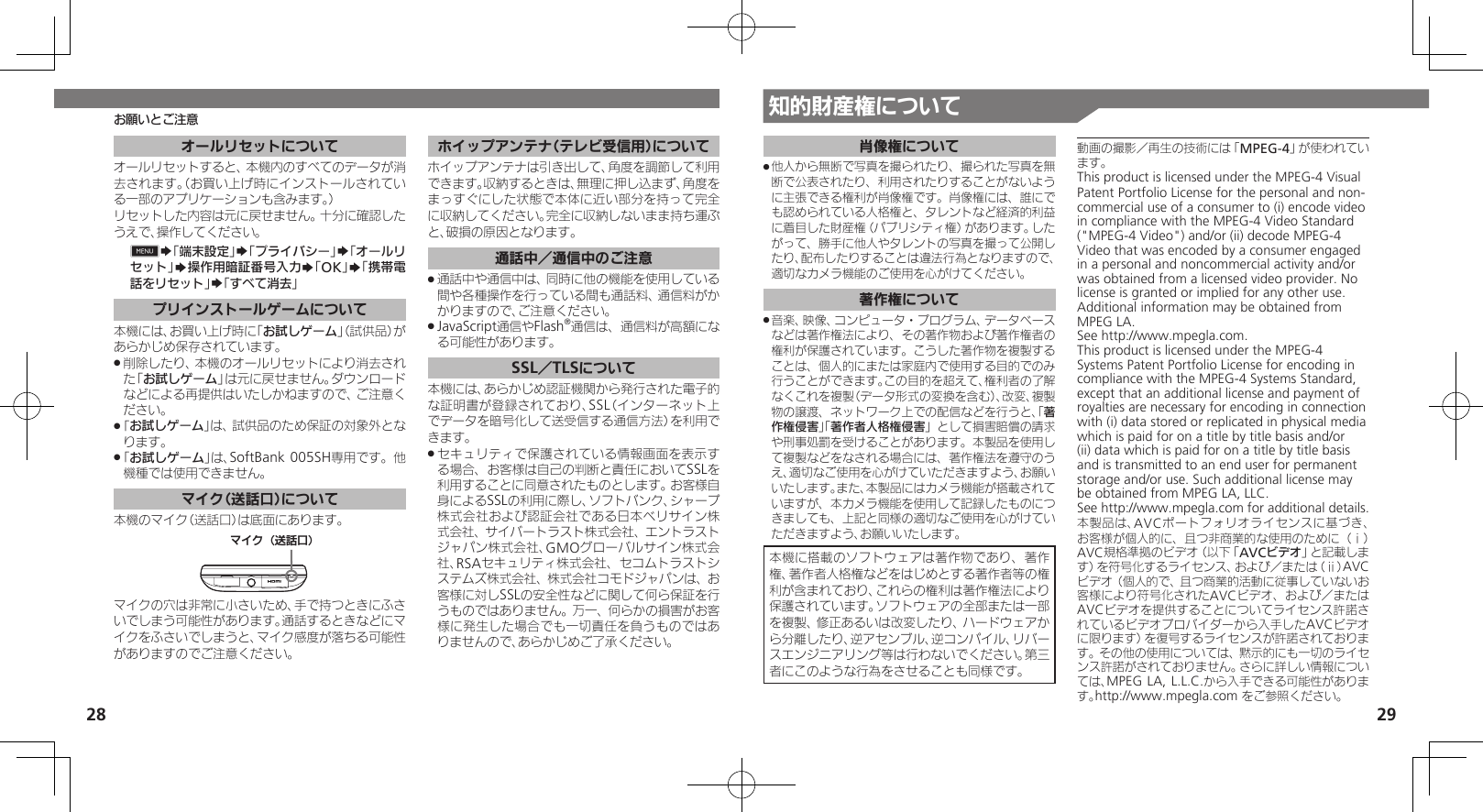 28お願いとご注意オールリセットについてオールリセットすると、本機内のすべてのデータが消去されます。（お買い上げ時にインストールされている一部のアプリケーションも含みます。）リセットした内容は元に戻せません。十分に確認したうえで、操作してください。0S「端末設定」S「プライバシー」S「オールリセット」S操作用暗証番号入力S「OK」S「携帯電話をリセット」S「すべて消去」プリインストールゲームについて本機には、お買い上げ時に「お試しゲーム」（試供品）があらかじめ保存されています。削除したり、本機のオールリセットにより消去され .た「お試しゲーム」は元に戻せません。ダウンロードなどによる再提供はいたしかねますので、ご注意ください。｢ .お試しゲーム｣は、試供品のため保証の対象外となります。｢ .お試しゲーム｣は、SoftBank 005SH専用です。他機種では使用できません。マイク（送話口）について本機のマイク（送話口）は底面にあります。ɦȬȷ⾷⢌◊ۑ⾸マイクの穴は非常に小さいため、手で持つときにふさいでしまう可能性があります。通話するときなどにマイクをふさいでしまうと、マイク感度が落ちる可能性がありますのでご注意ください。ホイップアンテナ（テレビ受信用）についてホイップアンテナは引き出して、角度を調節して利用できます。収納するときは、無理に押し込まず、角度をまっすぐにした状態で本体に近い部分を持って完全に収納してください。完全に収納しないまま持ち運ぶと、破損の原因となります。通話中／通信中のご注意通話中や通信中は、同時に他の機能を使用している .間や各種操作を行っている間も通話料、通信料がかかりますので、ご注意ください。JavaScript通信やFlash .®通信は、通信料が高額になる可能性があります。SSL／TLSについて本機には、あらかじめ認証機関から発行された電子的な証明書が登録されており、SSL（インターネット上でデータを暗号化して送受信する通信方法）を利用できます。セキュリティで保護されている情報画面を表示す .る場合、お客様は自己の判断と責任においてSSLを利用することに同意されたものとします。お客様自身によるSSLの利用に際し、ソフトバンク、シャープ株式会社および認証会社である日本ベリサイン株式会社、サイバートラスト株式会社、エントラストジャパン株式会社、GMOグローバルサイン株式会社、RSAセキュリティ株式会社、セコムトラストシステムズ株式会社、株式会社コモドジャパンは、お客様に対しSSLの安全性などに関して何ら保証を行うものではありません。万一、何らかの損害がお客様に発生した場合でも一切責任を負うものではありませんので、あらかじめご了承ください。知的財産権について29肖像権について他人から無断で写真を撮られたり、撮られた写真を無 .断で公表されたり、利用されたりすることがないように主張できる権利が肖像権です。肖像権には、誰にでも認められている人格権と、タレントなど経済的利益に着目した財産権（パブリシティ権）があります。したがって、勝手に他人やタレントの写真を撮って公開したり、配布したりすることは違法行為となりますので、適切なカメラ機能のご使用を心がけてください。著作権について音楽、映像、コンピュータ・プログラム、データベース .などは著作権法により、その著作物および著作権者の権利が保護されています。こうした著作物を複製することは、個人的にまたは家庭内で使用する目的でのみ行うことができます。この目的を超えて、権利者の了解なくこれを複製（データ形式の変換を含む）、改変、複製物の譲渡、ネットワーク上での配信などを行うと、「著作権侵害」「著作者人格権侵害」として損害賠償の請求や刑事処罰を受けることがあります。本製品を使用して複製などをなされる場合には、著作権法を遵守のうえ、適切なご使用を心がけていただきますよう、お願いいたします。また、本製品にはカメラ機能が搭載されていますが、本カメラ機能を使用して記録したものにつきましても、上記と同様の適切なご使用を心がけていただきますよう、お願いいたします。本機に搭載のソフトウェアは著作物であり、著作権、著作者人格権などをはじめとする著作者等の権利が含まれており、これらの権利は著作権法により保護されています。ソフトウェアの全部または一部を複製、修正あるいは改変したり、ハードウェアから分離したり、逆アセンブル、逆コンパイル、リバースエンジニアリング等は行わないでください。第三者にこのような行為をさせることも同様です。動画の撮影／再生の技術には「MPEG-4」が使われています。This product is licensed under the MPEG-4 Visual Patent Portfolio License for the personal and non-commercial use of a consumer to (i) encode video in compliance with the MPEG-4 Video Standard (&quot;MPEG-4 Video&quot;) and/or (ii) decode MPEG-4 Video that was encoded by a consumer engaged in a personal and noncommercial activity and/or was obtained from a licensed video provider. No license is granted or implied for any other use. Additional information may be obtained from MPEG LA. See http://www.mpegla.com.This product is licensed under the MPEG-4 Systems Patent Portfolio License for encoding in compliance with the MPEG-4 Systems Standard, except that an additional license and payment of royalties are necessary for encoding in connection with (i) data stored or replicated in physical media which is paid for on a title by title basis and/or (ii) data which is paid for on a title by title basis and is transmitted to an end user for permanent storage and/or use. Such additional license may be obtained from MPEG LA, LLC. See http://www.mpegla.com for additional details.本製品は、AVCポートフォリオライセンスに基づき、お客様が個人的に、且つ非商業的な使用のために（ⅰ）AVC規格準拠のビデオ（以下「AVCビデオ」と記載します）を符号化するライセンス、および／または（ⅱ）AVCビデオ（個人的で、且つ商業的活動に従事していないお客様により符号化されたAVCビデオ、および／またはAVCビデオを提供することについてライセンス許諾されているビデオプロバイダーから入手したAVCビデオに限ります）を復号するライセンスが許諾されております。その他の使用については、黙示的にも一切のライセンス許諾がされておりません。さらに詳しい情報については、MPEG LA, L.L.C.から入手できる可能性があります。http://www.mpegla.com をご参照ください。