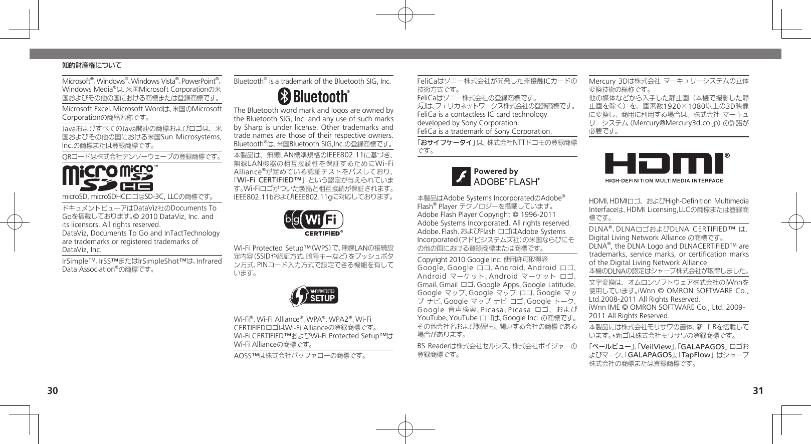 3031知的財産権についてFeliCaはソニー株式会社が開発した非接触ICカードの技術方式です。FeliCaはソニー株式会社の登録商標です。mは、フェリカネットワークス株式会社の登録商標です。FeliCa is a contactless IC card technology　 developed by Sony Corporation.　FeliCa is a trademark of Sony Corporation.　「おサイフケータイ」は、株式会社NTTドコモの登録商標です。本製品はAdobe Systems IncorporatedのAdobe®  Flash® Player テクノロジーを搭載しています。 Adobe Flash Player Copyright © 1996-2011 Adobe Systems Incorporated. All rights reserved. Adobe、Flash、およびFlash ロゴはAdobe Systems Incorporated（アドビシステムズ社）の米国ならびにその他の国における登録商標または商標です。Copyright 2010 Google Inc. 使用許可取得済Google、Google ロゴ、Android、Android ロゴ、 Android マーケット、Android マーケット ロゴ、 Gmail、Gmail ロゴ、Google Apps、Google Latitude、 Google マップ、Google マップ ロゴ、Google マッ プ ナビ、Google マップ ナビ ロゴ、Google トーク、 Google 音声検索、Picasa、Picasa ロゴ、および YouTube、YouTube ロゴは、Google Inc. の商標です。その他会社名および製品も、関連する会社の商標である場合があります。BS Readerは株式会社セルシス、株式会社ボイジャーの登録商標です。Mercury 3Dは株式会社 マーキュリーシステムの立体変換技術の総称です。他の媒体などから入手した静止画（本機で撮影した静止画を除く）を、 画素数1920×1080以上の3D映像に変換し、 商用に利用する場合は、株式会社 マーキュリーシステム（Mercury@Mercury3d.co.jp）の許諾が必要です。HDMI、HDMIロゴ、およびHigh-Definition Multimedia Interfaceは、HDMI Licensing,LLCの商標または登録商標です。DLNA®、DLNAロゴおよびDLNA CERTIFIED™ は、Digital Living Network Alliance の商標です。 DLNA®, the DLNA Logo and DLNACERTIFIED™ are trademarks, service marks, or certiﬁcation marks of the Digital Living Network Alliance.   本機のDLNAの認定はシャープ株式会社が取得しました。文字変換は、オムロンソフトウェア株式会社のiWnnを使用しています。iWnn © OMRON SOFTWARE Co., Ltd.2008-2011 All Rights Reserved.iWnn IME © OMRON SOFTWARE Co., Ltd. 2009-2011 All Rights Reserved.本製品には株式会社モリサワの書体、新ゴ Rを搭載しています。*新ゴは株式会社モリサワの登録商標です。「ベールビュー」、「VeilView」、「GALAPAGOS」ロゴおよびマーク、「GALAPAGOS」、「TapFlow」はシャープ株式会社の商標または登録商標です。Microsoft®、Windows®、Windows Vista®、PowerPoint®、 Windows Media®は、米国Microsoft Corporationの米国およびその他の国における商標または登録商標です。Microsoft Excel、Microsoft Wordは、米国のMicrosoft Corporationの商品名称です。JavaおよびすべてのJava関連の商標およびロゴは、米国およびその他の国における米国Sun Microsystems, Inc.の商標または登録商標です。QRコードは株式会社デンソーウェーブの登録商標です。microSD, microSDHCロゴはSD-3C, LLCの商標です。ドキュメントビューアはDataViz社のDocuments To Goを搭載しております。© 2010 DataViz, Inc. and its licensors. All rights reserved.DataViz, Documents To Go and InTactTechnology are trademarks or registered trademarks of DataViz, Inc.IrSimple™、IrSS™またはIrSimpleShot™は、Infrared Data Association®の商標です。Bluetooth® is a trademark of the Bluetooth SIG, Inc.The Bluetooth word mark and logos are owned by the Bluetooth SIG, Inc. and any use of such marks by Sharp is under license.  Other trademarks and trade names are those of their respective owners.Bluetooth®は、米国Bluetooth SIG,Inc.の登録商標です。本製品は、無線LAN標準規格のIEEE802.11に基づき、無線 LAN機器の相互接続性を保証するためにWi-Fi Alliance®が定めている認証テストをパスしており、「Wi-Fi CERTIFIED™」という認定が与えられています。Wi-Fiロゴがついた製品と相互接続が保証されます。IEEE802.11bおよびIEEE802.11gに対応しております。Wi-Fi Protected Setup™（WPS）で、無線LANの接続設定内容（SSIDや認証方式、暗号キーなど）をプッシュボタン方式、PINコード入力方式で設定できる機能を有しています。Wi-Fi®、Wi-Fi Alliance®、WPA®、WPA2®、Wi-Fi CERTIFIEDロゴはWi-Fi Allianceの登録商標です。Wi-Fi CERTIFIED™およびWi-Fi Protected Setup™はWi-Fi Allianceの商標です。AOSS™は株式会社バッファローの商標です。