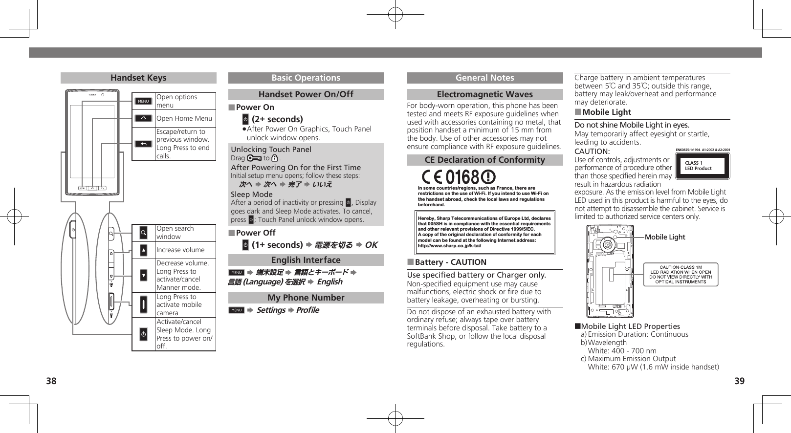 3839General NotesElectromagnetic WavesFor body-worn operation, this phone has been tested and meets RF exposure guidelines when used with accessories containing no metal, that position handset a minimum of 15 mm from the body. Use of other accessories may not ensure compliance with RF exposure guidelines.CE Declaration of ConformityIn some countries/regions, such as France, there are restrictions on the use of Wi-Fi. If you intend to use Wi-Fi on the handset abroad, check the local laws and regulations beforehand.Hereby, Sharp Telecommunications of Europe Ltd, declaresthat 005SH is in compliance with the essential requirements and other relevant provisions of Directive 1999/5/EC.A copy of the original declaration of conformity for each model can be found at the following Internet address:http://www.sharp.co.jp/k-tai/Battery - CAUTION ■Use speciﬁed battery or Charger only.Non-speciﬁed equipment use may cause malfunctions, electric shock or ﬁre due to battery leakage, overheating or bursting.Do not dispose of an exhausted battery with ordinary refuse; always tape over battery terminals before disposal. Take battery to a SoftBank Shop, or follow the local disposal regulations.Charge battery in ambient temperatures between 5℃ and 35℃; outside this range, battery may leak/overheat and performance may deteriorate.Mobile Light ■Do not shine Mobile Light in eyes.May temporarily affect eyesight or startle, leading to accidents.CAUTION:CLASS 1LED ProductEN60825-1:1994  A1:2002 &amp; A2:2001Use of controls, adjustments or performance of procedure other than those speciﬁed herein may result in hazardous radiation exposure. As the emission level from Mobile Light LED used in this product is harmful to the eyes, do not attempt to disassemble the cabinet. Service is limited to authorized service centers only.Mobile Light■Mobile Light LED Propertiesa) Emission Duration: Continuousb) Wavelength  White: 400 - 700 nmc) Maximum Emission Output  White: 670 µW (1.6 mW inside handset)Handset Keys0Open options menu1Open Home Menu2Escape/return to previous window. Long Press to end calls.MOpen search windowEIncrease volumeFDecrease volume. Long Press to activate/cancel Manner mode.ILong Press to activate mobile cameraNActivate/cancel Sleep Mode. Long Press to power on/off.　Basic OperationsHandset Power On/OffPower On ■&quot;N (2+ seconds)After Power On Graphics, Touch Panel  .unlock window opens.Unlocking Touch PanelDrag   to  .After Powering On for the First TimeInitial setup menu opens; follow these steps:次へ S 次へ S 完了 S いいえSleep ModeAfter a period of inactivity or pressing N, Display goes dark and Sleep Mode activates. To cancel, press N; Touch Panel unlock window opens.Power Off ■&quot;N (1+ seconds) S 電源を切る S OKEnglish Interface0 S 端末設定 S 言語とキーボード S  言語(Language)を選択 S EnglishMy Phone Number0 S Settings S Proﬁle