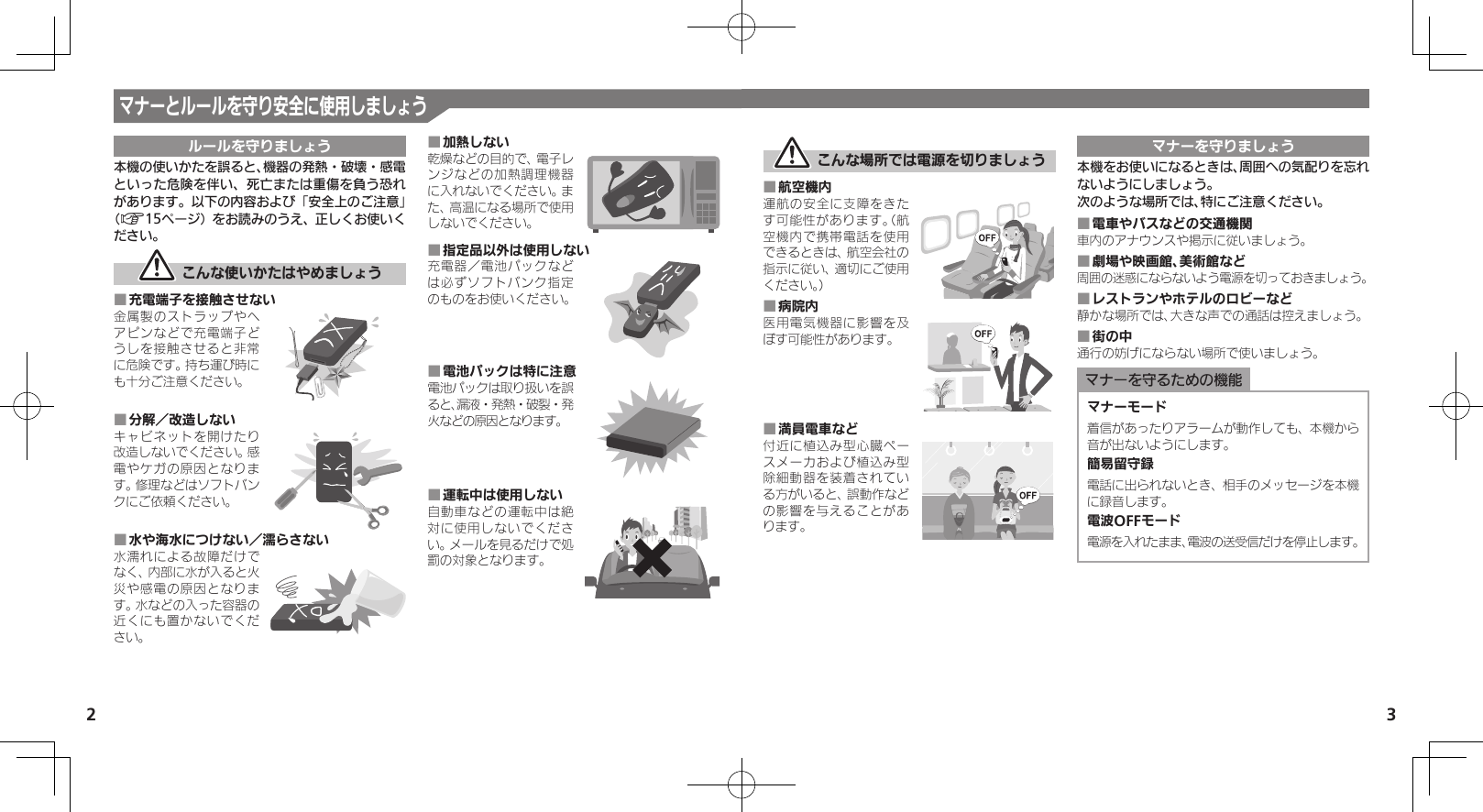 2 3マナーとルールを守り安全に使用しましょうルールを守りましょう本機の使いかたを誤ると、機器の発熱・破壊・感電といった危険を伴い、死亡または重傷を負う恐れがあります。以下の内容および「安全上のご注意」（A15ページ）をお読みのうえ、正しくお使いください。 こんな使いかたはやめましょう充電端子を接触させない ■金属製のストラップやヘアピンなどで充電端子どうしを接触させると非常に危険です。持ち運び時にも十分ご注意ください。分解／改造しない ■キャビネットを開けたり改造しないでください。感電やケガの原因となります。修理などはソフトバンクにご依頼ください。水や海水につけない／濡らさない ■水濡れによる故障だけでなく、内部に水が入ると火災や感電の原因となります。水などの入った容器の近くにも置かないでください。加熱しない ■乾燥などの目的で、電子レンジなどの加熱調理機器に入れないでください。また、高温になる場所で使用しないでください。指定品以外は使用しない ■充電器／電池パックなどは必ずソフトバンク指定のものをお使いください。電池パックは特に注意 ■電池パックは取り扱いを誤ると、漏液・発熱・破裂・発火などの原因となります。運転中は使用しない ■自動車などの運転中は絶対に使用しないでください。メールを見るだけで処罰の対象となります。 こんな場所では電源を切りましょう航空機内 ■運航の安全に支障をきたす可能性があります。（航空機内で携帯電話を使用できるときは、航空会社の指示に従い、適切にご使用ください。）病院内 ■医用電気機器に影響を及ぼす可能性があります。満員電車など ■付近に植込み型心臓ペースメーカおよび植込み型除細動器を装着されている方がいると、誤動作などの影響を与えることがあります。マナーを守りましょう本機をお使いになるときは、周囲への気配りを忘れないようにしましょう。次のような場所では、特にご注意ください。電車やバスなどの交通機関 ■車内のアナウンスや掲示に従いましょう。劇場や映画館、美術館など ■周囲の迷惑にならないよう電源を切っておきましょう。レストランやホテルのロビーなど ■静かな場所では、大きな声での通話は控えましょう。街の中 ■通行の妨げにならない場所で使いましょう。マナーを守るための機能マナーモード着信があったりアラームが動作しても、本機から音が出ないようにします。簡易留守録電話に出られないとき、相手のメッセージを本機に録音します。電波OFFモード電源を入れたまま、電波の送受信だけを停止します。