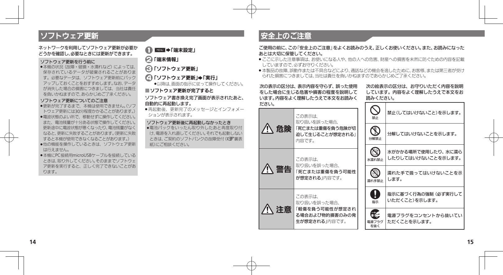 14 15ソフトウェア更新 安全上のご注意ネットワークを利用してソフトウェア更新が必要かどうかを確認し、必要なときには更新ができます。ソフトウェア更新を行う前に本機の状況（故障・破損・水濡れなど）によっては、 .保存されているデータが破棄されることがあります。必要なデータは、ソフトウェア更新前にバックアップしておくことをおすすめします。なお、データが消失した場合の損害につきましては、当社は責任を負いかねますので、あらかじめご了承ください。ソフトウェア更新についてのご注意更新が完了するまで、本機は使用できません。（ソフ .トウェア更新には30分程度かかることがあります。）電波状態のよい所で、移動せずに操作してください。 .また、電池残量が十分ある状態で操作してください。更新途中に電波状態が悪くなったり、電池残量がなくなると、更新に失敗することがあります。（更新に失敗すると本機が使用できなくなることがあります。）他の機能を操作しているときは、ソフトウェア更新 .は行えません。本機にPC接続用microUSBケーブルを接続している .ときは、取り外してください。そのままでソフトウェア更新を実行すると、正しく完了できないことがあります。 1 0S「端末設定」 2 「端末情報」 3 「ソフトウェア更新」% 4 「ソフトウェア更新」S「実行」%以降は、画面の指示に従って操作してください。 .ソフトウェア更新が完了すると ■ソフトウェア書き換え完了画面が表示されたあと、自動的に再起動します。再起動後、更新完了のメッセージとインフォメー .ションが表示されます。ソフトウェア更新後に再起動しなかったとき電池パックをいったん取り外したあと再度取り付 .け、電源を入れ直してください。それでも起動しないときは、ご契約のソフトバンクの故障受付（A裏表紙）にご相談ください。次の表示の区分は、表示内容を守らず、誤った使用をした場合に生じる危害や損害の程度を説明しています。内容をよく理解したうえで本文をお読みください。 危険この表示は、取り扱いを誤った場合、「死亡または重傷を負う危険が切迫して生じることが想定される」 内容です。 警告この表示は、取り扱いを誤った場合、「死亡または重傷を負う可能性が想定される」内容です。 注意この表示は、取り扱いを誤った場合、「軽傷を負う可能性が想定される場合および物的損害のみの発生が想定される」内容です。次の絵表示の区分は、お守りいただく内容を説明しています。内容をよく理解したうえで本文をお読みください。4禁止（してはいけないこと）を示します。5分解してはいけないことを示します。6水がかかる場所で使用したり、水に濡らしたりしてはいけないことを示します。7濡れた手で扱ってはいけないことを示します。8指示に基づく行為の強制（必ず実行していただくこと）を示します。9電源プラグをコンセントから抜いていただくことを示します。ご使用の前に、この「安全上のご注意」をよくお読みのうえ、正しくお使いください。また、お読みになったあとは大切に保管してください。ここに示した注意事項は、お使いになる人や、他の人への危害、財産への損害を未然に防ぐための内容を記載 .していますので、必ずお守りください。本製品の故障、誤動作または不具合などにより、通話などの機会を逸したために、お客様、または第三者が受け .られた損害につきましては、当社は責任を負いかねますのであらかじめご了承ください。