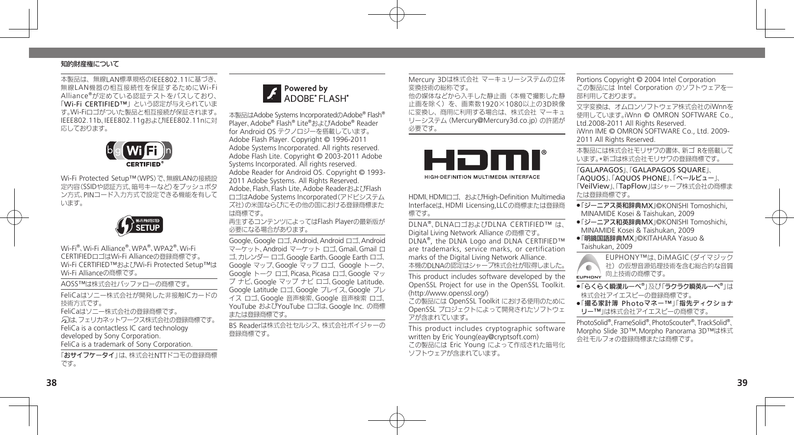 3839知的財産権についてMercury 3Dは株式会社 マーキュリーシステムの立体変換技術の総称です。他の媒体などから入手した静止画（本機で撮影した静止画を除く）を、 画素数1920×1080以上の3D映像に変換し、 商用に利用する場合は、株式会社 マーキュリーシステム（Mercury@Mercury3d.co.jp）の許諾が必要です。HDMI、HDMIロゴ、およびHigh-Definition Multimedia Interfaceは、HDMI Licensing,LLCの商標または登録商標です。DLNA®、DLNAロゴおよびDLNA CERTIFIED™ は、Digital Living Network Alliance の商標です。 DLNA®, the DLNA Logo and  DLNA CERTIFIED™ are trademarks, service marks, or certification marks of the Digital Living Network Alliance.   本機のDLNAの認定はシャープ株式会社が取得しました。This product includes software developed by  the OpenSSL Project for use in  the OpenSSL Toolkit. (http://www.openssl.org/)     この製品には OpenSSL Toolkit における使用のために OpenSSL プロジェクトによって開発されたソフトウェアが含まれています。This product includes cryptographic software written by Eric Young(eay@cryptsoft.com)   この製品には Eric Young によって作成された暗号化ソフトウェアが含まれています。Portions Copyright © 2004 Intel Corporation   この製品には Intel Corporation のソフトウェアを一部利用しております。文字変換は、オムロンソフトウェア株式会社のiWnnを使用しています。iWnn © OMRON SOFTWARE Co., Ltd.2008-2011 All Rights Reserved.iWnn IME © OMRON SOFTWARE Co., Ltd. 2009-2011 All Rights Reserved.本製品には株式会社モリサワの書体、新ゴ  Rを搭載しています。*新ゴは株式会社モリサワの登録商標です。「GALAPAGOS」、「GALAPAGOS SQUARE」、「AQUOS」、「AQUOS PHONE」、「ベールビュー」、「VeilView」、「TapFlow」はシャープ株式会社の商標または登録商標です。「ジーニアス英和辞典MX」 .©KONISHI Tomoshichi, MINAMIDE Kosei &amp; Taishukan, 2009 「 .ジーニアス和英辞典MX」©KONISHI Tomoshichi, MINAMIDE Kosei &amp; Taishukan, 2009 「 .明鏡国語辞典MX」©KITAHARA Yasuo &amp; Taishukan, 2009EUPHONY™は、DiMAGIC（ダイマジック社）の仮想音源処理技術を含む総合的な音質向上技術の商標です。 「 .らくらく瞬漢ルーペ®」及び「ラクラク瞬英ルーペ®」は株式会社アイエスピーの登録商標です。「 .撮る家計簿 Photoマネー™」「指先ディクショナリー™」は株式会社アイエスピーの商標です。PhotoSolid®、FrameSolid®、PhotoScouter®、TrackSolid®、Morpho Slide 3D™、Morpho Panorama 3D™は株式会社モルフォの登録商標または商標です。本製品は、無線LAN標準規格のIEEE802.11に基づき、無線 LAN機器の相互接続性を保証するためにWi-Fi Alliance®が定めている認証テストをパスしており、「Wi-Fi CERTIFIED™」という認定が与えられています。Wi-Fiロゴがついた製品と相互接続が保証されます。IEEE802.11b、IEEE802.11gおよびIEEE802.11nに対応しております。Wi-Fi Protected Setup™（WPS）で、無線LANの接続設定内容（SSIDや認証方式、暗号キーなど）をプッシュボタン方式、PINコード入力方式で設定できる機能を有しています。Wi-Fi®、Wi-Fi Alliance®、WPA®、WPA2®、Wi-Fi CERTIFIEDロゴはWi-Fi Allianceの登録商標です。Wi-Fi CERTIFIED™およびWi-Fi Protected Setup™はWi-Fi Allianceの商標です。AOSS™は株式会社バッファローの商標です。FeliCaはソニー株式会社が開発した非接触ICカードの技術方式です。FeliCaはソニー株式会社の登録商標です。mは、フェリカネットワークス株式会社の登録商標です。FeliCa is a contactless IC card technology　 developed by Sony Corporation.　FeliCa is a trademark of Sony Corporation.　「おサイフケータイ」は、株式会社NTTドコモの登録商標です。本製品はAdobe Systems IncorporatedのAdobe® Flash® Player、Adobe® Flash® Lite®およびAdobe® Reader for Android OS テクノロジーを搭載しています。Adobe Flash Player. Copyright © 1996-2011 Adobe Systems Incorporated. All rights reserved.Adobe Flash Lite. Copyright © 2003-2011 Adobe Systems Incorporated. All rights reserved.Adobe Reader for Android OS. Copyright © 1993-2011 Adobe Systems. All Rights Reserved.Adobe、Flash、Flash Lite、Adobe ReaderおよびFlash ロゴはAdobe Systems Incorporated（アドビシステムズ社）の米国ならびにその他の国における登録商標または商標です。再生するコンテンツによってはFlash Playerの最新版が必要になる場合があります。Google、Google ロゴ、Android、Android ロゴ、Android マーケット、Android マーケット ロゴ、Gmail、Gmail ロゴ、カレンダー ロゴ、Google Earth、Google Earth ロゴ、Google マップ、Google マップ ロゴ、 Google トーク、Google トーク ロゴ、Picasa、Picasa ロゴ、Google マップ ナビ、Google マップ ナビ ロゴ、Google Latitude、Google Latitude ロゴ、Google プレイス、Google プレイス ロゴ、Google 音声検索、Google 音声検索 ロゴ、YouTube およびYouTube ロゴは、Google Inc. の商標または登録商標です。BS Readerは株式会社セルシス、株式会社ボイジャーの登録商標です。