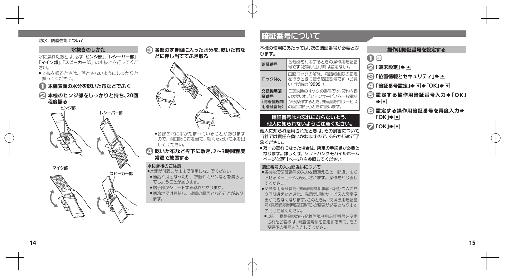 14 15防水／防塵性能について 暗証番号について本機の使用にあたっては、次の暗証番号が必要となります。暗証番号 各機能を利用するときの操作用暗証番号です（お買い上げ時は設定なし）。ロックNo.画面ロックの解除、電話帳制限の設定を行うときに使う暗証番号です（お買い上げ時は「9999」）。交換機用暗証番号 （発着信規制用暗証番号）ご契約時の４ケタの番号です。契約内容の変更、オプションサービスを一般電話から操作するとき、発着信規制サービスの設定を行うときに使います。暗証番号はお忘れにならないよう、他人に知られないようご注意ください。他人に知られ悪用されたときは、その損害について当社では責任を負いかねますので、あらかじめご了承ください。万一お忘れになった場合は、所定の手続きが必要と .なります。詳しくは、ソフトバンクモバイルホームページ（A1ページ）を参照してください。暗証番号の入力間違いについて各機能で暗証番号の入力を間違えると、間違いを知 .らせるメッセージが表示されます。操作をやり直してください。交換機用暗証番号（発着信規制用暗証番号）の入力を .３回間違えたときは、発着信規制サービスの設定変更ができなくなります。このときは、交換機用暗証番号（発着信規制用暗証番号）の変更が必要となりますのでご注意ください。以前、携帯電話から発着信規制用暗証番号を変更 ,されたお客様は、発着信規制を設定する際に、その変更後の番号を入力してください。操作用暗証番号を設定する 1 &apos; 2 「端末設定」S% 3 「位置情報とセキュリティ」S% 4 「暗証番号設定」S%S「OK」S% 5 設定する操作用暗証番号入力S「OK」S% 6 設定する操作用暗証番号を再度入力S 「OK」S% 7 「OK」S%水抜きのしかた水に濡れたあとは、必ず「ヒンジ部」、「レシーバー部」、「マイク部」、「スピーカー部」の水抜きを行ってくだ さい。本機を振るときは、落とさないようにしっかりと .握ってください。 1 本機表面の水分を乾いた布などでふく 2 本機のヒンジ部をしっかりと持ち、20回程度振るɚɻɀ⤴Ɂɜʀȳʀ⤴ɦȬȷ⤴ɴȿʀɘʀ⤴ 3 各部のすき間に入った水分を、乾いた布などに押し当ててふき取る各部の穴に水がたまっていることがあります .ので、開口部に布を当て、軽くたたいて水を出してください。 4 乾いた布などを下に敷き、2～3時間程度常温で放置する水抜き後のご注意水滴が付着したままで使用しないでください。 .通話不良となったり、衣服やカバンなどを濡らし ,てしまうことがあります。端子部がショートする恐れがあります。 ,寒冷地では凍結し、故障の原因となることがあり ,ます。