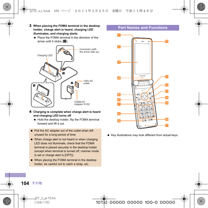 j07_2_pr15.fm[104/115] ~~~~~~~~~~~~~~~~~~~~~~~~~104 その他3When placing the FOMA terminal in the desktop holder, charge alert is heard, charging LED illuminates, and charging starts Place the FOMA terminal in the direction of the arrow until it clicks (3).4Charging is complete when charge alert is heard and charging LED turns off Hold the desktop holder, flip the FOMA terminal forward and lift it out. Pull the AC adapter out of the outlet when left unused for a long period of time. When charge alert is not heard or when charging LED does not illuminate, check that the FOMA terminal is placed securely in the desktop holder (except when terminal is turned off, manner mode is set or charge alert is [OFF]). When placing the FOMA terminal in the desktop holder, be careful not to catch a strap, etc.Charging LEDConnector (with the arrow side up)100V ACoutletFOMA ACAdapter 01/02Part Names and Functions Key illustrations may look different from actual keys.pr15_uj.book  104 ページ  ２０１１年３月２５日　金曜日　午前１１時４６分