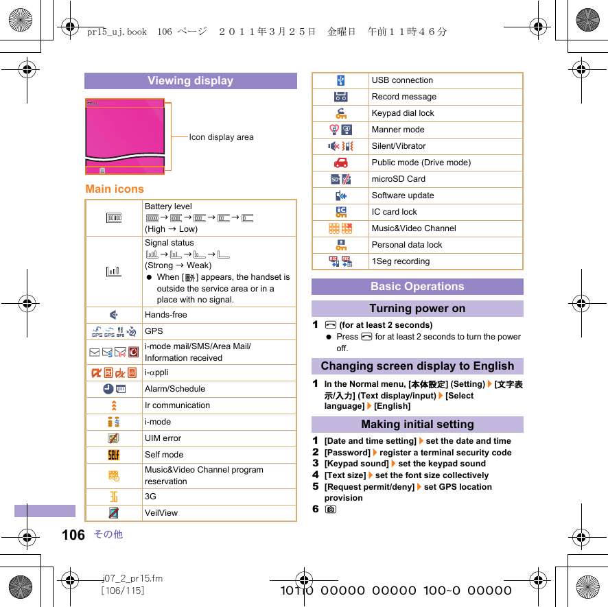 j07_2_pr15.fm[106/115] ~~~~~~~~~~~~~~~~~~~~~~~~~106 その他Main icons1H (for at least 2 seconds) Press H for at least 2 seconds to turn the power off.1In the Normal menu, [本体設定] (Setting)/[文字表示/入力] (Text display/input)/[Select language]/[English]1[Date and time setting]/set the date and time2[Password]/register a terminal security code3[Keypad sound]/set the keypad sound4[Text size]/set the font size collectively5[Request permit/deny]/set GPS location provision6CViewing displayBattery levelbbbb (High b Low)Signal statusbbb (Strong b Weak) When [ ] appears, the handset is outside the service area or in a place with no signal. Hands-freeGPSi-mode mail/SMS/Area Mail/Information receivedi-αppliAlarm/ScheduleIr communicationi-modeUIM errorSelf modeMusic&amp;Video Channel program reservation3GVeilViewIcon display areaUSB connectionRecord messageKeypad dial lockManner modeSilent/VibratorPublic mode (Drive mode)microSD CardSoftware updateIC card lockMusic&amp;Video ChannelPersonal data lock1Seg recordingBasic OperationsTurning power onChanging screen display to EnglishMaking initial settingpr15_uj.book  106 ページ  ２０１１年３月２５日　金曜日　午前１１時４６分