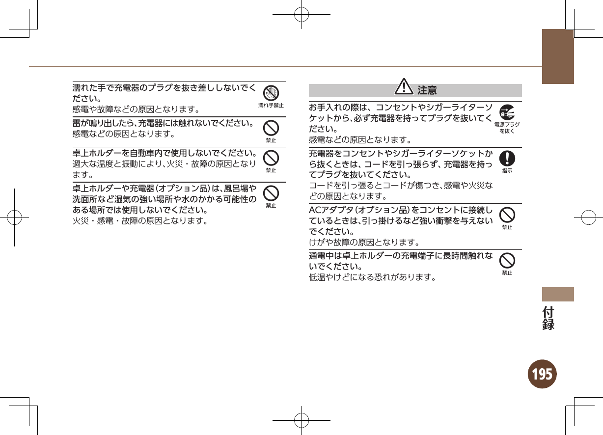 195濡れた手で充電器のプラグを抜き差ししないでください。感電や故障などの原因となります。雷が鳴り出したら、充電器には触れないでください。感電などの原因となります。卓上ホルダーを自動車内で使用しないでください。過大な温度と振動により、火災・故障の原因となります。卓上ホルダーや充電器（オプション品）は、風呂場や洗面所など湿気の強い場所や水のかかる可能性のある場所では使用しないでください。火災・感電・故障の原因となります。 注意お手入れの際は、コンセントやシガーライターソケットから、必ず充電器を持ってプラグを抜いてください。感電などの原因となります。充電器をコンセントやシガーライターソケットから抜くときは、コードを引っ張らず、充電器を持ってプラグを抜いてください。コードを引っ張るとコードが傷つき、感電や火災などの原因となります。ACアダプタ（オプション品）をコンセントに接続しているときは、引っ掛けるなど強い衝撃を与えないでください。けがや故障の原因となります。通電中は卓上ホルダーの充電端子に長時間触れないでください。低温やけどになる恐れがあります。74449844