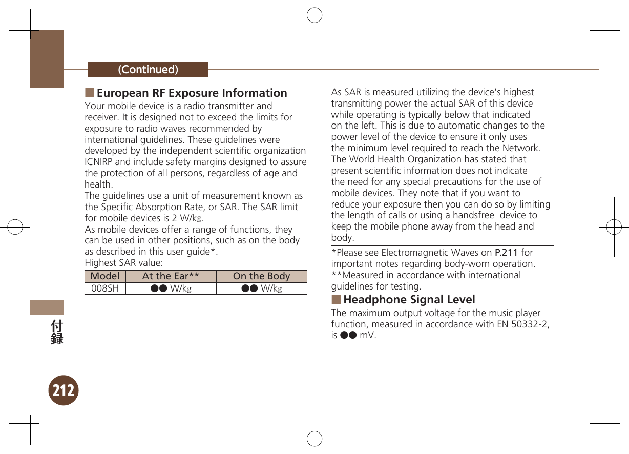 212(Continued)European RF Exposure Information ■Your mobile device is a radio transmitter and receiver. It is designed not to exceed the limits for exposure to radio waves recommended by international guidelines. These guidelines were  developed by the independent scientiﬁc organization ICNIRP and include safety margins designed to assure the protection of all persons, regardless of age and health.The guidelines use a unit of measurement known as the Speciﬁc Absorption Rate, or SAR. The SAR limit for mobile devices is 2 W/kg.As mobile devices offer a range of functions, they can be used in other positions, such as on the body as described in this user guide*.Highest SAR value:Model At the Ear** On the Body008SH ●● W/kg●● W/kgAs SAR is measured utilizing the device&apos;s highest transmitting power the actual SAR of this device while operating is typically below that indicated  on the left. This is due to automatic changes to the power level of the device to ensure it only uses  the minimum level required to reach the Network. The World Health Organization has stated that present scientiﬁc information does not indicate the need for any special precautions for the use of mobile devices. They note that if you want to reduce your exposure then you can do so by limiting the length of calls or using a handsfree  device to keep the mobile phone away from the head and body. *Please see Electromagnetic Waves on P.211 for important notes regarding body-worn operation.**Measured in accordance with international guidelines for testing.Headphone Signal Level ■The maximum output voltage for the music player function, measured in accordance with EN 50332-2, is ●● mV.