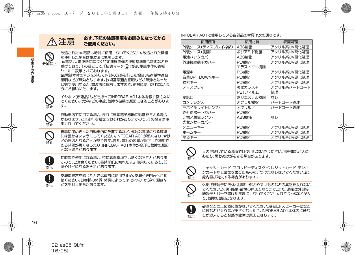 16安全上のご注意j02_as35_9j.fm[16/28]INFOBAR A01で使用している各部品の材質は次の通りです。注意 必ず、下記の注意事項をお読みになってからご使用ください。改造されたau電話は絶対に使用しないでください。改造された機器を使用した場合は電波法に抵触します。au電話は、電波法に基づく特定無線設備の技術基準適合証明などを受けており、その証として、「技適マーク 」がau電話本体の銘板シールに表示されております。au電話本体のネジを外して内部の改造を行った場合、技術基準適合証明などが無効となります。技術基準適合証明などが無効となった状態で使用すると、電波法に抵触しますので、絶対に使用されないようにお願いいたします。イヤホン（市販品）などを持ってINFOBAR A01本体を振り回さないでください。けがなどの事故、故障や破損の原因になることがあります。自動車内で使用する場合、まれに車載電子機器に影響を与える場合があります。安全走行を損なうおそれがありますので、その場合は使用しないでください。夏季に閉めきった自動車内に放置するなど、極端な高温になる環境には置かないようにしてください。INFOBAR A01が熱くなり、やけどの原因となることがあります。また、電池の容量が低下しご利用できる時間が短くなったり、INFOBAR A01本体が変形し故障の原因となる場合があります。長時間ご使用になる場合、特に高温環境では熱くなることがありますので、ご注意ください。長時間肌に触れたまま使用していると、低温やけどになるおそれがあります。皮膚に異常を感じたときは直ちに使用を止め、皮膚科専門医へご相談ください。お客様の体質・体調によっては、かゆみ・かぶれ・湿疹などを生じる場合があります。使用箇所 使用材質 表面処理外装ケース（ディスプレイ枠部） ABS樹脂 アクリル系UV硬化処理外装ケース（側面） ポリアミド樹脂 アクリル系UV硬化処理電池パックカバー ABS樹脂 アクリル系UV硬化処理外部接続端子カバー PC樹脂・エラストマー樹脂アクリル系UV硬化処理電源キー PC樹脂 アクリル系UV硬化処理音量UP／DOWNキー PC樹脂 アクリル系UV硬化処理検索キー PC樹脂 アクリル系UV硬化処理ディスプレイ 強化ガラス＋PETフィルムアクリル系ハードコート処理受話口 ポリエステル樹脂 なしカメラレンズ アクリル樹脂 ハードコート処理モバイルライトレンズ・赤外線ポートカバーアクリル／PC樹脂ハードコート処理充電／着信ランプ・光センサーカバーABS樹脂 なしメニューキー PC樹脂 アクリル系UV硬化処理ホームキー PC樹脂 アクリル系UV硬化処理戻るキー PC樹脂 アクリル系UV硬化処理人の混雑している場所では使用しないでください。携帯電話が人にあたり、思わぬけがをする場合があります。キャッシュカード・フロッピーディスク・クレジットカード・テレホンカードなど磁気を帯びたものを近づけたりしないでください。記録内容が消失する場合があります。外部接続端子に液体・金属片・燃えやすいものなどの異物を入れないでください。火災・感電・故障の原因となります。また、通常は外部接続端子カバーを開けたままにしないでください。ほこり・水などが入り、故障の原因となります。砂浜などの上に直に置かないでください。受話口・スピーカー部などに砂などが入り音が小さくなったり、INFOBAR A01本体内に砂などが混入すると発熱や故障の原因となります。as35_j.book  16 ページ  ２０１１年５月３１日　火曜日　午後６時４０分