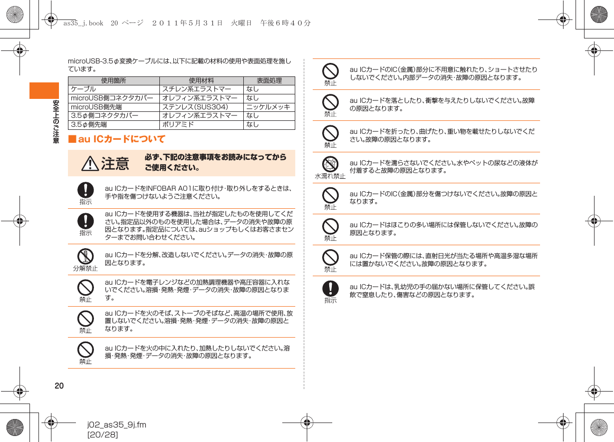 20安全上のご注意j02_as35_9j.fm[20/28]microUSB-3.5φ変換ケーブルには、以下に記載の材料の使用や表面処理を施しています。■ au ICカードについて使用箇所 使用材料 表面処理ケーブル スチレン系エラストマー なしmicroUSB側コネクタカバー オレフィン系エラストマー なしmicroUSB側先端 ステンレス（SUS304） ニッケルメッキ3.5φ側コネクタカバー オレフィン系エラストマー なし3.5φ側先端 ポリアミド なし注意 必ず、下記の注意事項をお読みになってからご使用ください。au ICカードをINFOBAR A01に取り付け・取り外しをするときは、手や指を傷つけないようご注意ください。au ICカードを使用する機器は、当社が指定したものを使用してください。指定品以外のものを使用した場合は、データの消失や故障の原因となります。指定品については、auショップもしくはお客さまセンターまでお問い合わせください。au ICカードを分解、改造しないでください。データの消失・故障の原因となります。au ICカードを電子レンジなどの加熱調理機器や高圧容器に入れないでください。溶損・発熱・発煙・データの消失・故障の原因となります。au ICカードを火のそば、ストーブのそばなど、高温の場所で使用、放置しないでください。溶損・発熱・発煙・データの消失・故障の原因となります。au ICカードを火の中に入れたり、加熱したりしないでください。溶損・発熱・発煙・データの消失・故障の原因となります。au ICカードのIC（金属）部分に不用意に触れたり、ショートさせたりしないでください。内部データの消失・故障の原因となります。au ICカードを落としたり、衝撃を与えたりしないでください。故障の原因となります。au ICカードを折ったり、曲げたり、重い物を載せたりしないでください。故障の原因となります。au ICカードを濡らさないでください。水やペットの尿などの液体が付着すると故障の原因となります。au ICカードのIC（金属）部分を傷つけないでください。故障の原因となります。au ICカードはほこりの多い場所には保管しないでください。故障の原因となります。au ICカード保管の際には、直射日光が当たる場所や高温多湿な場所には置かないでください。故障の原因となります。au ICカードは、乳幼児の手の届かない場所に保管してください。誤飲で窒息したり、傷害などの原因となります。as35_j.book  20 ページ  ２０１１年５月３１日　火曜日　午後６時４０分