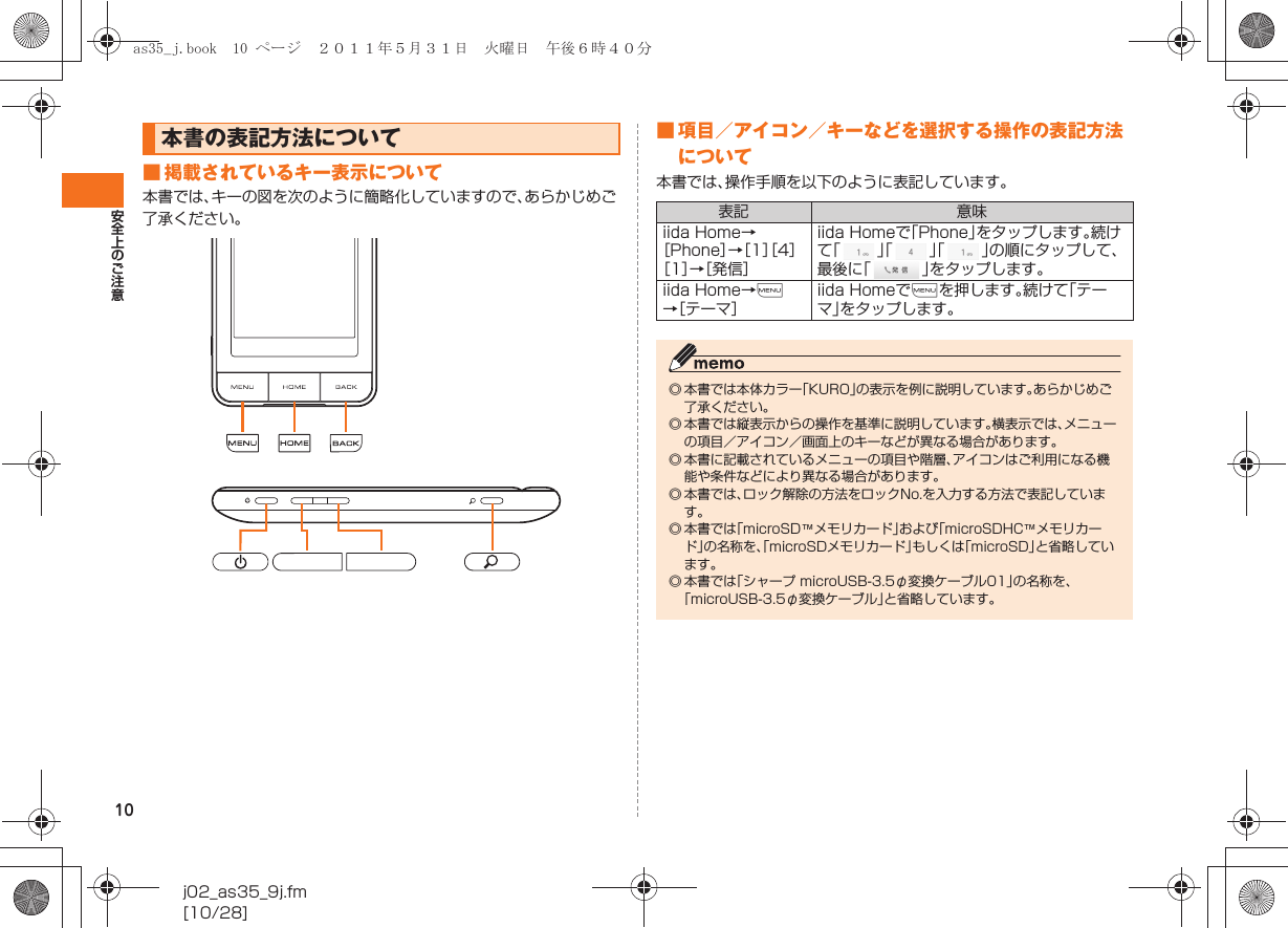 10安全上のご注意j02_as35_9j.fm[10/28]■ 掲載されているキー表示について本書では、キーの図を次のように簡略化していますので、あらかじめご了承ください。■ 項目／アイコン／キーなどを選択する操作の表記方法について本書では、操作手順を以下のように表記しています。本書の表記方法について表記 意味iida Home→［Phone］→［1］［4］［1］→［発信］iida Homeで「Phone」をタップします。続けて「」「」「」の順にタップして、最後に「」をタップします。iida Home→e→［テーマ］iida Homeでeを押します。続けて「テーマ」をタップします。◎ 本書では本体カラー「KURO」の表示を例に説明しています。あらかじめご了承ください。 ◎ 本書では縦表示からの操作を基準に説明しています。横表示では、メニューの項目／アイコン／画面上のキーなどが異なる場合があります。◎ 本書に記載されているメニューの項目や階層、アイコンはご利用になる機能や条件などにより異なる場合があります。◎ 本書では、ロック解除の方法をロックNo.を入力する方法で表記しています。◎ 本書では「microSD™メモリカード」および「microSDHC™メモリカード」の名称を、「microSDメモリカード」もしくは「microSD」と省略しています。◎ 本書では「シャープ microUSB-3.5φ変換ケーブル01」の名称を、「microUSB-3.5φ変換ケーブル」と省略しています。as35_j.book  10 ページ  ２０１１年５月３１日　火曜日　午後６時４０分