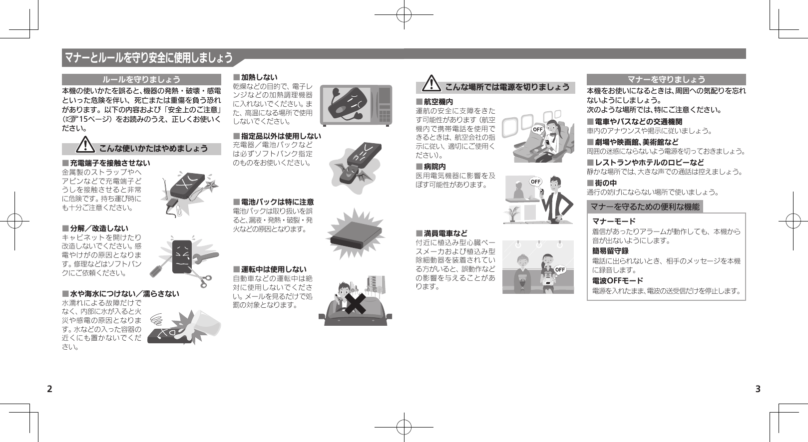 2 3マナーとルールを守り安全に使用しましょうルールを守りましょう本機の使いかたを誤ると、機器の発熱・破壊・感電といった危険を伴い、死亡または重傷を負う恐れがあります。以下の内容および「安全上のご注意」（A15ページ）をお読みのうえ、正しくお使いください。 こんな使いかたはやめましょう充電端子を接触させない ■金属製のストラップやヘアピンなどで充電端子どうしを接触させると非常に危険です。持ち運び時にも十分ご注意ください。分解／改造しない ■キャビネットを開けたり改造しないでください。感電やけがの原因となります。修理などはソフトバンクにご依頼ください。水や海水につけない／濡らさない ■水濡れによる故障だけでなく、内部に水が入ると火災や感電の原因となります。水などの入った容器の近くにも置かないでください。加熱しない ■乾燥などの目的で、電子レンジなどの加熱調理機器に入れないでください。また、高温になる場所で使用しないでください。指定品以外は使用しない ■充電器／電池パックなどは必ずソフトバンク指定のものをお使いください。電池パックは特に注意 ■電池パックは取り扱いを誤ると、漏液・発熱・破裂・発火などの原因となります。運転中は使用しない ■自動車などの運転中は絶対に使用しないでください。メールを見るだけで処罰の対象となります。 こんな場所では電源を切りましょう航空機内 ■運航の安全に支障をきたす可能性があります（航空機内で携帯電話を使用できるときは、航空会社の指示に従い、適切にご使用ください）。病院内 ■医用電気機器に影響を及ぼす可能性があります。満員電車など ■付近に植込み型心臓ペースメーカおよび植込み型除細動器を装着されている方がいると、誤動作などの影響を与えることがあります。マナーを守りましょう本機をお使いになるときは、周囲への気配りを忘れないようにしましょう。次のような場所では、特にご注意ください。電車やバスなどの交通機関 ■車内のアナウンスや掲示に従いましょう。劇場や映画館、美術館など ■周囲の迷惑にならないよう電源を切っておきましょう。レストランやホテルのロビーなど ■静かな場所では、大きな声での通話は控えましょう。街の中 ■通行の妨げにならない場所で使いましょう。マナーを守るための便利な機能マナーモード着信があったりアラームが動作しても、本機から音が出ないようにします。簡易留守録電話に出られないとき、相手のメッセージを本機に録音します。電波OFFモード電源を入れたまま、電波の送受信だけを停止します。