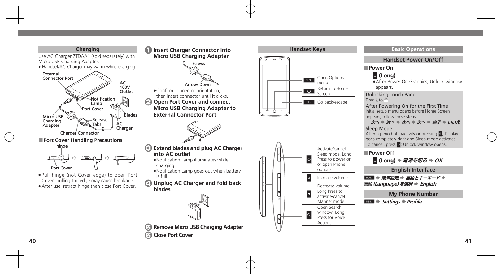 4041Handset Keys0Open Options menu1Return to Home Screen2Go back/escape NActivate/cancel Sleep mode. Long Press to power on or open Phone options.EIncrease volumeFDecrease volume. Long Press to activate/cancel Manner mode.MOpen Search window. Long Press for Voice Actions.Basic OperationsHandset Power On/OffPower On ■&quot;N (Long)After Power On Graphics, Unlock window  .appears.Unlocking Touch PanelDrag   to  .After Powering On for the First TimeInitial setup menu opens before Home Screen appears; follow these steps:次へ S 次へ S 次へ S 次へ S 完了 S いいえSleep ModeAfter a period of inactivity or pressing N, Display goes completely dark and Sleep mode activates. To cancel, press N; Unlock window opens.Power Off ■&quot;N (Long) S 電源を切る S OKEnglish Interface0 S 端末設定 S 言語とキーボード S  言語(Language)を選択 S EnglishMy Phone Number0 S Settings S ProﬁleChargingUse AC Charger ZTDAA1 (sold separately) with Micro USB Charging Adapter.Handset/AC Charger may warm while charging.• AC 100V OutletExternal Connector PortPort CoverNotification LampCharger ConnectorRelease TabsBladesMicro USB Charging Adapter AC ChargerPort Cover Handling Precautions ■hingePort CoverPull hinge (not Cover edge) to open Port  .Cover; pulling the edge may cause breakage.After use, retract hinge then close Port Cover. . 1 Insert Charger Connector into Micro USB Charging AdapterArrows DownScrewsConﬁrm connector orientation,   .then insert connector until it clicks. 2 Open Port Cover and connect Micro USB Charging Adapter to External Connector Port 3 Extend blades and plug AC Charger into AC outletNotiﬁcation Lamp illuminates while  .charging.Notiﬁcation Lamp goes out when battery  .is full. 4 Unplug AC Charger and fold back blades 5 Remove Micro USB Charging Adapter 6 Close Port Cover