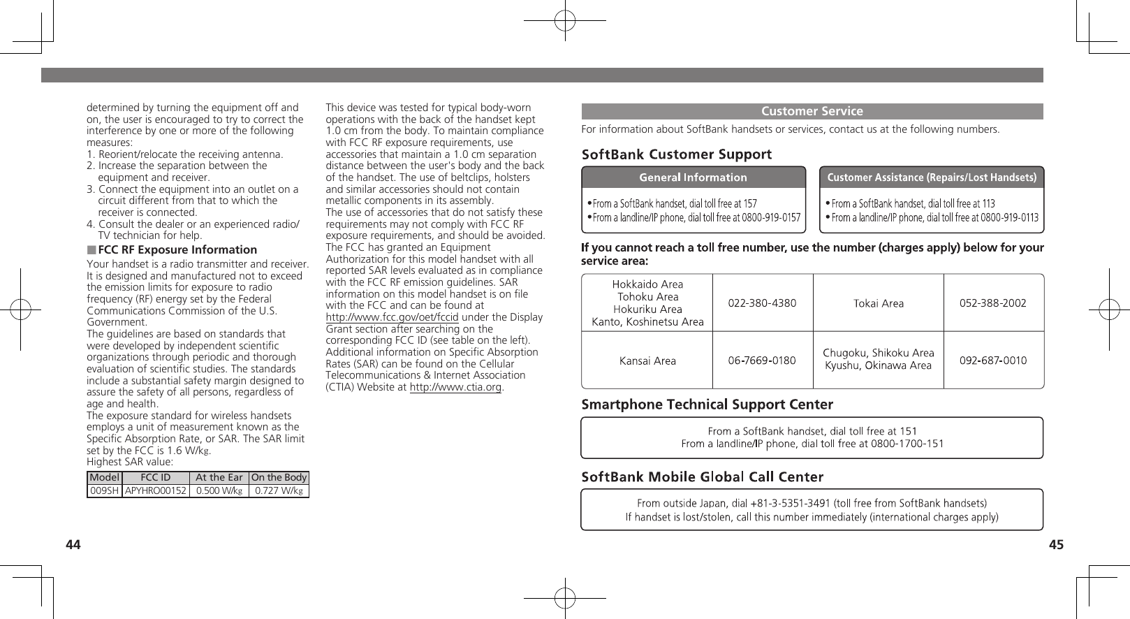 44 45Customer ServiceFor information about SoftBank handsets or services, contact us at the following numbers.determined by turning the equipment off and on, the user is encouraged to try to correct the interference by one or more of the following measures:1. Reorient/relocate the receiving antenna.2. Increase the separation between the equipment and receiver.3. Connect the equipment into an outlet on a circuit different from that to which the receiver is connected.4. Consult the dealer or an experienced radio/TV technician for help.FCC RF Exposure Information ■Your handset is a radio transmitter and receiver.It is designed and manufactured not to exceed the emission limits for exposure to radio frequency (RF) energy set by the Federal Communications Commission of the U.S. Government.The guidelines are based on standards that were developed by independent scientiﬁc organizations through periodic and thorough evaluation of scientiﬁc studies. The standards include a substantial safety margin designed to assure the safety of all persons, regardless of age and health.The exposure standard for wireless handsets employs a unit of measurement known as the Speciﬁc Absorption Rate, or SAR. The SAR limit set by the FCC is 1.6 W/kg.Highest SAR value:Model FCC ID At the Ear On the Body009SH APYHRO00152 0.500 W/kg0.727 W/kgThis device was tested for typical body-worn operations with the back of the handset kept 1.0 cm from the body. To maintain compliance with FCC RF exposure requirements, use accessories that maintain a 1.0 cm separation distance between the user&apos;s body and the back of the handset. The use of beltclips, holsters and similar accessories should not contain metallic components in its assembly.The use of accessories that do not satisfy these requirements may not comply with FCC RF exposure requirements, and should be avoided.The FCC has granted an Equipment Authorization for this model handset with all reported SAR levels evaluated as in compliance with the FCC RF emission guidelines. SAR information on this model handset is on ﬁle with the FCC and can be found at  http://www.fcc.gov/oet/fccid under the Display  Grant section after searching on the corresponding FCC ID (see table on the left).Additional information on Speciﬁc Absorption Rates (SAR) can be found on the Cellular Telecommunications &amp; Internet Association (CTIA) Website at http://www.ctia.org.