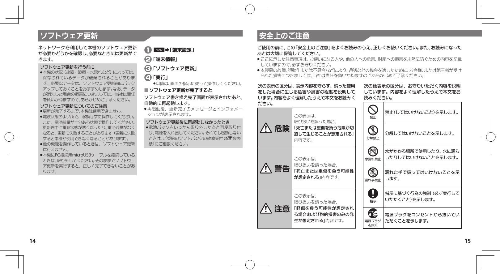 14 15ソフトウェア更新 安全上のご注意ネットワークを利用して本機のソフトウェア更新が必要かどうかを確認し、必要なときには更新ができます。ソフトウェア更新を行う前に本機の状況（故障・破損・水濡れなど）によっては、 .保存されているデータが破棄されることがあります。必要なデータは、ソフトウェア更新前にバックアップしておくことをおすすめします。なお、データが消失した場合の損害につきましては、当社は責任を負いかねますので、あらかじめご了承ください。ソフトウェア更新についてのご注意更新が完了するまで、本機は使用できません。 .電波状態のよい所で、移動せずに操作してください。 .また、電池残量が十分ある状態で操作してください。更新途中に電波状態が悪くなったり、電池残量がなくなると、更新に失敗することがあります（更新に失敗すると本機が使用できなくなることがあります）。他の機能を操作しているときは、ソフトウェア更新 .は行えません。本機にPC接続用microUSBケーブルを接続している .ときは、取り外してください。そのままでソフトウェア更新を実行すると、正しく完了できないことがあります。 1 0S「端末設定」 2 「端末情報」 3 「ソフトウェア更新」 4 「実行」以降は、画面の指示に従って操作してください。 .ソフトウェア更新が完了すると ■ソフトウェア書き換え完了画面が表示されたあと、自動的に再起動します。再起動後、更新完了のメッセージとインフォメー .ションが表示されます。ソフトウェア更新後に再起動しなかったとき電池パックをいったん取り外したあと再度取り付 .け、電源を入れ直してください。それでも起動しないときは、ご契約のソフトバンクの故障受付（A裏表紙）にご相談ください。次の表示の区分は、表示内容を守らず、誤った使用をした場合に生じる危害や損害の程度を説明しています。内容をよく理解したうえで本文をお読みください。 危険この表示は、取り扱いを誤った場合、「死亡または重傷を負う危険が切迫して生じることが想定される」 内容です。 警告この表示は、取り扱いを誤った場合、「死亡または重傷を負う可能性が想定される」内容です。 注意この表示は、取り扱いを誤った場合、「軽傷を負う可能性が想定される場合および物的損害のみの発生が想定される」内容です。次の絵表示の区分は、お守りいただく内容を説明しています。内容をよく理解したうえで本文をお読みください。4禁止（してはいけないこと）を示します。5分解してはいけないことを示します。6水がかかる場所で使用したり、水に濡らしたりしてはいけないことを示します。7濡れた手で扱ってはいけないことを示します。8指示に基づく行為の強制（必ず実行していただくこと）を示します。9電源プラグをコンセントから抜いていただくことを示します。ご使用の前に、この「安全上のご注意」をよくお読みのうえ、正しくお使いください。また、お読みになったあとは大切に保管してください。ここに示した注意事項は、お使いになる人や、他の人への危害、財産への損害を未然に防ぐための内容を記載 .していますので、必ずお守りください。本製品の故障、誤動作または不具合などにより、通話などの機会を逸したために、お客様、または第三者が受け .られた損害につきましては、当社は責任を負いかねますのであらかじめご了承ください。