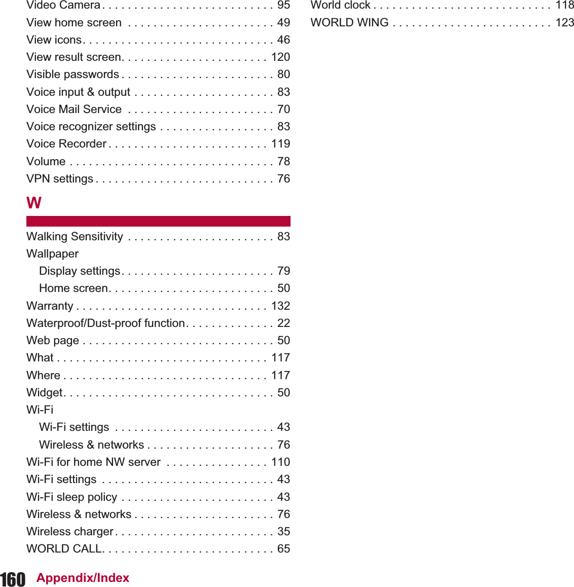 160 Appendix/IndexVideo Camera. . . . . . . . . . . . . . . . . . . . . . . . . . . 95View home screen  . . . . . . . . . . . . . . . . . . . . . . . 49View icons. . . . . . . . . . . . . . . . . . . . . . . . . . . . . . 46View result screen. . . . . . . . . . . . . . . . . . . . . . . 120Visible passwords . . . . . . . . . . . . . . . . . . . . . . . . 80Voice input &amp; output . . . . . . . . . . . . . . . . . . . . . . 83Voice Mail Service  . . . . . . . . . . . . . . . . . . . . . . . 70Voice recognizer settings . . . . . . . . . . . . . . . . . . 83Voice Recorder . . . . . . . . . . . . . . . . . . . . . . . . . 119Volume . . . . . . . . . . . . . . . . . . . . . . . . . . . . . . . . 78VPN settings . . . . . . . . . . . . . . . . . . . . . . . . . . . . 76WWalking Sensitivity  . . . . . . . . . . . . . . . . . . . . . . . 83WallpaperDisplay settings. . . . . . . . . . . . . . . . . . . . . . . . 79Home screen. . . . . . . . . . . . . . . . . . . . . . . . . . 50Warranty . . . . . . . . . . . . . . . . . . . . . . . . . . . . . . 132Waterproof/Dust-proof function. . . . . . . . . . . . . . 22Web page . . . . . . . . . . . . . . . . . . . . . . . . . . . . . . 50What . . . . . . . . . . . . . . . . . . . . . . . . . . . . . . . . . 117Where . . . . . . . . . . . . . . . . . . . . . . . . . . . . . . . . 117Widget. . . . . . . . . . . . . . . . . . . . . . . . . . . . . . . . . 50Wi-FiWi-Fi settings  . . . . . . . . . . . . . . . . . . . . . . . . . 43Wireless &amp; networks . . . . . . . . . . . . . . . . . . . . 76Wi-Fi for home NW server  . . . . . . . . . . . . . . . . 110Wi-Fi settings  . . . . . . . . . . . . . . . . . . . . . . . . . . . 43Wi-Fi sleep policy . . . . . . . . . . . . . . . . . . . . . . . . 43Wireless &amp; networks . . . . . . . . . . . . . . . . . . . . . . 76Wireless charger . . . . . . . . . . . . . . . . . . . . . . . . . 35WORLD CALL. . . . . . . . . . . . . . . . . . . . . . . . . . . 65World clock . . . . . . . . . . . . . . . . . . . . . . . . . . . . 118WORLD WING . . . . . . . . . . . . . . . . . . . . . . . . . 123