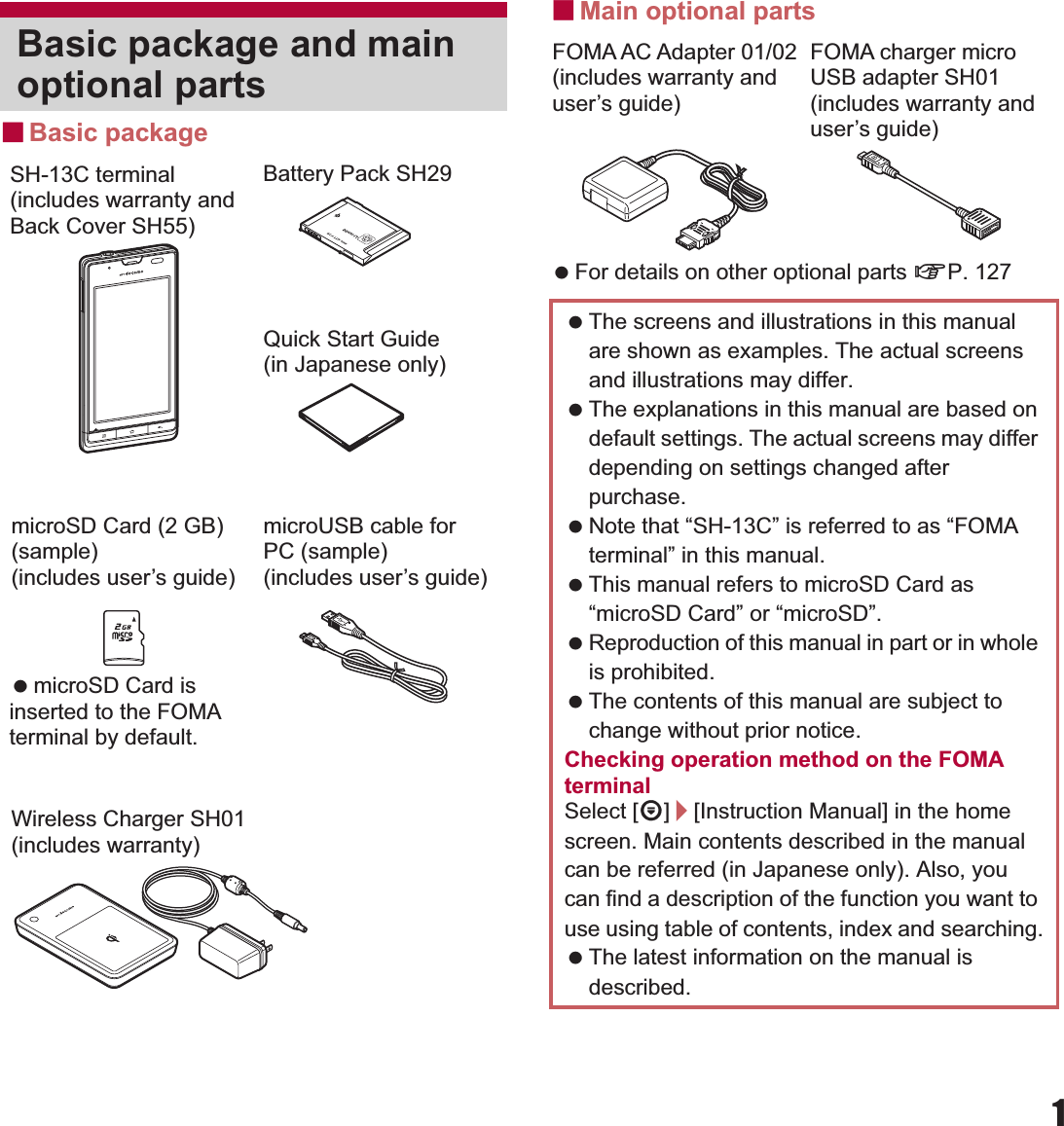 1ɡBasic packageɡMain optional parts For details on other optional parts nP. 127Basic package and main optional partsSH-13C terminal(includes warranty andBack Cover SH55)microSD Card (2 GB)(sample)(includes user’s guide)  microSD Card isinserted to the FOMAterminal by default.Wireless Charger SH01(includes warranty)Battery Pack SH29microUSB cable forPC (sample)(includes user’s guide)Quick Start Guide(in Japanese only) The screens and illustrations in this manual are shown as examples. The actual screens and illustrations may differ. The explanations in this manual are based on default settings. The actual screens may differ depending on settings changed after purchase. Note that “SH-13C” is referred to as “FOMA terminal” in this manual. This manual refers to microSD Card as “microSD Card” or “microSD”. Reproduction of this manual in part or in whole is prohibited. The contents of this manual are subject to change without prior notice.Checking operation method on the FOMA terminalSelect [R]/[Instruction Manual] in the home screen. Main contents described in the manual can be referred (in Japanese only). Also, you can find a description of the function you want to use using table of contents, index and searching. The latest information on the manual is described.FOMA AC Adapter 01/02(includes warranty and user’s guide)FOMA charger microUSB adapter SH01(includes warranty and user’s guide)