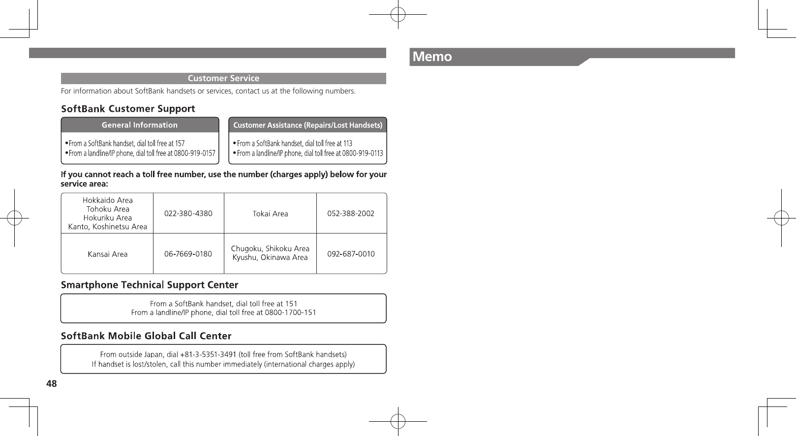 48MemoCustomer ServiceFor information about SoftBank handsets or services, contact us at the following numbers.