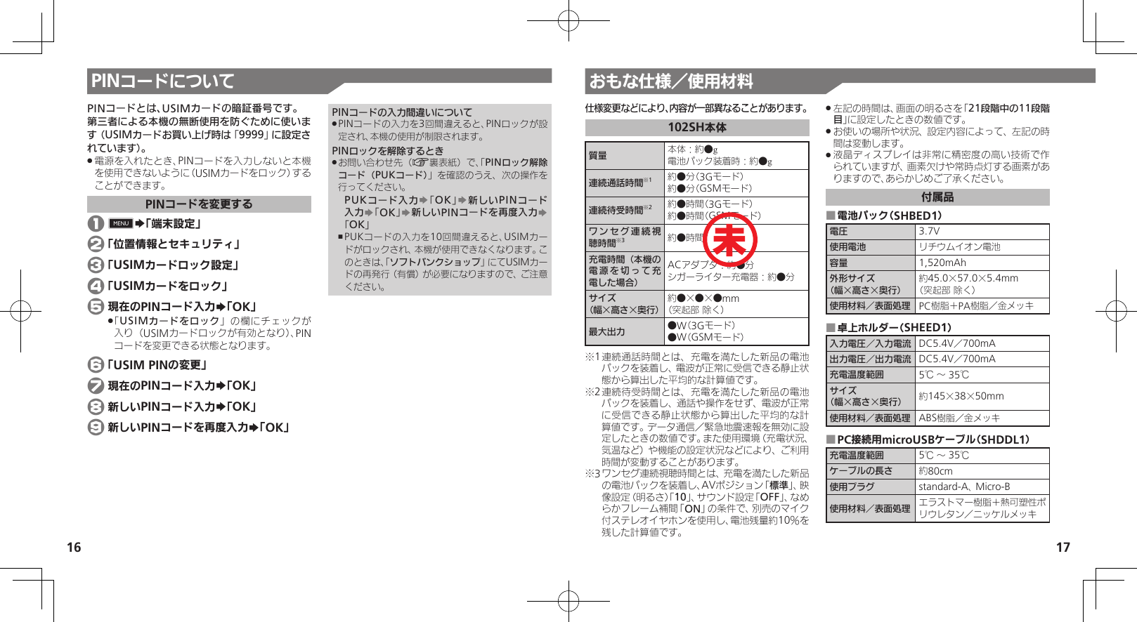 16 17おもな仕様／使用材料PINコードについて仕様変更などにより、内容が一部異なることがあります。102SH本体質量 本体：約●g電池パック装着時：約●g連続通話時間※1約●分（3Gモード）約●分（GSMモード）連続待受時間※2約●時間（3Gモード）約●時間（GSMモード）ワンセグ連続視聴時間※3約●時間充電時間（本機の電源を切って充電した場合）ACアダプタ：約●分シガーライター充電器：約●分サイズ（幅×高さ×奥行）約●×●×●mm（突起部 除く）最大出力 ●W（3Gモード）●W（GSMモード）※1 連続通話時間とは、充電を満たした新品の電池パックを装着し、電波が正常に受信できる静止状態から算出した平均的な計算値です。※2 連続待受時間とは、充電を満たした新品の電池パックを装着し、通話や操作をせず、電波が正常に受信できる静止状態から算出した平均的な計算値です。データ通信／緊急地震速報を無効に設定したときの数値です。また使用環境（充電状況、気温など）や機能の設定状況などにより、ご利用時間が変動することがあります。※3 ワンセグ連続視聴時間とは、充電を満たした新品の電池パックを装着し、AVポジション「標準」、映像設定（明るさ）「10」、サウンド設定「OFF」、なめらかフレーム補間「ON」の条件で、別売のマイク付ステレオイヤホンを使用し、電池残量約10％を残した計算値です。左記の時間は、画面の明るさを「 .21段階中の11段階目」に設定したときの数値です。お使いの場所や状況、設定内容によって、左記の時 .間は変動します。液晶ディスプレイは非常に精密度の高い技術で作 .られていますが、画素欠けや常時点灯する画素がありますので、あらかじめご了承ください。付属品電池パック（SHBED1） ■電圧 3.7V使用電池 リチウムイオン電池容量 1,520mAh外形サイズ（幅×高さ×奥行）約45.0×57.0×5.4mm（突起部 除く）使用材料／表面処理 PC樹脂＋PA樹脂／金メッキ卓上ホルダー（SHEED1） ■入力電圧／入力電流 DC5.4V／700mA出力電圧／出力電流 DC5.4V／700mA充電温度範囲 5℃ ～ 35℃サイズ（幅×高さ×奥行） 約145×38×50mm使用材料／表面処理 ABS樹脂／金メッキPC接続用microUSBケーブル（SHDDL1） ■充電温度範囲 5℃ ～ 35℃ケーブルの長さ 約80cm使用プラグ standard-A、 Micro-B使用材料／表面処理 エラストマー樹脂＋熱可塑性ポリウレタン／ニッケルメッキPINコードとは、USIMカードの暗証番号です。第三者による本機の無断使用を防ぐために使います（USIMカードお買い上げ時は「9999」に設定されています）。電源を入れたとき、PINコードを入力しないと本機 .を使用できないように（USIMカードをロック）することができます。PINコードを変更する 1 0S「端末設定」 2 「位置情報とセキュリティ」 3 「USIMカードロック設定」 4 「USIMカードをロック」 5 現在のPINコード入力S「OK」「 .USIMカードをロック」の欄にチェックが入り（USIMカードロックが有効となり）、PINコードを変更できる状態となります。 6 「USIM PINの変更」% 7 現在のPINコード入力S「OK」 8 新しいPINコード入力S「OK」 9 新しいPINコードを再度入力S「OK」PINコードの入力間違いについてPINコードの入力を3回間違えると、PINロックが設 .定され、本機の使用が制限されます。PINロックを解除するときお問い合わせ先（ .A裏表紙）で、「PINロック解除コード（PUKコード）」を確認のうえ、次の操作を行ってください。PUKコード入力S「OK」S新しいPINコード入力S「OK」S新しいPINコードを再度入力S「OK」PUKコードの入力を10回間違えると、USIMカー ,ドがロックされ、本機が使用できなくなります。このときは、「ソフトバンクショップ」にてUSIMカードの再発行（有償）が必要になりますので、ご注意ください。未