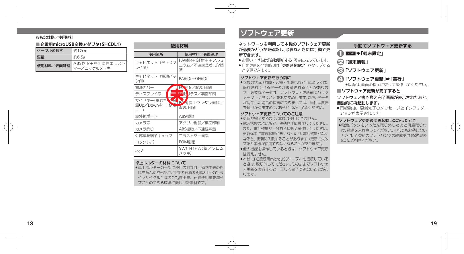 18 19おもな仕様／使用材料 ソフトウェア更新ネットワークを利用して本機のソフトウェア更新が必要かどうかを確認し、必要なときには手動で更新できます。お買い上げ時は「 .自動更新する」設定になっています。自動更新の開始時刻は「 .更新時刻設定」をタップすると変更できます。ソフトウェア更新を行う前に本機の状況（故障・破損・水濡れなど）によっては、 .保存されているデータが破棄されることがあります。必要なデータは、ソフトウェア更新前にバックアップしておくことをおすすめします。なお、データが消失した場合の損害につきましては、当社は責任を負いかねますので、あらかじめご了承ください。ソフトウェア更新についてのご注意更新が完了するまで、本機は使用できません。 .電波状態のよい所で、移動せずに操作してください。 .また、電池残量が十分ある状態で操作してください。更新途中に電波状態が悪くなったり、電池残量がなくなると、更新に失敗することがあります（更新に失敗すると本機が使用できなくなることがあります）。他の機能を操作しているときは、ソフトウェア更新 .は行えません。本機にPC接続用microUSBケーブルを接続している .ときは、取り外してください。そのままでソフトウェア更新を実行すると、正しく完了できないことがあります。手動でソフトウェア更新する 1 0S「端末設定」 2 「端末情報」 3 「ソフトウェア更新」 4 「ソフトウェア更新」S「実行」以降は、画面の指示に従って操作してください。 .ソフトウェア更新が完了すると ■ソフトウェア書き換え完了画面が表示されたあと、自動的に再起動します。再起動後、更新完了のメッセージとインフォメー .ションが表示されます。ソフトウェア更新後に再起動しなかったとき電池パックをいったん取り外したあと再度取り付 .け、電源を入れ直してください。それでも起動しないときは、ご契約のソフトバンクの故障受付（A裏表紙）にご相談ください。充電用microUSB変換アダプタ（SHCDL1） ■ケーブルの長さ 約12cm質量 約6.5g使用材料／表面処理 ABS樹脂＋熱可塑性エラストマー／ニッケルメッキ使用材料使用箇所 使用材料／表面処理キャビネット（ディスプレイ側）PA樹脂＋GF樹脂＋アルミニウム／不連続蒸着、UV塗装キャビネット（電池パック側） PA樹脂＋GF樹脂電池カバー PC樹脂／塗装、印刷ディスプレイ窓 強化ガラス／裏面印刷サイドキー（電源キー、音量Up／Downキー、検索キー）PC樹脂＋ウレタン樹脂／塗装、印刷赤外線ポート ABS樹脂カメラ窓 アクリル樹脂／裏面印刷カメラ飾り ABS樹脂／不連続蒸着外部接続端子キャップ エラストマー樹脂ロックレバー POM樹脂ネジ SWCH16A（鉄／クロムメッキ）卓上ホルダーの材料について卓上ホルダーの一部に使用の材料は、植物由来の樹 .脂を含んだ成形品で、従来の石油系樹脂と比べて、ライフサイクル全体のCO2排出量、石油使用量を減らすことのできる環境に優しい新素材です。未