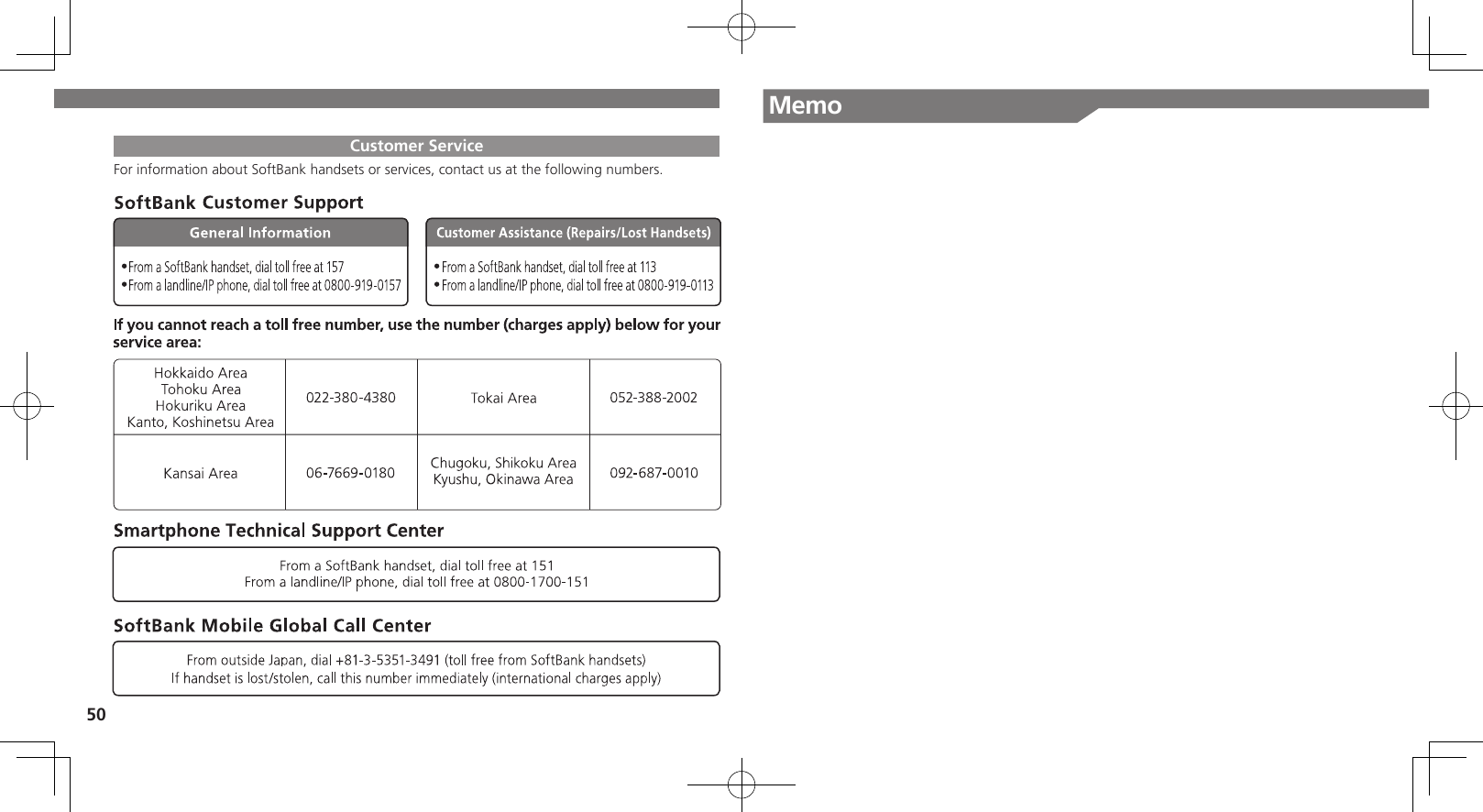 50MemoCustomer ServiceFor information about SoftBank handsets or services, contact us at the following numbers.