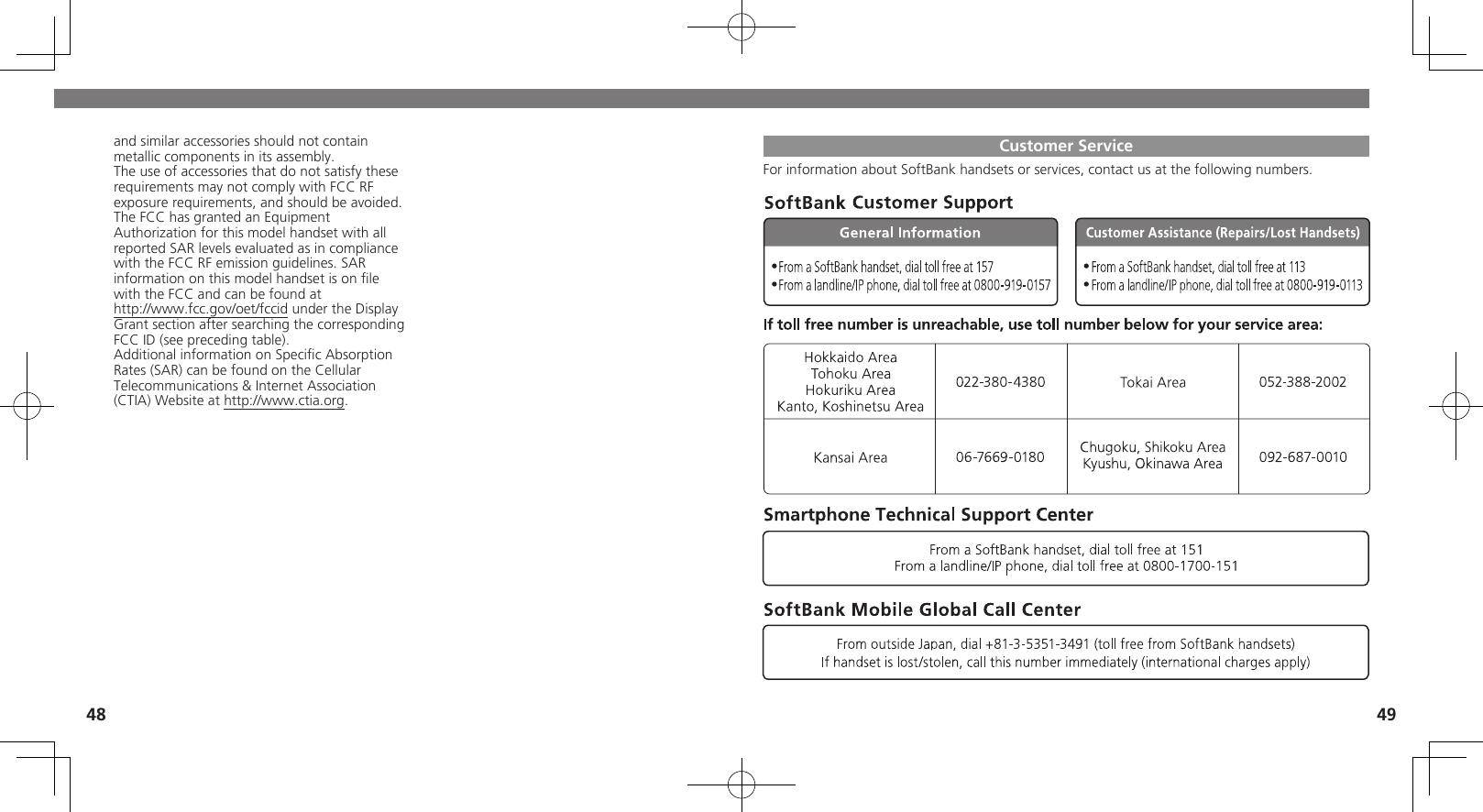 48 49and similar accessories should not contain metallic components in its assembly.The use of accessories that do not satisfy these requirements may not comply with FCC RF exposure requirements, and should be avoided.The FCC has granted an Equipment Authorization for this model handset with all reported SAR levels evaluated as in compliance with the FCC RF emission guidelines. SAR information on this model handset is on ﬁle with the FCC and can be found at  http://www.fcc.gov/oet/fccid under the Display  Grant section after searching the corresponding FCC ID (see preceding table).Additional information on Speciﬁc Absorption Rates (SAR) can be found on the Cellular Telecommunications &amp; Internet Association (CTIA) Website at http://www.ctia.org.Customer ServiceFor information about SoftBank handsets or services, contact us at the following numbers.