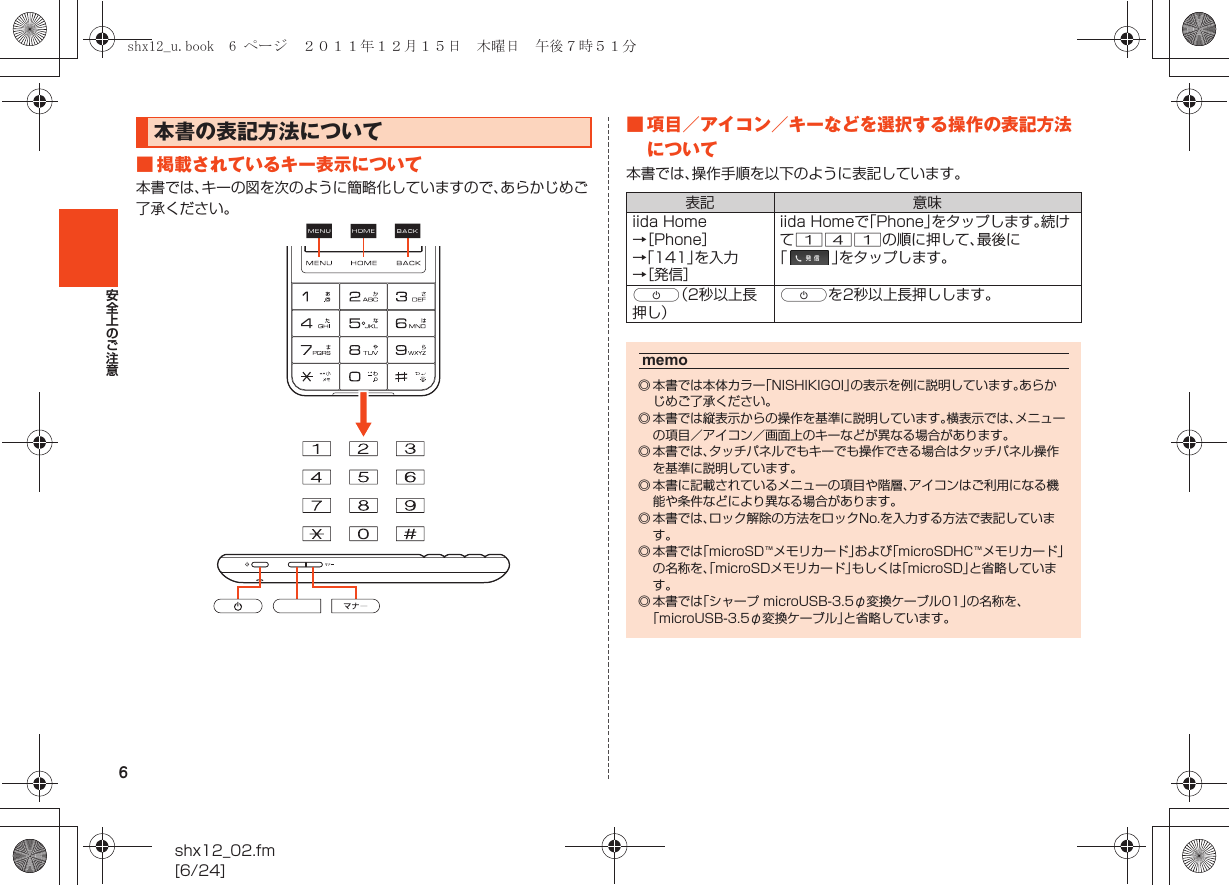 6shx12_02.fm[6/24]安全上のご注意■ 掲載されているキー表示について本書では、キーの図を次のように簡略化していますので、あらかじめご了承ください。■ 項目／アイコン／キーなどを選択する操作の表記方法について本書では、操作手順を以下のように表記しています。本書の表記方法について表記 意味iida Home→［Phone］→「141」を入力→［発信］iida Homeで「Phone」をタップします。続けて141の順に押して、最後に「」をタップします。f（2秒以上長押し）fを2秒以上長押しします。memo◎ 本書では本体カラー「NISHIKIGOI」の表示を例に説明しています。あらかじめご了承ください。 ◎ 本書では縦表示からの操作を基準に説明しています。横表示では、メニューの項目／アイコン／画面上のキーなどが異なる場合があります。◎ 本書では、タッチパネルでもキーでも操作できる場合はタッチパネル操作を基準に説明しています。◎ 本書に記載されているメニューの項目や階層、アイコンはご利用になる機能や条件などにより異なる場合があります。◎ 本書では、ロック解除の方法をロックNo.を入力する方法で表記しています。◎ 本書では「microSD™メモリカード」および「microSDHC™メモリカード」の名称を、「microSDメモリカード」もしくは「microSD」と省略しています。◎ 本書では「シャープ microUSB-3.5φ変換ケーブル01」の名称を、「microUSB-3.5φ変換ケーブル」と省略しています。shx12_u.book  6 ページ  ２０１１年１２月１５日　木曜日　午後７時５１分