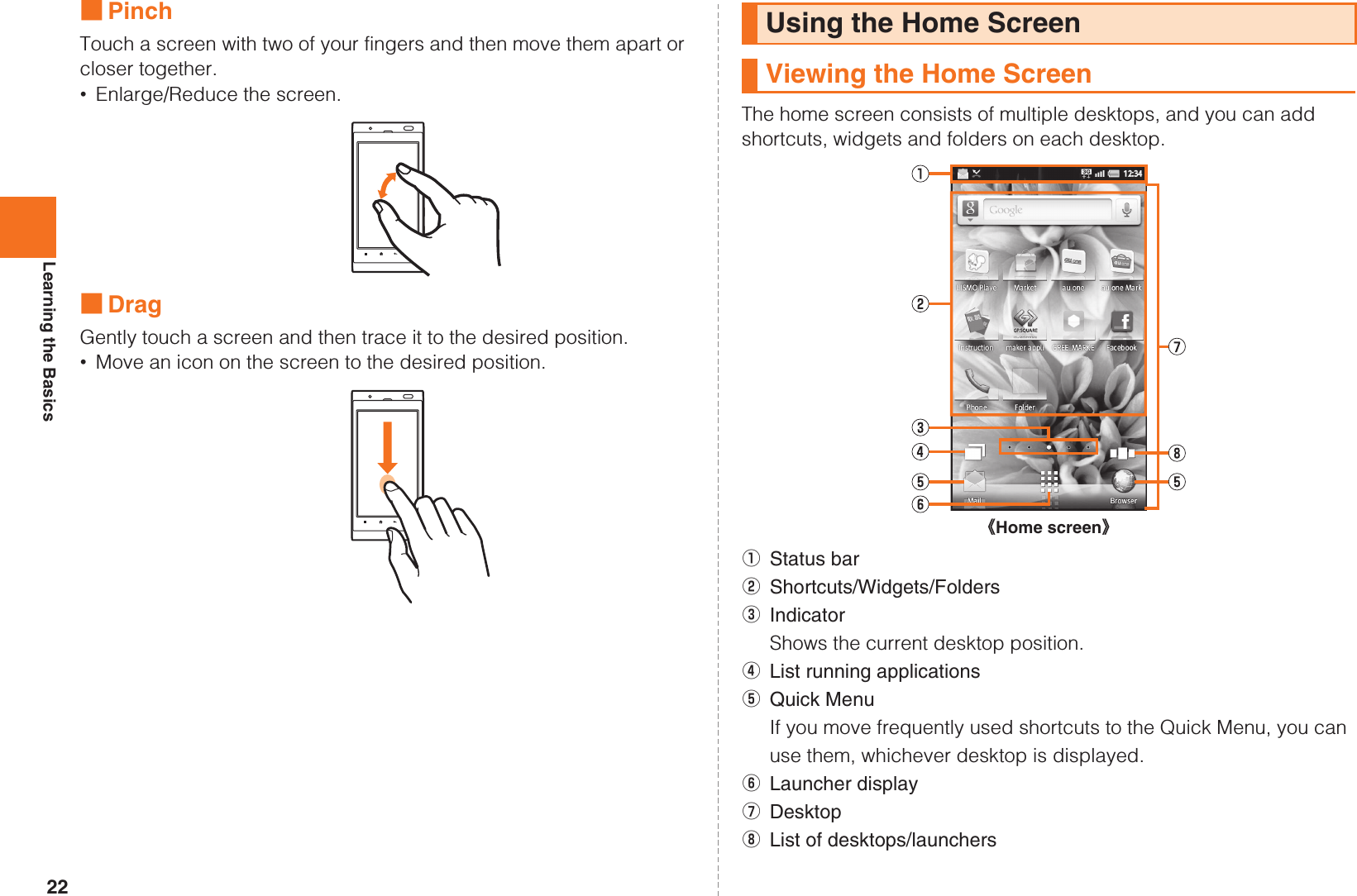 22Learning the Basics■PinchTouch a screen with two of your fingers and then move them apart or closer together.•Enlarge/Reduce the screen.■DragGently touch a screen and then trace it to the desired position.•Move an icon on the screen to the desired position.The home screen consists of multiple desktops, and you can add shortcuts, widgets and folders on each desktop.AStatus barBShortcuts/Widgets/FoldersCIndicatorShows the current desktop position.DList running applicationsEQuick MenuIf you move frequently used shortcuts to the Quick Menu, you can use them, whichever desktop is displayed.FLauncher displayGDesktopHList of desktops/launchersUsing the Home ScreenViewing the Home Screen《Home screen》KUUJAWGDQQMࡍ࡯ࠫ㧞㧜㧝㧝ᐕ㧝㧞᦬㧝ᣣޓᧁᦐᣣޓඦᓟ㧡ᤨ㧝㧥ಽ