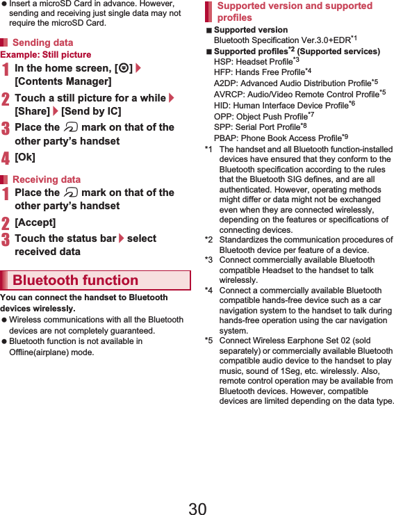 106 File Management Insert a microSD Card in advance. However, sending and receiving just single data may not require the microSD Card.Example: Still picture1In the home screen, [R]/[Contents Manager]2Touch a still picture for a while/[Share]/[Send by IC]3Place the a mark on that of the other party’s handset4[Ok]1Place the a mark on that of the other party’s handset2[Accept]3Touch the status bar/select received dataYou can connect the handset to Bluetooth devices wirelessly. Wireless communications with all the Bluetooth devices are not completely guaranteed. Bluetooth function is not available in Offline(airplane) mode.Supported versionBluetooth Specification Ver.3.0+EDR*1Supported profiles*2 (Supported services)HSP: Headset Profile*3HFP: Hands Free Profile*4A2DP: Advanced Audio Distribution Profile*5AVRCP: Audio/Video Remote Control Profile*5HID: Human Interface Device Profile*6OPP: Object Push Profile*7SPP: Serial Port Profile*8PBAP: Phone Book Access Profile*9*1 The handset and all Bluetooth function-installed devices have ensured that they conform to the Bluetooth specification according to the rules that the Bluetooth SIG defines, and are all authenticated. However, operating methods might differ or data might not be exchanged even when they are connected wirelessly, depending on the features or specifications of connecting devices.*2 Standardizes the communication procedures of Bluetooth device per feature of a device.*3 Connect commercially available Bluetooth compatible Headset to the handset to talk wirelessly.*4 Connect a commercially available Bluetooth compatible hands-free device such as a car navigation system to the handset to talk during hands-free operation using the car navigation system.*5 Connect Wireless Earphone Set 02 (sold separately) or commercially available Bluetooth compatible audio device to the handset to play music, sound of 1Seg, etc. wirelessly. Also, remote control operation may be available from Bluetooth devices. However, compatible devices are limited depending on the data type.Sending dataReceiving dataBluetooth functionSupported version and supported profiles30