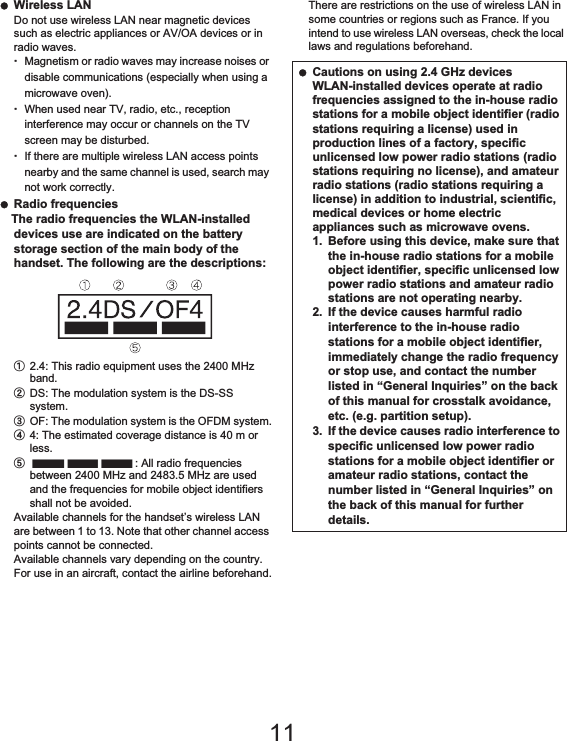 20 Contents/Precautions Wireless LANDo not use wireless LAN near magnetic devices such as electric appliances or AV/OA devices or in radio waves.ƦMagnetism or radio waves may increase noises or disable communications (especially when using a microwave oven).ƦWhen used near TV, radio, etc., reception interference may occur or channels on the TV screen may be disturbed.ƦIf there are multiple wireless LAN access points nearby and the same channel is used, search may not work correctly. Radio frequenciesThe radio frequencies the WLAN-installed devices use are indicated on the battery storage section of the main body of the handset. The following are the descriptions:ӱ2.4: This radio equipment uses the 2400 MHz band.ӲDS: The modulation system is the DS-SS system.ӳOF: The modulation system is the OFDM system.Ӵ4: The estimated coverage distance is 40 m or less.ӵ: All radio frequencies between 2400 MHz and 2483.5 MHz are used and the frequencies for mobile object identifiers shall not be avoided.Available channels for the handset’s wireless LAN are between 1 to 13. Note that other channel access points cannot be connected.Available channels vary depending on the country.For use in an aircraft, contact the airline beforehand.There are restrictions on the use of wireless LAN in some countries or regions such as France. If you intend to use wireless LAN overseas, check the local laws and regulations beforehand. Cautions on using 2.4 GHz devicesWLAN-installed devices operate at radio frequencies assigned to the in-house radio stations for a mobile object identifier (radio stations requiring a license) used in production lines of a factory, specific unlicensed low power radio stations (radio stations requiring no license), and amateur radio stations (radio stations requiring a license) in addition to industrial, scientific, medical devices or home electric appliances such as microwave ovens.1. Before using this device, make sure that the in-house radio stations for a mobile object identifier, specific unlicensed low power radio stations and amateur radio stations are not operating nearby.2. If the device causes harmful radio interference to the in-house radio stations for a mobile object identifier, immediately change the radio frequency or stop use, and contact the number listed in “General Inquiries” on the back of this manual for crosstalk avoidance, etc. (e.g. partition setup).3. If the device causes radio interference to specific unlicensed low power radio stations for a mobile object identifier or amateur radio stations, contact the number listed in “General Inquiries” on the back of this manual for further details.11