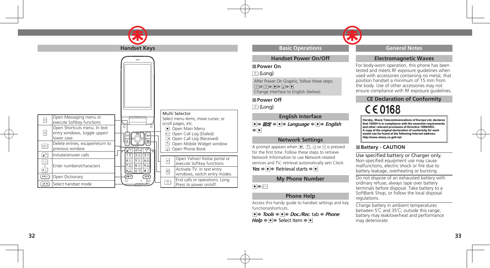 3233Handset KeysBOpen Messaging menu or execute Softkey functions&apos;Open Shortcuts menu. In text entry windows, toggle upper/lower case.$Delete entries, escape/return to previous window!Initiate/answer calls1|#Enter numbers/characters~Open Dictionary)Select handset modeMulti SelectorSelect menu items, move cursor, or scroll pages, etc. %: Open Main Menuc: Open Call Log (Dialed)d: Open Call Log (Received)a: Open Mobile Widget windowb: Open Phone BookAOpen Yahoo! Keitai portal or execute Softkey functions&amp;Activate TV. In text entrywindows, switch entry modes.&quot;End calls or operations. LongPress to power on/off.Basic OperationsHandset Power On/OffPower On ■&quot; (Long)After Power On Graphic, follow these steps:&quot;S&quot;S%SbS%Change interface to English (below).Power Off ■&quot; (Long)English Interface%S 設定 S%S Language S%S English S%Network SettingsA prompt appears when %, a, B or A is pressed for the ﬁrst time. Follow these steps to retrieve Network Information to use Network-related services and TV; retrieval automatically sets Clock:Yes S%S Retrieval starts S%My Phone Number%S0 Phone HelpAccess this handy guide to handset settings and key functions/shortcuts.%S Tools S%S Doc./Rec. tab S Phone Help S%S Select item S%General NotesElectromagnetic WavesFor body-worn operation, this phone has been tested and meets RF exposure guidelines when used with accessories containing no metal, that position handset a minimum of 15 mm from the body. Use of other accessories may not ensure compliance with RF exposure guidelines.CE Declaration of ConformityHereby, Sharp Telecommunications of Europe Ltd, declaresthat 105SH is in compliance with the essential requirements and other relevant provisions of Directive 1999/5/EC.A copy of the original declaration of conformity for each model can be found at the following Internet address:http://www.sharp.co.jp/k-tai/Battery - CAUTION ■Use speciﬁed battery or Charger only.Non-speciﬁed equipment use may cause malfunctions, electric shock or ﬁre due to battery leakage, overheating or bursting.Do not dispose of an exhausted battery with ordinary refuse; always tape over battery terminals before disposal. Take battery to a SoftBank Shop, or follow the local disposal regulations.Charge battery in ambient temperatures between 5℃ and 35℃; outside this range, battery may leak/overheat and performance may deteriorate.未 未